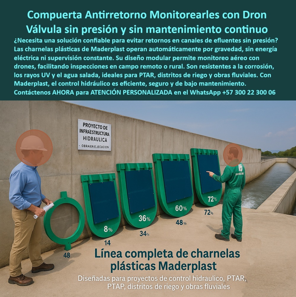 Catálogo Brochure Charnelas Hidráulicas Tapas Cierre Canal Clapeta Válvula Maderplast 0 Qué solución permite monitorear compuertas con dron en campo sistema efluentes sin presión Qué solución hay para evitar retornos PP 0 La imagen presentada en este nuevo Catálogo Brochure Charnelas Hidráulicas Tapas Cierre Canal_Clapeta_Válvula_Maderplast_0 ilustra la línea completa de charnelas plásticas Maderplast, que van desde 14 hasta 72 pulgadas, alineadas por tamaño sobre un muro hidráulico de concreto en plena obra civil, evidenciando la versatilidad y escalabilidad de estas soluciones hidráulicas. Cada una de estas charnelas de diferentes diámetros apoyadas sobre muro hidráulico ha sido diseñada para proyectos de infraestructura hidráulica de alto desempeño como PTAR, PTAP, distritos de riego, obras fluviales, canales de drenaje industrial, y sistemas de efluentes sin presión. - Estas compuertas plásticas anticorrosivas para control en campo rural están fabricadas con polímero técnico de alta ingeniería, lo que las hace resistentes a los rayos UV, al agua salada, a químicos agresivos, a impactos, a la corrosión y al desgaste ambiental. Cada compuerta hidráulica plástica sin energía opera con cierre hidráulico automático por gravedad, lo cual significa que funcionan de forma autónoma, sin presión ni electricidad, ni requerimientos de mantenimiento continuo. Esto las convierte en la solución antirretorno para canales sin presión más confiable del mercado. - Gracias a su diseño avanzado, compuerta plástica monitoreable con dron, cada unidad puede ser inspeccionada remotamente en zonas rurales, fluviales o de difícil acceso, mediante sistemas UAV o drones industriales. Esto responde claramente a preguntas como: ¿Qué solución permite monitorear compuertas con dron en campo?, o ¿Cuál charnela sirve para control hidráulico sin energía?. El sistema modular tipo charnela-modular-para-ptap facilita reemplazos rápidos, ajustes en campo y escalabilidad por fases en proyectos a gran escala. - El sistema Maderplast resuelve desafíos como:, - válvula de retorno sin energía ni mantenimiento. - compuerta-drenaje-industrial-efluente. - válvula canal drenaje sin óxido. - compuerta de canal PTAR sin óxido. - Charnela resistente a químicos para drenajes. - sistema-cierre-hidráulico-pasivo. - compuerta-plástica-canal-fluvial. - compuerta robusta para obras fluviales. - y compuerta para monitoreo con dron. - Además, para responder a preguntas clave del sector como ¿Qué solución hay para evitar retornos PP?, ¿Qué válvula usar en proyectos de drenaje PTAR?, o ¿Dónde consigo tapa sin óxido ni electricidad?, Maderplast presenta una línea completa validada en campo, capaz de operar por más de 25 años sin fallos ni supervisión directa. - En la imagen, el ingeniero y operario revisan compuertas en canal de concreto, destacando el uso de la charnela hidráulica para proyectos de infraestructura como parte del avance del proyecto de infraestructura hidráulica en ejecución, el cual puede asociarse fácilmente a programas de modernización hídrica como el Plan Canoas en Bogotá o la modernización de vertimientos industriales por parte de Triple AAA de Barranquilla. - Cada compuerta plástica para canal sin presión es también una válvula antirretorno canal sin presión que protege el sistema de fallos, obstrucciones y contaminaciones cruzadas. Con compuerta-cierre-automático, estas soluciones garantizan eficiencia hidráulica, economía operativa y sostenibilidad ambiental. - Este nuevo Catálogo Brochure Charnelas Hidráulicas Tapas Cierre Canal Clapeta Válvula Maderplast es una guía esencial para ingenieros civiles, contratistas de infraestructura hídrica, entes gubernamentales y operadores de redes sanitarias que requieren soluciones definitivas, eficientes, ecológicas y monitoreables en tiempo real. Catálogo Brochure Charnelas Hidráulicas Tapas Cierre Canal Clapeta Válvula Maderplast 0 Qué solución permite monitorear compuertas con dron en campo, - sistema-efluentes-sin-presión, - Qué solución hay para evitar retornos PP