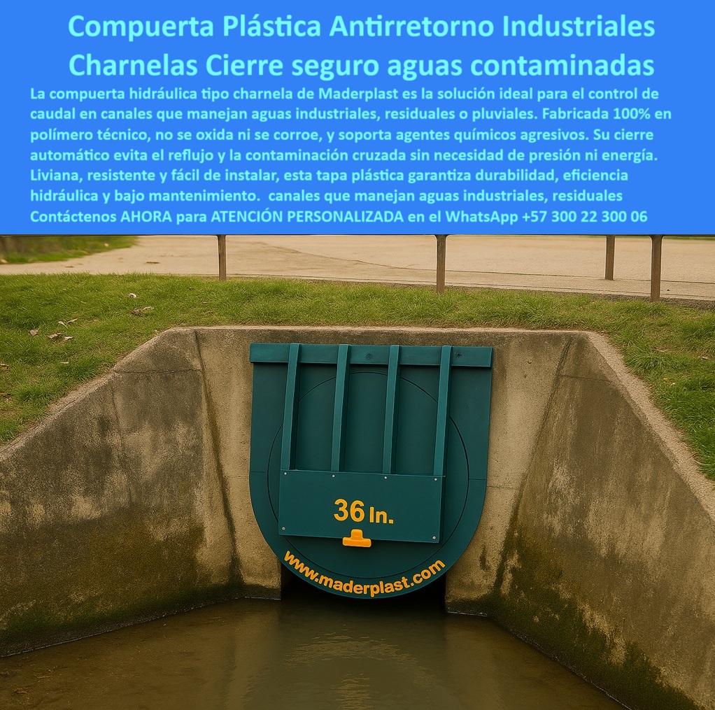 Charnela Hidráulica Para Control De Caudal En Ríos Charnelas Antiretorno Maderplast 0 sistema de retención plástica en canal con aguas industriales tapas plásticas canales hidráulicos compuerta hidráulica plásticas ptar 01 La compuerta plástica tipo charnela Maderplast de 36 pulgadas representa una solución técnica ideal para el control de caudal en canales que manejan aguas industriales, residuales o químicamente agresivas, combinando tecnología avanzada con sostenibilidad real. Esta imagen muestra una charnela hidráulica para control de caudal en ríos, perfectamente integrada en un canal urbano con estructura de concreto, operando sin fallos, sin presión y sin energía. - Diseñada y fabricada en polímero técnico reforzado 100% anticorrosivo, esta válvula es capaz de soportar entornos de alto riesgo: desde líquidos contaminados hasta presencia constante de químicos agresivos, salinidad, rayos UV y sólidos flotantes. Es la mejor elección cuando se requiere una válvula sin energía canal de proceso, o una compuerta hidráulica plástica PTAR que garantice desempeño continuo sin mantenimiento. - El sistema de retención plástica en canal con aguas industriales requiere soluciones confiables, y Maderplast responde con productos que no se oxidan, no se corroen, no fallan y no contaminan. El cierre hermético automático por gravedad de esta charnela impide el reflujo y contaminación cruzada, evitando que aguas sucias o tóxicas regresen a zonas sensibles del sistema hidráulico. Además, al ser liviana y fácil de manipular, su instalación en muros de concreto es rápida, segura y sin maquinaria especializada. - Esta charnela verde rotulada de canal industrial opera como una válvula de cierre automático para canal industrial, sin partes metálicas, garantizando operación ecológica. Es una compuerta ecológica para canal urbano con compuerta de polímero para agua de proceso, que también se adapta perfectamente a tapas plásticas canales hidráulicos, incluyendo tapa plástica hidráulica para PTAR industrial o tapa antirretorno plástica de 36 pulgadas en concreto. - Su aplicación es amplia: desde obras PTAR y sistemas sanitarios hasta canales contaminados, alcantarillado industrial, desagües de plantas químicas o redes de recolección de residuos líquidos. Este tipo de válvula actúa como un sistema antirretorno para canal contaminado, bloqueando el paso inverso sin fallas, y se convierte en la herramienta perfecta para quienes buscan una válvula inteligente sin oxidación ni corrosión, capaz de soportar condiciones extremas sin mantenimiento constante. - Por eso, cuando un ingeniero se pregunta ¿cuál válvula resiste químicos y no se oxida?, la respuesta es clara: la compuerta hidráulica plástica para aguas industriales Maderplast, una válvula sin mantenimiento para aguas residuales, diseñada con precisión, probada en campo y respaldada por más de 25 años de experiencia en soluciones hidráulicas innovadoras. - Ya sea que se necesite una válvula de reflujo para canal industrial, una compuerta plástica tipo charnela para canal industrial, una compuerta rotulada para canal concreto, o una tapa plástica resistente a químicos, Maderplast tiene el sistema más confiable y duradero. Aquí no hablamos de teorías, sino de tecnología real funcionando en canales reales. - Esta es la solución definitiva cuando se buscan: compuerta hidráulica plástica de 36 pulgadas, válvula-hidráulica-sin-presión-canal, charnela-de-plástico-para-aguas-negras, compuerta-ecológica-para-canal-urbano, compuerta-antirretorno-industrial-plástica, o válvula de control en canal de aguas contaminadas. Maderplast es confianza certificada en obras hidráulicas de alta exigencia, donde el error no es opción. Charnela Hidráulica Para Control De Caudal En Ríos Charnelas Antiretorno Maderplast 0 sistema de retención plástica en canal con aguas industriales, - tapas plásticas canales hidráulicos, - compuerta hidráulica plásticas  ptar