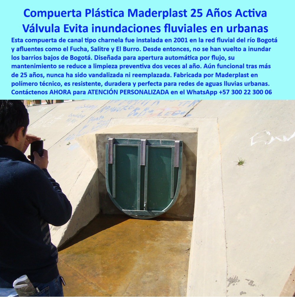 Charnela Para Canales Anti Retorno Instalación Charnelas Anti Inundaciones Maderplast 0 compuerta de canal para aguas lluvias válvula apertura automática por flujo compuerta de inspección para redes fluviales urbanas Mar 01 La imagen muestra la compuerta charnela número 77, instalada en 2001 en el canal fluvial del río Fucha, Bogotá. Esta válvula hidráulica plástica tipo charnela fue diseñada para evitar el reflujo de aguas lluvia y ha protegido por más de 20 años a los barrios aledaños de inundaciones. Su estructura está empotrada en concreto inclinado y cuenta con doble tapa plástica resistente, diseñada para cerrarse automáticamente ante el retorno del caudal, sin usar energía. La persona en la imagen documenta su excelente estado de conservación después de décadas de uso continuo. Fabricada por Maderplast en polímero técnico, es liviana, no se oxida, y soporta condiciones urbanas extremas. Maderplast ha desarrollado esta solución con tecnología de bajo mantenimiento, ideal para redes pluviales y drenajes en zonas vulnerables. La charnela 77 sigue operativa y es evidencia real de eficiencia hidráulica urbana a largo plazo. - tapa plástica para canal de agua lluvia sin óxido, - tapa de canal urbana con sello hidráulico, - tapa plástica hidráulica urbana vista frontal en canal, - ¿Qué usar para evitar el reflujo en canaletas?, - compuerta hidráulica de charnela para canal urbano, - charnela-urbana-hidráulica, - compuerta de canal con más de 20 años de uso, - válvula-hidráulica-urbana, - solución hidráulica para barrios propensos a inundaciones, - compuerta plástica en sistema pluvial, - charnela con diseño antigraffiti e instalación fija, - válvula plástica antirretorno para canales pluviales, - válvula verde rectangular empotrada en concreto con charnela, - solución plástica para retorno de agua lluvia, - tapa-para-control-de-reflujo, - compuerta para canal de concreto inclinado, - ¿Cuál compuerta es buena para aguas lluvias?, - charnela para evitar inundaciones por retorno, - válvula automática sin mantenimiento para drenajes, - válvula sin óxido para red fluvial, - ¿Qué válvula evita inundaciones en canales urbanos?, - control-de-agua-en-barrios, - válvula sin electricidad para redes pluviales, - compuerta tipo charnela para control fluvial urbano, - compuerta-plástica-de-inspección, - válvula urbana de alta durabilidad comprobada, - tapa canal sin mantenimiento con sello hermético, - charnela con apertura automática por caudal, - sistema-para-canales-concreto, - válvula para redes hidráulicas municipales, - válvula-antirretorno-pluvial, - sistema pluvial urbano sin riesgo de reflujos, - compuerta con sello hermético en sistema pluvial, - compuerta de drenaje para lluvias intensas, - compuerta sin operadores para control de caudal urbano, - válvula doble abatible para control hídrico, - charnela urbana para retorno cero, - tapa plástica antirretorno en canal concreto, - ¿Qué compuerta sirve para lluvias en barrios?, - sistema-pluvial-antirretorno, - persona toma foto a válvula instalada en drenaje urbano, - compuerta-doble-para-drenaje, - compuerta urbana de inspección para lluvias, - ¿Dónde compro válvulas antirretorno sin energía?, - tapa para canaleta urbana con apertura hidráulica, - compuerta fluvial urbana para aguas lluvia, - válvula automática sin mantenimiento visible, - sistema antirretorno sin energía para canales urbanos, - compuerta hidráulica para aguas lluvia en ciudad, - compuerta segura para sistemas fluviales urbanos, - compuerta abatible compacta para control de agua, - compuerta-para-agua-lluvia, - válvula sin óxido ni corrosión para canales, - compuerta liviana para canales inclinados, - compuerta plástica doble instalada en canal urbano inclinado Charnela Para Canales Anti Retorno Instalación Charnelas Anti Inundaciones Maderplast 0 compuerta de canal para aguas lluvias, - válvula apertura automática por flujo, - compuerta de inspección para redes fluviales urbanas Mar