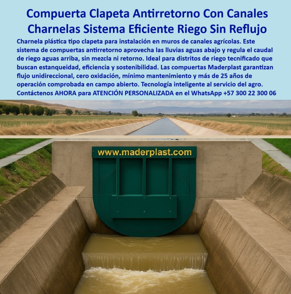 Charnela Para Control De Caudal En Ríos Canales De Riego Antiretorno Maderplast 0 charnela plástica anti inundación para válvula contra reflujo de agua tapa de canal agrícola instalar compuerta tipo clapeta en muro canal 01 La imagen presenta la Compuerta Clapeta Antirretorno Con Canales, una solución hidráulica de Maderplast que representa el estándar más alto en charnelas sistema eficiente riego sin reflujo. Esta charnela plástica tipo clapeta ha sido diseñada para instalar compuerta tipo clapeta en muro canal con facilidad, precisión y durabilidad comprobada. Su aplicación es ideal en canales agrícolas y sistemas de riego tecnificado donde se requiere un flujo unidireccional agrícola libre de contaminación por retornos indeseados. - La compuerta plástica antirretorno se activa por presión y caudal, permitiendo que el agua fluya sin retorno, sin mezcla, garantizando estanqueidad, sostenibilidad y eficiencia. Este sistema de compuertas antirretorno canales no solo protege los cultivos, sino que aprovecha lluvias aguas abajo y regula caudal de riego aguas arriba, haciendo de esta tecnología una solución para pérdidas de agua y control eficiente del recurso hídrico. - Su fabricación en polímero técnico de alto rendimiento permite una operación sin mezcla ni retorno de agua, con cero oxidación y mínimo mantenimiento. En la práctica, estas compuertas clapeta antirretorno tienen una operación comprobada campo abierto de más de 25 años, incluso en entornos exigentes como distritos riego tecnificado o canales expuestos a la intemperie. - Preguntas frecuentes que resuelve esta tecnología:, - ¿Necesito una válvula contra reflujo de agua para ríos y canales de riego, cuál es la ideal?, - ¿Qué compuerta antirretorno aprovecha lluvias para riego sin reflujo?, - ¿Cómo regular el caudal de riego aguas arriba sin mezcla ni retorno de agua?, - ¿Cuál es la mejor tapa de canal agrícola para instalar en muro sin mantenimiento?, - La respuesta está aquí: una tapa de canal agrícola inteligente, fabricada por Maderplast, que garantiza un flujo unidireccional cero oxidación, una verdadera tecnología-inteligente-hidráulica al servicio del agro. Esta charnela plástica anti inundación para válvula contra reflujo de agua está diseñada para asegurar el control completo en canales de distribución hídrica. Ya sea en obras nuevas o modernización de sistemas, la instalación de esta solución permite cumplir con todos los estándares de infraestructura agrícola eficiente y sostenible. - La compuerta de polímero duradera no se oxida, no requiere energía, y su mantenimiento es casi nulo, por eso se posiciona como el mejor sistema de sostenibilidad hidráulica agrícola. Cada charnela puede ser fabricada a la medida, instalada con precisión en el canal, y ofrece una respuesta técnica comprobada ante los desafíos de taponamiento, contaminación cruzada y pérdida de caudal por retorno. - ¿Dónde se usa? En distritos-riego-tecnificado, canales abiertos, sistemas de control fluvial, zonas rurales y agrícolas con enfoque en la optimización del recurso agua. Gracias a su desempeño superior, esta válvula es perfecta para aquellos que buscan estanqueidad, eficiencia y mínimo mantenimiento. - La respuesta de Maderplast es clara:, - “Compuertas que garantizan estanqueidad, eficiencia y más de 25 años de operación, sin energía externa, sin oxidación, sin reflujo.”, - Si lo que necesita es un sistema de riego con bajo costo operativo, mínimo mantenimiento 25 años, control total del flujo y compatibilidad con entornos agrícolas modernos, la Charnela Para Control De Caudal En Ríos Canales De Riego Antiretorno Maderplast es la mejor inversión. Además, su diseño robusto y ecológico permite una instalación confiable y segura en canales de riego antirretorno que requieren una solución hidráulica de largo plazo. - Para aquellos que buscan lo mejor en tecnología inteligente agro, esta compuerta-clapeta-antirretorno representa una fusión entre innovación, resistencia, y resultados reales. Maderplast responde con compuertas antirretorno sin mezcla ni retorno, probadas, confiables y fabricadas para durar. Charnela Para Control De Caudal En Ríos Canales De Riego Antiretorno Maderplast 0 charnela plástica anti inundación para válvula contra reflujo de agua, - tapa de canal agrícola, - instalar compuerta tipo clapeta en muro canal