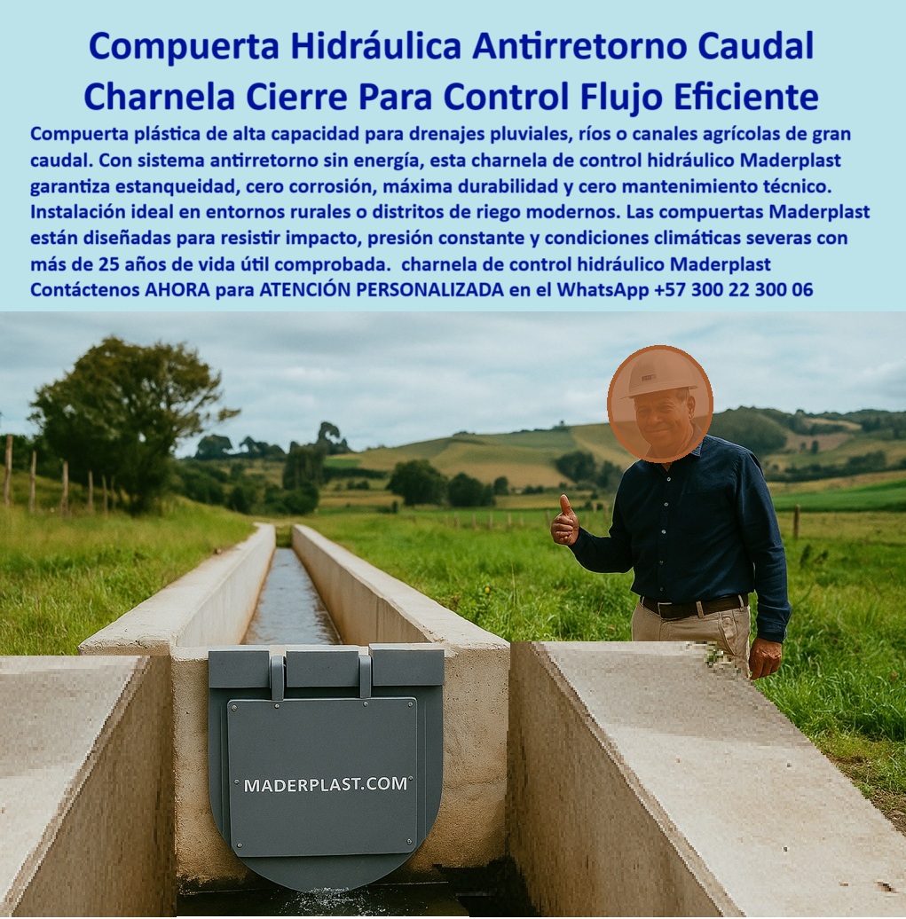 Charnela Para Control De Caudal En Ríos Canales De Riego Antiretorno Maderplast 0 compuerta antirretorno para drenaje pluvial de gran caudal compuerta de control hidráulico Charnela plástica para control de fluidos canal 01 La charnela plástica para canal de riego agrícola Maderplast, instalada en esta obra hidráulica rural, representa la solución moderna, eficiente y ecológica para el control de caudal en canales agrícolas, distritos de riego, obras pluviales rurales y sistemas de conducción de agua por gravedad. Esta compuerta hidráulica antirretorno para drenaje pluvial de gran caudal está fabricada 100% en plástico técnico reforzado, libre de óxido, sin partes metálicas y con un sistema de cierre automático sin energía, lo que permite un funcionamiento continuo, sin presión ni mantenimiento, durante más de 25 años. - En la imagen se evidencia una charnela rotulada de cierre pasivo agrícola perfectamente instalada en un canal agrícola de concreto, lista para actuar como compuerta de control de caudal pluvial rural, gestionando de manera autónoma el paso del agua y evitando retornos contaminantes o incontrolables. Su diseño de válvula plástica resistente a intemperie rural soporta condiciones de campo severas, exposición solar directa, cambios de temperatura, impacto hidráulico, sedimentos y flotantes, todo sin alteración estructural ni pérdida de sellado. - Es una solución ideal para quienes se preguntan ¿cómo controlar caudal en canal agrícola?, ¿cuál compuerta sirve para riego en canal agrícola? o ¿qué charnela usar en distritos de riego?. Maderplast responde con esta compuerta-de-plástico-para-riego, también conocida como compuerta-antirretorno-para-riego, válvula de control sin energía, o sistema pasivo de control en canales agrícolas, adaptada para operar con flujos irregulares y sin necesidad de presión. - La charnela para control de caudal en ríos canales de riego antiretorno Maderplast incorpora ingeniería de alta eficiencia hidráulica, permitiendo un flujo unidireccional controlado y seguro. Actúa como válvula de cierre hermético canal agrícola, evitando pérdida de recurso hídrico y previniendo contaminación cruzada entre tramos. Gracias a su peso liviano, puede instalarse en campo sin maquinaria especializada, acelerando los tiempos de obra y reduciendo costos significativamente. - Además, cumple perfectamente funciones de compuerta hidráulica para fluidos no presurizados, ideal para canales parcelarios, riego por gravedad, infraestructura de riego rural sostenible y zonas de cultivo con drenaje pluvial controlado. Es una válvula-hidráulica-agricultura-sostenible, adaptada a la realidad del campo colombiano y latinoamericano. - Esta compuerta hidráulica operando en canal abierto también es altamente visible gracias a su rotulación técnica, útil en procesos de inspección rural, identificación de puntos de cierre y trazabilidad en proyectos públicos o privados. En resumen, con Maderplast se accede a la compuerta-para-obras-de-riego-agrícola más avanzada del mercado, con el respaldo de un fabricante que entiende la ingeniería del agro. - Confíe en Maderplast, líder en charnela de control hidráulico Maderplast para proyectos rurales con exigencia técnica. Diseñamos, fabricamos y personalizamos cada tapa de canal con control hidráulico eficiente según plano, necesidad o requerimiento local. Con más de dos décadas en campo, nuestros productos han demostrado ser la mejor alternativa en sistema-hidráulico-para-zona-agrícola, libre de fallas, libre de corrosión y libre de preocupaciones. Charnela Para Control De Caudal En Ríos Canales De Riego Antiretorno Maderplast 0 compuerta antirretorno para drenaje pluvial de gran caudal, - compuerta-de-control-hidráulico, - Charnela plástica para control de fluidos canal