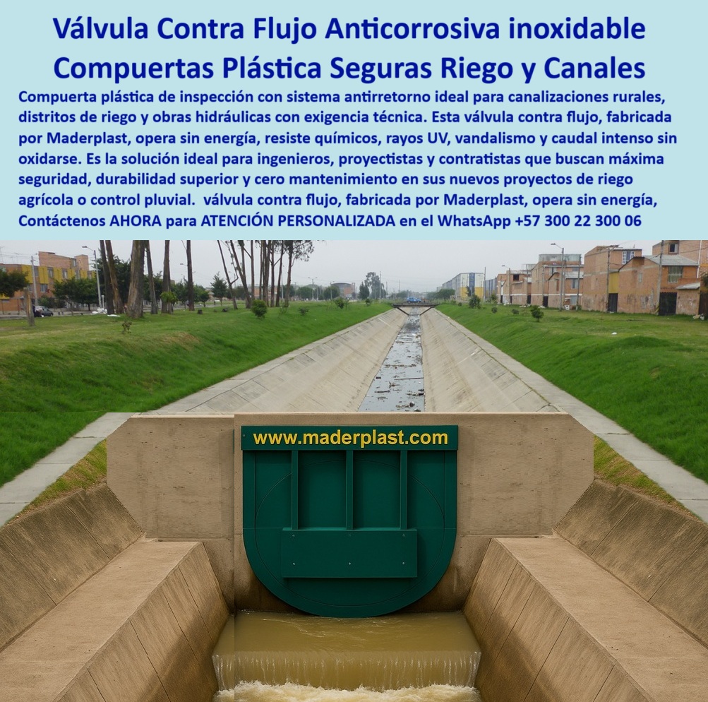 Charnela Para Control De Caudal En Ríos Canales De Riego Antiretorno Maderplast 0 compuerta plástica de revisión instalada en obras rurales Dónde consigo compuertas anticorrosivas riego agrícola válvula contra flujo Mar 01 La imagen muestra una compuerta plástica verde instalada en canal urbano abierto, específicamente una charnela para control de caudal en ríos y canales de riego antiretorno, fabricada por Maderplast con polímero tecnológico de alta resistencia. Esta válvula contra flujo anticorrosiva inoxidable funciona como un sistema pasivo que opera sin energía, sin presión y sin mantenimiento, cerrando automáticamente para evitar el retorno de agua contaminada hacia aguas limpias, zonas agrícolas o redes pluviales urbanas. Es una compuerta plástica de revisión instalada en obras rurales que responde a las exigencias técnicas de ingenieros, contratistas y proyectistas que buscan una solución duradera, segura, funcional y adaptable a condiciones hidráulicas variables. - Fabricada con material polimérico que no se oxida, esta válvula-polímero-tecnológico está diseñada para resistir caudales intensos, químicos, rayos UV, vandalismo y condiciones atmosféricas extremas sin perder eficiencia. Su estructura sin acero la convierte en una compuerta sin acero para obras sanitarias, ideal para zonas donde se requiere seguridad sanitaria y estabilidad operativa. Esta válvula plástica canal sin presión actúa como compuerta pasiva de control al activarse solo cuando hay inversión del flujo, funcionando 24/7 sin necesidad de supervisión mecánica o eléctrica. Por eso, es ampliamente utilizada en canalización agrícola, distritos de riego, obras rurales de control pluvial, y canales de concreto municipales, donde la eficiencia y la autonomía operativa son clave. - El diseño empotrado asegura una instalación sólida que minimiza el riesgo de desprendimientos y mejora la hidráulica interna. Esta compuerta contra flujo canal también destaca por su estructura liviana pero robusta, permitiendo que sea fácilmente manipulada en obra y al mismo tiempo resistente a impactos, sedimentos y presión hidrodinámica. Su aplicación como válvula sin energía para riego urbano y compuerta pluvial segura ha demostrado ser ideal tanto en sistemas de drenaje urbano como en infraestructuras de expansión agrícola, donde se necesita una válvula técnica anticorrosiva en polímero capaz de integrarse a largo plazo con el entorno. - Esta solución es recomendada como compuerta de revisión operativa en canal de riego y también como válvula ecológica para proyectos rurales, gracias a su eficiencia hidráulica, su nula necesidad de intervención humana y su compatibilidad con los principios de sostenibilidad hídrica. Quienes se preguntan ¿Qué compuerta evita el reflujo en canales agrícolas?, ¿Qué usar para evitar retorno de agua en canales?, o ¿Dónde consigo válvulas plásticas para canales rurales?, encuentran en esta compuerta duradera para control hidráulico de Maderplast una solución definitiva, de rápida implementación y altísima confiabilidad. - Instalada como parte de un sistema de cierre hidráulico rural, está charnela canal de concreto y compuerta plástica caudal alto permite inspección sencilla gracias a su diseño visible y accesible. Es también una opción superior frente a válvulas metálicas tradicionales, ya que evita la oxidación y la degradación por corrosión. Con su sello automático y operación pasiva, se convierte en una verdadera válvula contra reflujo en distritos rurales, reforzando los sistemas de riego sostenible y control ambiental con innovación real. - Para adquirir esta charnela reforzada de inspección en obra rural, solicitar asesoría técnica o integrar soluciones anticorrosivas Maderplast en tus proyectos hidráulicos, contáctanos ahora vía WhatsApp +57 300 22 300 06, donde recibirás ATENCIÓN PERSONALIZADA y soporte experto en el diseño e instalación de sistemas plásticos de alto rendimiento para el futuro del riego agrícola y urbano. Charnela Para Control De Caudal En Ríos Canales De Riego Antiretorno Maderplast 0 compuerta plástica de revisión instalada en obras rurales, - Dónde consigo compuertas anticorrosivas  riego agrícola, - válvula contra flujo Mar