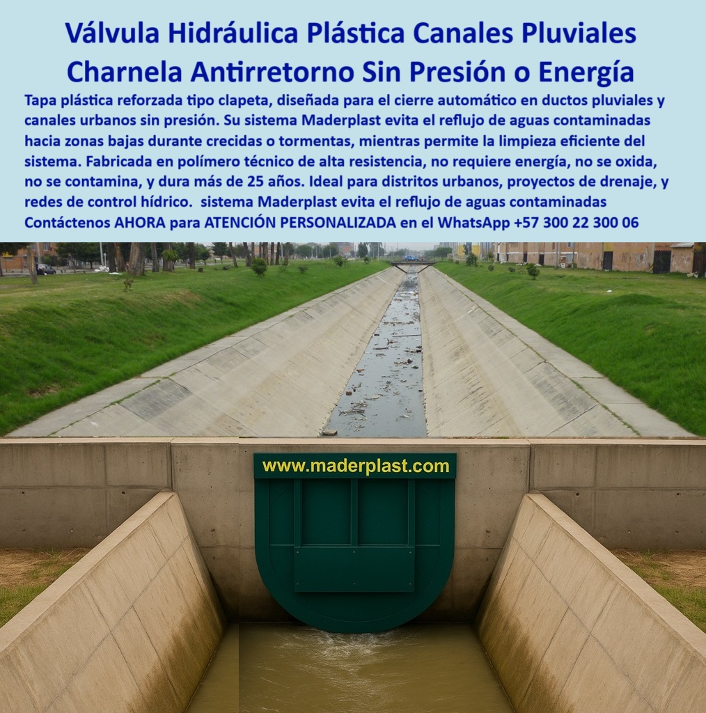 Charnela Para Control De Caudal En Ríos Canales De Riego Antiretorno Maderplast 0 tapa plástica reforzada para cierre no presurizado tapa hidráulica para limpieza de ductos pluviales sistema de control de flujo aguas Río 01 La imagen muestra una charnela hidráulica plástica tipo clapeta instalada al final de un canal pluvial urbano de gran recorrido. Esta compuerta-plástica-reforzada, desarrollada por Maderplast, actúa como una válvula antirretorno tipo clapeta en canal pluvial extenso, operando sin necesidad de presión hidráulica ni energía eléctrica. Su activación se produce automáticamente mediante la propia presión inversa del agua, lo que permite un cierre automático en canal abierto ante crecientes, tormentas o reflujo hidráulico desde sistemas de alcantarillado y ríos contaminados, asegurando así el control eficiente del sistema sin fallas. - El sistema Maderplast está construido con polímero técnico de alta resistencia, lo que la convierte en una válvula de polímero técnico para control hídrico, completamente inmune a la oxidación, la corrosión o el vandalismo. Su diseño reforzado impide acumulación de sedimentos, suciedad o residuos sólidos en su estructura. Esta tapa tipo clapeta para ducto de agua lluvia es una solución técnica que ofrece más de 25 años de funcionamiento sin mantenimiento especializado, siendo ideal para municipios, distritos urbanos, sistema-de-drenaje-municipal, canales rurales o redes agrícolas donde la limpieza automática de canales es vital para evitar colapsos. - Instalar una compuerta urbana contra reflujo hidráulico como esta permite transformar un simple canal en un sistema de control de aguas en canal a cielo abierto, capaz de responder pasivamente a fluctuaciones extremas del caudal. Gracias a su arquitectura compacta y su estructura robusta, esta válvula sin piezas móviles metálicas no solo garantiza durabilidad estructural, sino que facilita procesos de inspección o auditoría visual sin desmontajes. Su tecnología se ha posicionado como la mejor válvula pasiva para ductos pluviales, especialmente en zonas donde se requiere fiabilidad, automatización y sostenibilidad a largo plazo. - La charnela antirretorno para canal pluvial urbano también funciona como válvula sin presión para control de caudal, ideal para zonas donde no se cuenta con sistemas presurizados. Su activación se produce exclusivamente por el flujo hidráulico, lo que la convierte en un componente clave dentro de cualquier sistema hidráulico-sin-presión. Gracias a su diseño técnico, puede actuar como tapa hidráulica para limpieza de aguas servidas o compuerta para drenajes sin presión hidráulica con total efectividad. - El sistema Maderplast responde con éxito a múltiples aplicaciones como compuerta para canal de lluvia sin presión, válvula sin energía para sistema de drenaje, compuerta reforzada sin mantenimiento técnico, o charnela pasiva en sistema urbano, siendo también perfecta como válvula para flujo pluvial controlado en sectores rurales o de expansión urbana. Su integración en canales de concreto y estructuras hidráulicas existentes hace que funcione también como tapa de cierre automático para ducto de río, sin requerir obras adicionales, lo que reduce costos de instalación y tiempos de obra. - Para quienes se preguntan ¿qué tapa se usa para evitar reflujo en canales abiertos?, ¿qué sistema controla caudal en canales sin energía?, o ¿dónde instalar compuertas para evitar inundaciones urbanas?, la respuesta comprobada por más de dos décadas de funcionamiento es clara: charnela-control-de-caudal Maderplast. Esta tecnología ha demostrado ser un sistema ecológico para canales contaminados, ideal para proyectos urbanos que enfrentan crecientes, lluvias extremas o contaminación cruzada por aguas residuales. - El modelo presentado, una Com­puerta plástica verde instalada en canal urbano de concreto, es el ejemplo perfecto de cómo una válvula urbana con sello hermético puede operar 24/7 como válvula antirretorno canal abierto y mantenerse libre de mantenimiento complejo, incluso en ambientes expuestos a agentes corrosivos o agua residual contaminada. - Esta solución ha sido implementada como parte del sistema Maderplast para canales de lluvia, tanto en ciudades como Bogotá como en zonas rurales, consolidando su posición como líder en válvula hidráulica plástica reforzada sin presión, capaz de resistir condiciones extremas sin interrupciones ni fallas mecánicas. - Si buscas una tapa plástica reforzada para cierre no presurizado, una compuerta anticorrosiva para canal a cielo abierto, una tapa técnica para ducto urbano, una válvula sin energía urbana o una válvula de limpieza canal concreto, esta tecnología de Maderplast es tu mejor elección. - Contáctanos ahora a través de WhatsApp +57 300 22 300 06 y accede a ATENCIÓN PERSONALIZADA con respaldo directo del equipo de ingeniería Maderplast. Elige lo mejor en charna antirretorno sin presión o energía. Tecnología comprobada, funcionamiento automático y 0 mantenimiento. ¡El futuro del control hidráulico, hoy! Charnela Para Control De Caudal En Ríos Canales De Riego Antiretorno Maderplast 0 tapa plástica reforzada para cierre no presurizado, - tapa hidráulica para limpieza de ductos pluviales, - sistema de control de flujo aguas Río