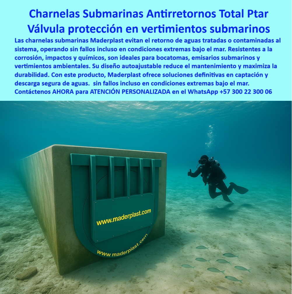 Charnela Submarina Bocatoma Charnelas canal Vertimientos Ptar Ptap Maderplast 0 sistema anti reflujo de aguas saladas Ptar compuerta de control submarino plástica compuerta que evita desbordamientos válvula plástica Charnela 01 La imagen muestra una charnela submarina antirretorno Maderplast instalada en un emisario submarino para aguas tratadas, a 3.500 metros mar adentro y con una profundidad de 125 pies, validando su funcionamiento continuo en entornos extremos de presión, salinidad, residuos y corrosión. Esta compuerta-de-control-submarino-plástica, tipo clapeta, ha sido diseñada específicamente para proyectos exigentes de vertimiento en ductos oceánicos, donde es vital evitar el retorno de agua contaminada o salada hacia las infraestructuras de tratamiento. Gracias a su diseño pasivo de presión diferencial, la válvula se activa automáticamente sin requerir energía, sin sistemas mecánicos complejos, sin riesgo de oxidación y sin mantenimiento frecuente, convirtiéndola en una solución definitiva para sistema anti reflujo de aguas saladas PTAR, bocatomas costeras, sistemas de descarga sumergida y vertimientos submarinos. - Fabricada en polímero técnico anticorrosivo, esta charnela-bajo-el-mar ha demostrado resistencia total a impactos físicos, ácidos, químicos industriales, residuos sólidos, barro y microorganismos. Su cuerpo monolítico sin piezas metálicas garantiza un sellado hermético confiable, mientras su sistema autoajustable minimiza fallos hidráulicos en condiciones de operación continua. Con este nivel de ingeniería, Maderplast reafirma su liderazgo como fabricante de válvulas plásticas para infraestructura crítica marina, brindando soluciones avanzadas en compuerta-para-vertimiento-oceánico, sistemas PTAR costeros y emisarios de alta profundidad. La facilidad de inspección mediante cadena de izaje superior sin necesidad de buzos, y su operación automática sin energía ni intervención humana, posicionan esta compuerta-polímero-técnico-marino como la opción ideal para sistema-hidráulico-sumergido, túneles submarinos y control de vertimientos ambientales. - Esta instalación también responde a preguntas clave del sector como: ¿Qué válvula funciona a 125 pies bajo el mar?, ¿Qué sistema se usa en vertimientos submarinos?, ¿Cuál válvula anti retorno en canales salinos?, y ¿Qué charnela resiste aguas costeras sin mantenimiento? La respuesta es clara: Maderplast. Sus charnelas-submarinas-antirretornos-total-PTAR no solo eliminan riesgos de desbordamiento o reflujo; también aportan sostenibilidad, eficiencia operativa, durabilidad estructural y seguridad ambiental. Esta tecnología es ideal para emisarios de plantas PTAR costeras, bocatomas oceánicos, redes marinas de automatización y compuerta submarina instalada a gran profundidad marina. - Este modelo representa una válvula plástica sumergida 125 pies profundidad, con sistema anti reflujo en emisario submarino, creada para vertimientos ambientales sostenibles, con aplicación directa en emisario-marino-antirretorno, compuerta técnica para ductos salobres, válvula sin energía instalada en emisario, y sistema pasivo de control en ducto submarino. Su diseño robusto con sello automático y cuerpo reforzado es la solución confiable para proyectos ambientales costeros, redes hidráulicas oceánicas y entornos con altos requerimientos de ingeniería sin posibilidad de mantenimiento frecuente. - Contáctanos AHORA para ATENCIÓN PERSONALIZADA en el WhatsApp +57 300 22 300 06, y recibe el respaldo directo del equipo técnico Maderplast, con más de 25 años entregando soluciones que funcionan sin fallos incluso en condiciones extremas bajo el mar Charnela Submarina Bocatoma Charnelas canal Vertimientos Ptar Ptap Maderplast 0 sistema anti reflujo de aguas saladas Ptar, - compuerta-de-control-submarino-plástica, - compuerta que evita desbordamientos, - válvula plástica Charnela