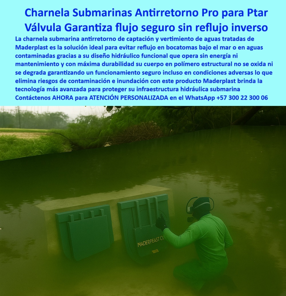 Charnela Submarina Bocatoma Charnelas canal Vertimientos Ptar Ptap Maderplast 0 tapa de control hidráulico para desarga marina Infraestructura hídrica y saneamiento marítimo válvula clapeta ligera estructuras submarinas Ptar 01 En la imagen se observa a un operario sumergido, supervisando la instalación de dos compuertas hidráulicas plásticas tipo charnela en una cámara de vertimiento submarina. La escena transcurre bajo aguas verdes, en un entorno técnico exigente, donde la precisión, la seguridad y la durabilidad son fundamentales. Las válvulas están montadas en una estructura de concreto hidráulico sumergida, diseñadas específicamente para evitar el reflujo de aguas tratadas desde plantas de tratamiento hacia el ecosistema marino. Esta operación, realizada con buzo técnico, confirma que las compuertas plásticas submarinas con operador sumergido de Maderplast funcionan incluso en condiciones extremas, manteniendo un cierre perfecto gracias a su diseño de válvula automática de flujo unidireccional. - ¿Qué tapa hidráulica evita reflujo en emisarios? La que se muestra aquí, fabricada por Maderplast, es la tapa de control hidráulico para descarga marina que garantiza el flujo en una sola dirección sin necesidad de energía, sin partes metálicas y sin mantenimiento frecuente. Esta charnela submarina bocatoma fue creada para proteger las infraestructuras de saneamiento marítimo frente al reflujo, los colapsos, los bloqueos por presión inversa o las tormentas. Se trata de una válvula clapeta ligera estructuras submarinas, que combina la ligereza del polímero técnico con la ingeniería hidráulica de precisión. - ¿Qué válvula sirve para bocatomas bajo el agua? Esta válvula hidráulica para saneamiento costero es la respuesta probada. Su funcionamiento está basado en un sistema hidráulico de una sola dirección, donde la compuerta solo permite salida. Cuando el flujo se detiene o intenta regresar, se activa el cierre hermético, como una trampa unidireccional que impide el reingreso de aguas contaminadas. Por eso, en plantas PTAR y vertimientos controlados, esta válvula antirretorno ligera para vertimiento en PTAR es sinónimo de seguridad estructural y ambiental. - La compuerta marina con sello hidráulico automático se adapta a condiciones de presión marina, corrientes y salinidad. La superficie de su charnela-para-vertimiento-marino es lisa, sin rugosidades ni elementos metálicos expuestos, lo que impide adherencias, incrustaciones o formación de biofilm. Estas características hacen que funcione también como válvula sumergible de descarga para emisario, con comportamiento confiable a largo plazo. Lo más relevante: opera completamente sin energía, sin sensores ni sistemas eléctricos, lo que convierte a esta válvula hidráulica sin energía bajo el agua en una solución insuperable para infraestructura hídrica y saneamiento marítimo. - ¿Qué válvula funciona sin energía en el mar? Esta misma válvula-hidráulica-antirretorno, instalada por buzos en entornos costeros, resiste la presión hidráulica del mar abierto y elimina por completo la posibilidad de reflujo. Es una solución-antirretorno-en-mar-abierto que no necesita intervención humana una vez instalada, porque su diseño le permite actuar de forma automática ante la variación del flujo. - Maderplast ha desarrollado esta compuerta hidráulica submarina de doble charnela para zonas costeras, emisarios submarinos y descargas en sistemas de tratamiento, con un cuerpo en polímero técnico indeformable, libre de corrosión, lo que garantiza funcionamiento continuo por más de 25 años. La compuerta submarina de polímero resistente está validada en ambientes industriales y marinos, como lo demuestra esta instalación documentada. Su forma circular, diseño compacto y bajo peso la convierten en la mejor alternativa para cualquier tapa-submarina-para-ptar. - ¿Dónde encuentro compuerta submarina plástica? Solo en Maderplast, fabricante colombiano líder en sistemas de control hidráulico, con más de 20 años diseñando charnela hidráulica doble instalada bajo agua verde, lista para resistir la presión marina sin deformarse ni deteriorarse. Esta tapa clapeta para aguas residuales tratadas funciona sin mantenimiento y evita contaminación por retorno. - Además, cumple una función ambiental esencial: detener de forma automática el reflujo inverso que podría mezclar aguas ya tratadas con residuos sin tratar. Por eso, esta válvula-unidireccional-costera es clave para PTAR, emisarios, canales submarinos y zonas expuestas a descargas pluviales. Aun en condiciones adversas, esta compuerta sin corrosión para descargas marinas mantiene la integridad del sistema. El buzo en la imagen lo confirma: está inspeccionando una válvula que no necesita reemplazo, ni revisión constante, porque está diseñada para durar. - ¿Qué charnela usar para descarga sumergida? Exactamente esta, la compuerta-submarina-de-descarga Maderplast, diseñada para ser la primera línea de defensa frente al reflujo en sistemas PTAR. Su resistencia, ligereza y rendimiento bajo presión hacen de esta solución una inversión definitiva para proteger infraestructura crítica. - Contáctenos AHORA para ATENCIÓN PERSONALIZADA en el WhatsApp +57 300 22 300 06 y reciba asesoría directa del equipo de ingeniería Maderplast. - Confíe en la tecnología Maderplast para lograr una infraestructura submarina eficiente, sin reflujo, sin mantenimiento y sin errores.