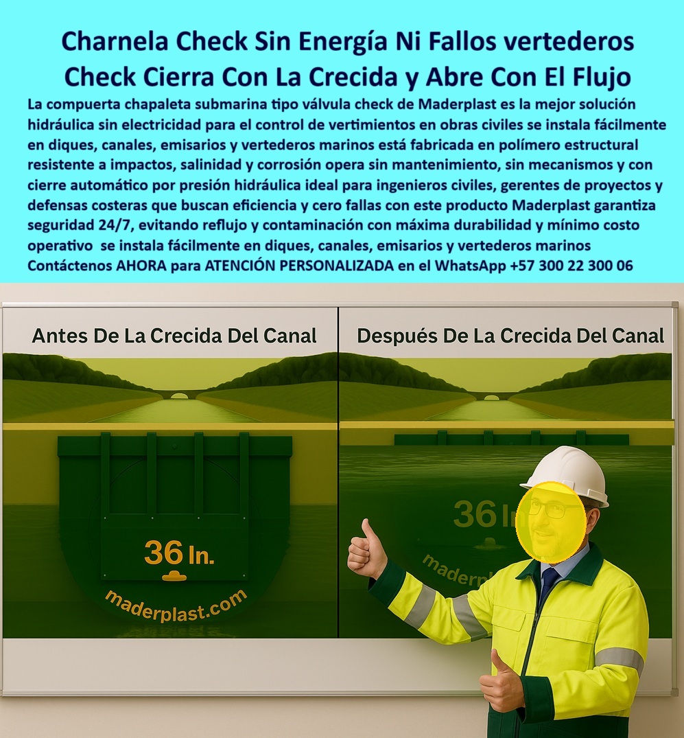 Charnela Submarina De Bocatoma Charnelas Desembocadura Vertimientos Maderplast 0 Normativa Heavy duty backflow valve for industrial underwater channels charnela tipo clapeta bajo el agua Plantas de tratamiento PTAR costeras 01 Charnela Check Sin Energía Ni Fallos en Vertederos – Check Cierra Con La Crecida y Abre Con El Flujo – Válvula Submarina de 36 Pulgadas para Obras Críticas Maderplast, - En esta imagen se observa el funcionamiento comparativo de una válvula tipo charnela check Maderplast de 36 pulgadas, instalada en un canal hidráulico simulado. A la izquierda, el sistema opera en condiciones normales “Antes de la crecida del canal”, permitiendo un flujo continuo y controlado. A la derecha, tras el aumento del nivel hídrico “Después de la crecida del canal”, la compuerta se encuentra completamente cerrada gracias al accionamiento por presión hidráulica, demostrando la eficiencia del cierre automático sin necesidad de mecanismos, electricidad o intervención humana. - Este tipo de charnela plástica submarina de bocatoma ha sido desarrollada bajo los más altos estándares de ingeniería para zonas de alto riesgo y vertimientos costeros, cumpliendo la normativa heavy-duty backflow valve for industrial underwater channels, adecuada para diques, emisarios, PTAR costeras, plantas de descarga y sistemas de canalización de vertederos industriales. - Fabricada completamente en polímero técnico estructural anticorrosivo, esta válvula unidireccional tipo clapeta resiste impactos, salinidad, presión diferencial, inmersión prolongada y ciclos de apertura sin deformación estructural. Su diseño verde de alto contraste facilita su identificación visual en inspecciones técnicas submarinas, mientras que su anclaje directo sobre estructuras de concreto elimina la necesidad de soldaduras o anclajes metálicos. Esta compuerta plástica submarina en canal de vertimiento es ligera, robusta y 100 % libre de mantenimiento preventivo, una ventaja crucial para operaciones críticas y entornos marinos hostiles. - Maderplast ha consolidado esta tecnología como la solución definitiva para el control de vertimientos en obras civiles submarinas, especialmente en proyectos donde el riesgo de reflujo por crecidas, mareas o tormentas puede representar una amenaza para la infraestructura y el medioambiente. Esta válvula hidráulica submarina de 36 pulgadas se adapta de forma inteligente al flujo natural, abriendo con el caudal y cerrando con la presión inversa, sin necesidad de energía externa ni sensores complejos. - El sistema se instala fácilmente en diques, canales, emisarios y vertederos marinos, funcionando con sello hermético bajo presión hidráulica. Ideal para plantas de tratamiento (PTAR) costeras, donde el control de retorno de aguas industriales, residuales o pluviales es indispensable para evitar contaminación. Su funcionamiento confiable 24/7 protege infraestructuras críticas y evita bloqueos, taponamientos o corrosión, que sí se presentan en compuertas metálicas tradicionales. - A diferencia de otros sistemas, esta válvula plástica tipo charnela no depende de mantenimiento constante ni operadores técnicos: su diseño pasivo con acción hidráulica permite que el sistema esté siempre preparado para actuar, cerrando ante cualquier crecida o flujo inverso. Así, la tecnología Maderplast garantiza una operación limpia, sin óxidos, sin fallos mecánicos y sin piezas móviles que se deterioren con el tiempo. - La capacidad de Maderplast para fabricar válvulas check sumergidas en cualquier medida, adaptadas al entorno específico del cliente, la posiciona como líder en el diseño de sistemas de control hidráulico bajo el agua, válvulas plásticas de descarga de emergencia, tapas tipo clapeta sumergidas para infraestructura civil e ingeniería costera sostenible. La combinación de polímeros técnicos reforzados, diseño de ingeniería avanzada y sellado por gravedad convierte a estas compuertas en la opción preferida por gerentes de proyectos, consultores hidráulicos e ingenieros de obras civiles que priorizan cero fallos, alta confiabilidad y retorno inmediato de inversión. - ¿Buscas una válvula submarina automática que funcione sin energía, sin fallos y sin mantenimiento? Esta es la solución. ¿Quieres evitar reflujos en canales industriales submarinos con una válvula hidráulica eficiente? Ya la tienes. Maderplast fabrica compuertas a la medida, resistentes a salinidad, sin óxido, para emisarios, bocatomas, PTAR y vertederos costeros. - Contáctenos AHORA para ATENCIÓN PERSONALIZADA en el WhatsApp +57 300 22 300 06 y reciba asesoría directa del equipo técnico Maderplast en la selección de válvulas submarinas tipo check, charnelas plásticas automáticas y compuertas hidráulicas para entornos marinos. Confía en 25 años de innovación comprobada en control unidireccional sin energía. Charnela Submarina De Bocatoma Charnelas Desembocadura Vertimientos Maderplast 0 Normativa Heavy-duty backflow valve for industrial underwater channels”, - charnela tipo clapeta bajo el agua, - Plantas de tratamiento (PTAR) costeras,