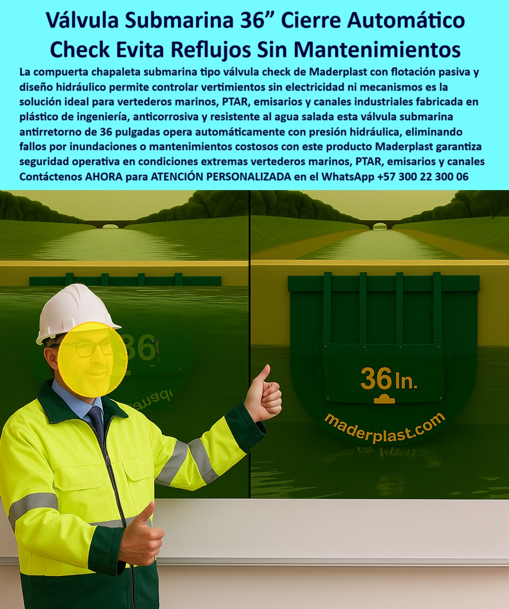 Charnela Submarina De Bocatoma Charnelas Desembocadura Vertimientos Maderplast 0 Normativa compuerta de retención tipo chapaleta marina Control de inundaciones en ciudades costeras válvula plástica antirretorno con buzo Válvula 01 La imagen muestra la Válvula Submarina 36” Cierre Automático Check Evita Reflujos Sin Mantenimientos, una solución hidráulica pasiva de alta ingeniería diseñada por Maderplast para garantizar la seguridad operativa en condiciones extremas. Esta compuerta chapaleta submarina tipo válvula check de 36 pulgadas opera de forma autónoma mediante presión hidráulica, sin electricidad ni mecanismos móviles, lo que la convierte en la solución ideal para PTAR, emisarios, canales industriales y vertederos marinos. - Fabricada en plástico de ingeniería anticorrosivo, esta válvula submarina 36in resiste la exposición continua a agua salada, productos químicos agresivos y ambientes de alta salinidad, características fundamentales para zonas como desembocaduras costeras, vertederos industriales, emisarios marinos y ciudades costeras altamente expuestas a inundaciones. Su diseño hidráulico con flotación pasiva elimina totalmente los fallos por inundaciones y costos de mantenimiento, lo que permite una operación continua sin intervención humana, validando su seguridad-operativa-extrema. - Gracias a su configuración, esta compuerta retención chapaleta marina actúa como una válvula-plástica-antirretorno-con-buzo que puede ser instalada incluso por buzos técnicos en condiciones sumergidas. La estructura permite un cierre-automático-antirreflujo, impidiendo completamente el reflujo de agua sin requerir energía externa. Es por eso que cada proyecto con Maderplast incorpora normativas exigentes en la instalación de charnela submarina de bocatoma, especialmente bajo la normativa compuerta de retención tipo chapaleta marina, que exige máxima confiabilidad. - Los beneficios para sistemas como PTAR-emisarios-marinos son contundentes:, - Cierre seguro, - Durabilidad sin corrosión, - Cero mantenimiento, - Instalación sumergida, - Control automático ante aumento de presión, - Preguntas comunes que esta tecnología responde:, - ¿Cómo controlar inundaciones en ciudades costeras con una solución pasiva?, - ¿Cuál es la mejor válvula plástica antirretorno para emisarios industriales?, - ¿Qué válvula submarina de 36 pulgadas evitar reflujos sin mantenimiento?, - ¿Necesito una compuerta de retención tipo chapaleta marina que sea confiable, cuál es?, - ¿Dónde encuentro compuertas para vertederos marinos y PTAR que resistan agua salada?, - Las respuestas están todas en Maderplast:, - “Con compuerta tipo válvula check, opera automáticamente con presión hidráulica, sin electricidad.”, - “Válvula check plástica, anticorrosiva, resistente a agua salada.”, - “Compuerta diseñada para control de vertimientos sin electricidad ni mecanismos, máxima durabilidad.”, - “Elimina fallos por inundaciones y mantenimientos costosos.”, - Este es un verdadero sistema anti-reflujo eficiente, desarrollado para ofrecer control de vertimientos pasivo, evitando contaminaciones cruzadas en infraestructuras expuestas. La chapaleta-marina-sin-mantenimiento representa la evolución en soluciones marítimas, fluviales y costeras, con instalación fácil sin mecanismos, ideal para cumplir exigencias de ingeniería avanzada sin comprometer la eficiencia económica. - Por eso, si buscas una válvula hidráulica PTAP, una válvula-submarina-antirretorno, o una compuerta submarina pasiva para controlar flujos en canales o emisarios sin uso de energía ni intervención mecánica, confía en el respaldo de Maderplast. Aquí no se improvisa: se diseña, se fabrica, se asesora y se entrega con estándares superiores para tus obras hidráulicas críticas. Charnela Submarina De Bocatoma Charnelas Desembocadura Vertimientos Maderplast 0 Normativa compuerta de retención tipo chapaleta marina, - Control de inundaciones en ciudades costeras, - válvula-plástica-antirretorno-con-buzo, Válvula