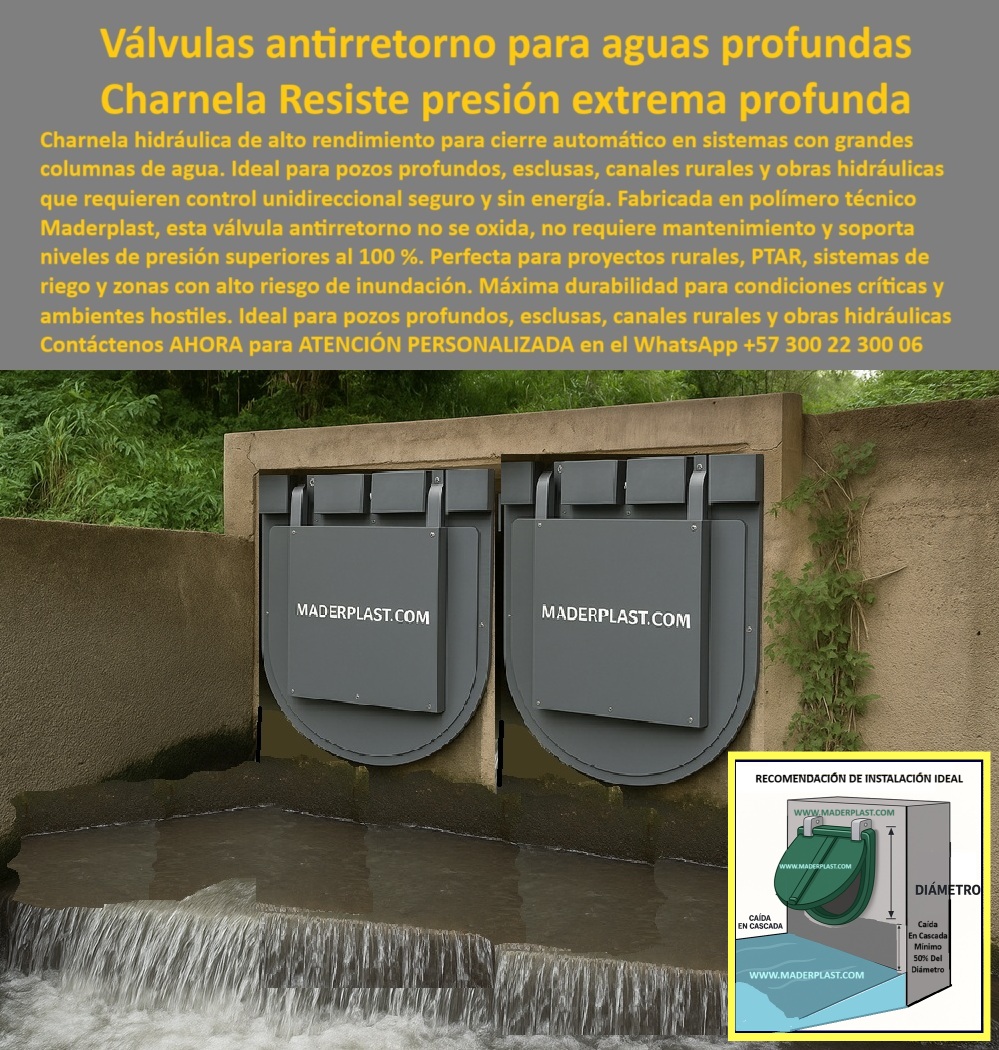 Charnela Válvula Antirretorno Agua Pozo Profundo Cierre Hidráulico Maderplast 0 tapa de canal sin retorno en polímero resistente Qué compuerta funciona bien para aguas servidas rurales sistemas de riego válvula PP mar 01 La imagen muestra dos compuertas dobles plásticas grises en canal con caída de agua, instaladas en una estructura hidráulica de concreto rural. Estas compuertas, fabricadas por Maderplast, son del tipo clapeta circular sin piezas metálicas, diseñadas para operar como charnela antirretorno sin energía en sistemas con presión extrema profunda. Están ubicadas en un canal con caída en cascada, donde el diseño técnico aprovecha la gravedad para garantizar un funcionamiento seguro y eficiente, como lo indica el diagrama técnico visible en la parte inferior derecha de la imagen. Esta solución está recomendada específicamente para pozos profundos, esclusas, canales rurales y todo tipo de obras hidráulicas exigentes. - ¿Qué compuerta funciona bien para aguas servidas rurales? La respuesta es clara: la válvula de polímero para aguas profundas de Maderplast, diseñada para ambientes hostiles donde otras válvulas fallan por corrosión o atascos. Esta compuerta de drenaje sin corrosión no necesita mantenimiento, energía ni lubricación, y su desempeño ha sido comprobado en zonas donde la presión del agua supera el 100 %. Su cuerpo en polímero técnico resiste agua salada, productos químicos, rayos UV y ambientes críticos, haciendo de esta una válvula plástica sin mantenimiento profundo insuperable. - ¿Qué válvula sirve para pozos de alta presión? La válvula plástica antirretorno alta columna, que actúa como una tapa de canal sin retorno en polímero resistente, con cierre automático activado únicamente por el flujo del agua. Esta tecnología reemplaza con ventajas cualquier compuerta metálica, eliminando el óxido y reduciendo el peso de instalación. Su sistema de cierre hidráulico sin energía permite el paso unidireccional y bloquea el retorno incluso en sistemas-de-riego, aguas servidas profundas y zonas con alta columna hidráulica. - ¿Qué compuerta aguanta presión extrema? La compuerta de retención reforzada en polímero técnico con diseño de válvula técnica rural resistente, que actúa como sistema de cierre sin energía hidráulica, garantiza protección en cualquier escenario. Desde sistemas rurales hasta PTAR, esta solución se adapta perfectamente como tapa válvula pozo presión alta, con un sistema que permite montaje sobre muro o en canales con caída vertical. - ¿Qué tapa evita reflujo en sistemas rurales? La tapa de retención canal de Maderplast, una compuerta ligera para proyectos hídricos que protege cultivos, infraestructuras rurales y sistemas de recolección de aguas sin necesidad de energía externa. Al ser una compuerta para aguas profundas, ofrece máxima durabilidad con tecnología pasiva, diseñada para zonas donde no hay acceso a sistemas eléctricos o mantenimientos periódicos. - ¿Dónde consigo una compuerta para aguas profundas? Justo aquí: la compuerta plástica antirretorno alta presión, que ha sido instalada exitosamente en Colombia y otros países en proyectos de gran escala, como drenajes rurales, válvula para escotillas en zonas rurales, esclusas o estructuras de captación para bocatomas profundas. Su diseño de tapa industrial de alta resistencia y operación de válvula de cierre automático con caída vertical de presión la convierten en la mejor opción para canales rurales con descarga agresiva. - Esta charnela hidráulica para escotilla canal está pensada para durar décadas. Por eso, Maderplast ha desarrollado esta tecnología como parte del sistema válvula-cierre-automático, garantizando operación pasiva incluso en sistemas críticos de agua profunda. - Contáctenos AHORA para ATENCIÓN PERSONALIZADA en el WhatsApp +57 300 22 300 06 y reciba acompañamiento directo del equipo técnico de Maderplast. Porque cuando la presión sube, la tecnología Maderplast responde. Compuertas que cierran sin energía, sistemas que funcionan sin fallos. Ingeniería de verdad, en obras reales. Charnela Válvula Antirretorno Agua Pozo Profundo Cierre Hidráulico Maderplast 0 tapa de canal sin retorno en polímero resistente, - Qué compuerta funciona bien para aguas servidas rurales, - sistemas-de-riego, - válvula-PP mar