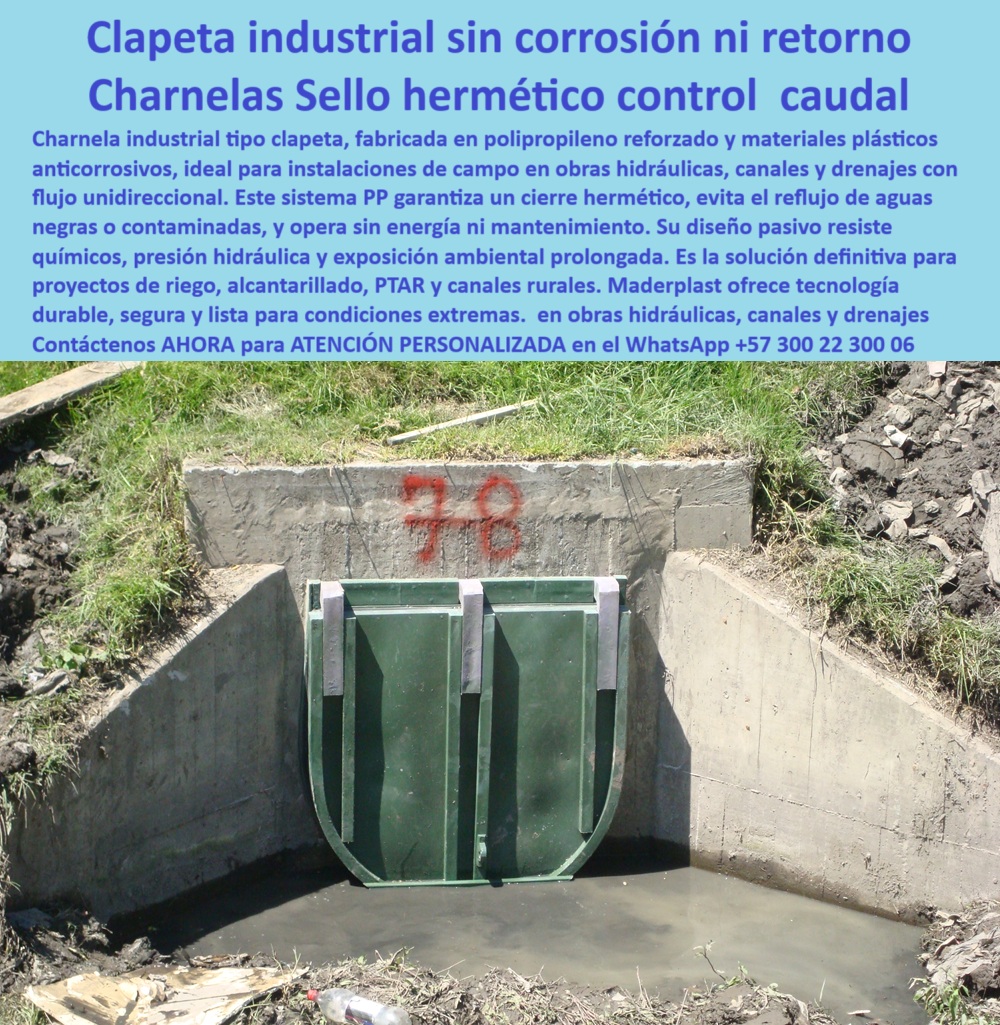 Charnela Válvula Antirretorno Salida Canal Cabezal De Cierre Hidráulico Maderplast 0 clapeta industrial sistema de compuerta sin corrosión instalado en campo tapa de registro plástica con sello hermético sistema PP Ptar 01 La imagen muestra una clapeta-industrial Maderplast instalada sobre concreto, un sistema diseñado específicamente para brindar cierre hermético en drenajes rurales, salidas de canal, captaciones, obras PTAR, y canales agrícolas expuestos a lodo, residuos o aguas contaminadas. Esta clapeta plástica tipo charnela de doble hoja está fabricada con polipropileno reforzado y materiales de alto rendimiento anticorrosivo, lo que le permite operar sin óxido, sin mantenimiento y con total resistencia a químicos agresivos y ambientes extremos. Gracias a su diseño estructural, ofrece un sello hermético fiable durante años. - A diferencia de las válvulas metálicas tradicionales, la compuerta tipo charnela de polipropileno reforzado Maderplast elimina el problema de corrosión, reducción de vida útil y el constante reemplazo de piezas. Su tecnología PP la convierte en la válvula-plástica-con-sello-hermético perfecta para canales rurales, obras hidráulicas en campo abierto y proyectos de control de reflujo sin energía. Esta válvula hidráulica de largo plazo sin fallas puede integrarse como una solución pasiva en canales de captación, sistemas de riego agrícola, y proyectos de saneamiento rural, actuando como una válvula sin energía para PTAR rurales. - ¿Te preguntas cuál es la mejor válvula para PTAR rural sin energía? ¿O si existe una compuerta con cierre hermético sin óxido? La respuesta es esta clapeta-industrial-para-canales-rurales, un sistema pasivo que trabaja automáticamente con la presión hidráulica y que no requiere electricidad, ni mecanismos externos, ni mantenimiento programado. - Su instalación es rápida y se adapta fácilmente a muros de concreto o cabezales de drenaje existentes, gracias a su configuración como tapa-hidráulica-para-obras-ptar y sistema de compuerta sin corrosión instalado en campo. Esta solución es ideal para zonas con lluvias intensas, suelos fangosos o sistemas vulnerables a reflujo contaminado, donde una compuerta-de-drenaje-sin-corrosión no es un lujo, sino una necesidad. - Diseñada para durar más de 25 años, la válvula de retención con sello hermético Maderplast funciona también como compuerta doble plástica instalada en drenaje rural, sin bloquear el caudal ni interferir en el sistema de riego. Es la elección ideal para ingenieros rurales, contratistas de campo, operadores de canales agrícolas, y proyectos con requerimientos estrictos de sostenibilidad y eficiencia hidráulica. Esta tecnología es una charnela ecológica para control de reflujo rural, sin partes móviles metálicas, sin óxido y con tolerancia total a la exposición ambiental prolongada. - Preguntas como:, - ¿Qué clapeta es ideal para drenaje rural sin óxido?, - ¿Dónde compro compuerta de charnela plástica resistente?, - ¿Cuál es la mejor solución antirretorno para canales agrícolas sin mantenimiento?, - tienen una respuesta clara: Maderplast. - La compuerta-antirretorno-para-campo, también reconocida como tapa antirretorno plástica con diseño reforzado, funciona como compuerta hidráulica para aguas contaminadas, tapa de canal plástica para obras hidráulicas y sistema hidráulico de retención para obras PTAR rurales. - ¿Requieren una solución para aguas negras rurales sin electricidad? Esta es la válvula-de-cierre-automático-sin-óxido, compatible con sistemas de captación, bocatomas rurales y vertimientos sin presión, y funciona como una válvula hidráulica sin energía ni óxido de referencia en el mercado técnico colombiano e internacional. - La charnela-antirretorno-de-polímero-reforzado Maderplast se posiciona como la mejor opción del mercado para quien busca una válvula de drenaje rural sin mantenimiento, una clapeta antirretorno para canales rurales sin óxido, o un sistema hidráulico sin mantenimiento continuo para control de caudal sin fallos en el tiempo. - En resumen, Maderplast transforma la infraestructura del campo con tecnología que no se oxida, no falla, y no necesita electricidad para garantizar eficiencia. Esta es la compuerta de retención con sello hermético que esperaban los proyectos rurales modernos. Charnela Válvula Antirretorno Salida Canal Cabezal De Cierre Hidráulico Maderplast 0 clapeta-industrial, - sistema de compuerta sin corrosión instalado en campo, - tapa de registro plástica con sello hermético, sistema PP Ptar
