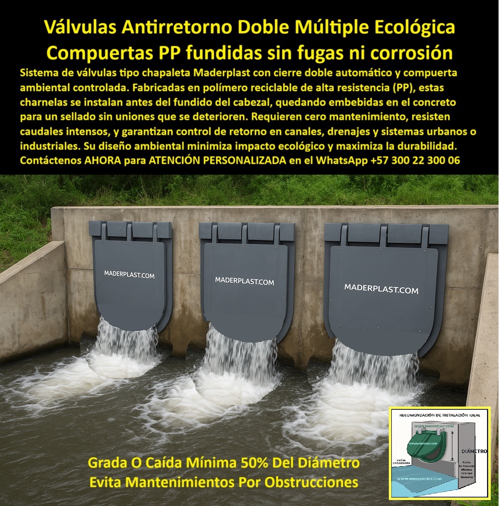 Charnela Válvula Charnelas Dobles Múltiples Evitar Retorno De Agua Maderplast 0 sistema hidráulico cierre doble válvula doble con estructura robusta en polímero reciclable compuerta ambiental controlada sistema Ptar 01 La imagen muestra el funcionamiento ideal del sistema hidráulico de cierre doble tipo charnela múltiple de Maderplast, diseñado específicamente para canales urbanos, drenajes industriales y plantas de tratamiento PTAR. Este sistema de válvulas antirretorno doble múltiple ecológica representa la evolución tecnológica en la gestión de caudales sin presión, gracias a su estructura de compuerta ambiental controlada, fabricada en polímero reciclable de alta resistencia (PP), completamente fundida en el muro de concreto para asegurar un sellado perfecto, sin uniones que generen fugas ni corrosión. - Cada charnela doble plástica sin mantenimiento continuo se instala embebida directamente sobre el cabezal hidráulico, logrando una integración sólida y libre de tensiones estructurales. Este tipo de instalación evita desajustes, grietas o puntos de fuga, eliminando las causas más comunes de fallas en sistemas convencionales. Las válvulas grises de doble bisagra instaladas en muro hidráulico, como se evidencia en la imagen, garantizan que el flujo sea unidireccional y que el reflujo contaminante sea totalmente bloqueado sin esfuerzo mecánico. - La configuración múltiple de compuertas de charnela controlando reflujo con caudal alto resiste incluso en escenarios de lluvia torrencial o sobrecarga hidráulica. El diseño incluye una compuerta doble abatible con estructura robusta, que funciona automáticamente con la presión del agua y retorna a su posición de cierre por gravedad, sin necesidad de energía, ni mecanismos de accionamiento, ni mantenimiento activo. Este sistema hidráulico ecológico de control unidireccional tiene como ventaja clave su sostenibilidad: es silencioso, no requiere electricidad, y se fabrica con materiales de bajo impacto ambiental. - La imagen incorpora una recomendación técnica esencial para la instalación: una grada o caída mínima del 50% del diámetro, lo cual permite el flujo libre sin estancamientos ni retroceso, y evita obstrucciones causadas por sólidos. Esto convierte al conjunto en una válvula hidráulica tipo charnela doble sin mantenimiento real y efectivo. El mantenimiento se limita a inspecciones antes y después de temporadas de lluvias, lo que reduce los costos operativos de manera significativa. - Maderplast recomienda este sistema de cierre fundido sin fugas para plantas de tratamiento, sistemas pluviales, alcantarillados y drenajes industriales que exigen alto rendimiento. La compuerta plástica antirretorno para bocatomas múltiples, combinada con una instalación adecuada y su fabricación con polímero reciclado, se convierte en una válvula ambiental de baja huella ecológica que responde perfectamente a los desafíos hidráulicos de hoy. - Esta válvula doble automática para redes sanitarias, también conocida como compuerta doble hidráulica para drenajes, forma parte de un sistema optimizado que puede funcionar como tapa hidráulica múltiple para caudales intensos, o como válvula múltiple fundida en PP reciclable para proyectos sostenibles en zonas urbanas o rurales. No sólo controla de forma precisa, sino que también elimina los riesgos de mantenimiento frecuente, óxido, o desajustes por presión. - Si te preguntas qué sistema usar para drenajes industriales sin retorno, o dónde comprar compuertas dobles sin mantenimiento, la respuesta está aquí: Maderplast desarrolla la solución completa. Nuestra tecnología incluye compuertas plásticas dobles en canal de concreto con descarga múltiple, válidas para uso en plantas PTAR, canales industriales, redes pluviales, o cualquier obra hidráulica que requiera un sistema antirretorno múltiple para aguas urbanas sin fallos. - Gracias a su diseño funcional, la válvula plástica con doble cierre automático puede actuar como válvula de control para descargas pluviales intensas, como sistema hidráulico antirretorno de tres válvulas fundidas en PP, o como parte de una compuerta libre de óxido y corrosión. En cualquiera de sus usos, esta tecnología representa una solución confiable, duradera y ecológica. - Maderplast no sólo fabrica compuertas, sino que transforma la manera en que se diseñan las soluciones hidráulicas modernas. Con el respaldo técnico, la personalización industrial y la innovación continua, Maderplast responde con precisión a cada desafío de caudal, retorno o sostenibilidad. Charnela Válvula Charnelas Dobles Múltiples Evitar Retorno De Agua Maderplast 0 sistema hidráulico cierre doble válvula doble con estructura robusta en polímero reciclable compuerta ambiental controlada sistema Ptar 01