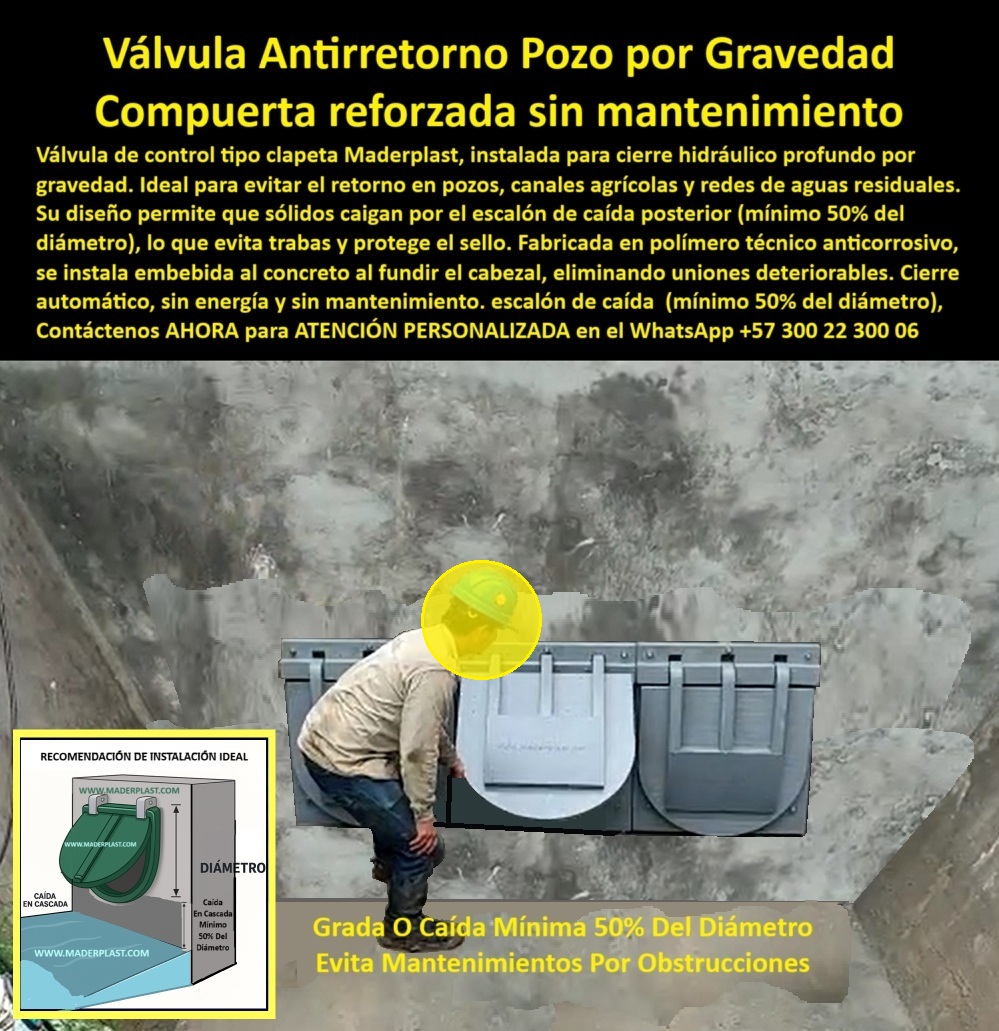 Charnela Válvula Evitar Retorno De Agua Pozo Profundo Cierre Hidráulico Maderplast 0 compuerta de cierre por gravedad tapa hidráulica reforzada aguas residuales clapeta basculante riego válvula de control profundo Ptar 01 Válvula Antirretorno para Pozo por Gravedad: Compuerta Reforzada Maderplast sin Energía ni Mantenimiento, - La imagen presenta una Válvula plástica triple instalada en fondo de pozo, parte de un sistema-control-agua diseñado para operar por gravedad. Esta charnela para cierre hidráulico por gravedad funciona como una válvula antirretorno pozo profundo, instalada en la parte baja de un canal de concreto, y representa una solución definitiva para cerrar caudales sin energía, sin mantenimiento y sin riesgo de obstrucciones. - Estas unidades son clapetas hidráulicas embebidas en concreto gris, parte de una guía detallada sobre la manera correcta de instalar una charnela, también conocida como manual para instalación de charnelas o guía pasos y procedimientos de instalación de charnelas. Esta técnica consiste en fundir la clapeta antirretorno embebida en muro directamente al colar el concreto del cabezal, eliminando uniones deteriorables, reduciendo filtraciones y garantizando máxima eficiencia. - Cada compuerta de cierre por gravedad funciona de forma pasiva, cerrando automáticamente con el peso del fluido. Esta tecnología permite que sólidos y sedimentos caigan libremente por la caída mínima del 50% del diámetro, evitando trabas en el mecanismo y asegurando un sellado efectivo. Este principio se ilustra en el diagrama de instalación incluido en la imagen como recomendación técnica. - Estas válvulas de control profundo PTAR están fabricadas en polímero técnico anticorrosivo, lo que las convierte en una válvula-sin-mantenimiento resistente a químicos, aguas residuales y condiciones agresivas. Funcionan en pozos de inspección, canales agrícolas, plantas de tratamiento PTAR, y redes de saneamiento rural, donde se requiere una solución sin energía, duradera y de instalación confiable. - Este modelo de charnela de fondo para pozo de inspección funciona también como válvula técnica para obras hidráulicas, válvula-para-aguas-residuales, o clapeta-basculante-riego, ideal para zonas rurales o entornos donde no se dispone de infraestructura eléctrica. Su diseño permite una instalación-de-charnelas eficiente y sin herramientas especiales. - Si te preguntas ¿Qué válvula usar en pozo profundo sin presión?, o ¿Qué tapa poner en red sanitaria por gravedad?, la respuesta es esta compuerta sanitaria para riego profundo Maderplast: una válvula reforzada por gravedad, confiable, libre de mantenimiento y altamente resistente. - Este sistema de charnela sin presión para cierre efectivo actúa como válvula de fondo para drenaje agrícola, compuerta clapeta contra retorno, y clapeta embebida en concreto sanitario, proporcionando cierre automático con caída libre. Además, es perfecta como tapa técnica para aguas negras, válvula pasiva contra retorno de caudal, o compuerta-en-concreto para uso en infraestructura hidráulica sanitaria. - Entre sus aplicaciones más destacadas se encuentran:, - compuerta para canal, - válvula de control para canal agrícola, - compuerta para riego sin energía, - válvula de caída para aguas negras, - sistema pasivo de control hidráulico, - compuerta anticorrosiva para PTAR, - charnela anti obstrucción sin partes metálicas, - clapeta-para-riego, - válvula hidráulica para estaciones rurales, - válvula de cierre automático por peso, - Esta solución también responde a preguntas frecuentes cómo:, - 🔹 ¿Dónde comprar compuerta antirretorno sin energía?, - 🔹 ¿Cuál válvula sirve para evitar retorno en riesgo?, - 🔹 ¿Cómo evitar obstrucciones en drenajes rurales?, - La compuerta reforzada para canales profundos de Maderplast es una innovación en ingeniería plástica paso a paso instalación chapaleta, pensada para durar décadas sin intervención, incluso bajo uso continuo. - 📲 Para más información sobre esta charnela válvula evitar retorno de agua pozo profundo cierre hidráulico Maderplast, o para solicitar asistencia técnica en la instalación, contáctanos vía WhatsApp +57 300 22 300 06 y recibe asesoría personalizada, planos de obra y especificaciones de instalación profesional. Charnela Válvula Evitar Retorno De Agua Pozo Profundo Cierre Hidráulico Maderplast 0 compuerta de cierre por gravedad, - tapa hidráulica reforzada aguas residuales, - clapeta-basculante-riego, válvula de control profundo Ptar