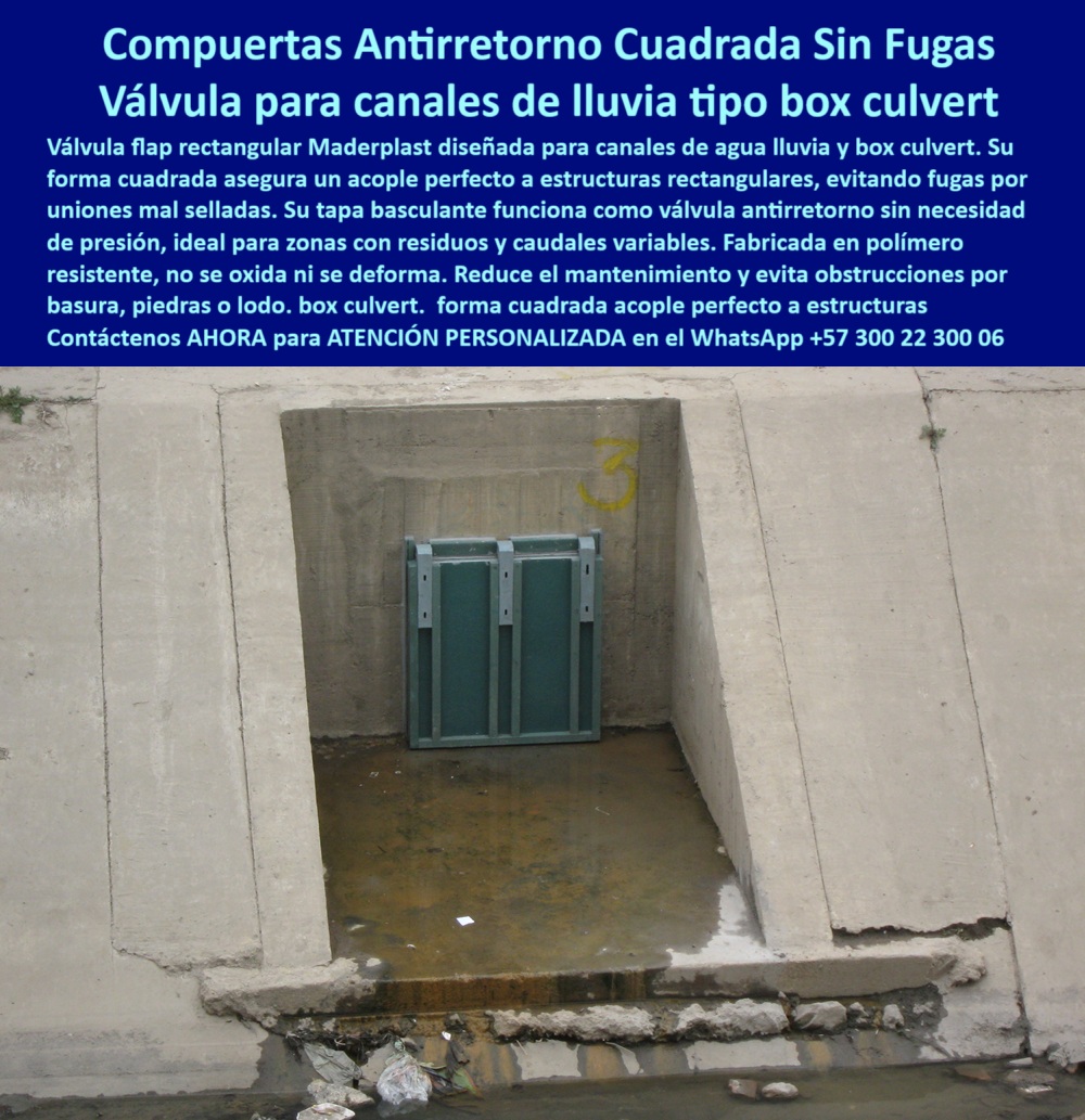 Charnela Válvula Retención Rectangular Anti Retorno Instalación Válvula Flap Maderplast 0 Tapa de clapeta para control de desagüe Qué compuerta antirretorno sirve para canales de agua lluvia compuerta basculante tapa ptar 01 Charnela Cuadrada Plástica Antirretorno Sin Fugas Respuesta Válvula Maderplast para canales rectangulares box culvert, resistente y sin mantenimiento, - La imagen muestra una solución hidráulica moderna y efectiva: una compuerta antirretorno cuadrada sin fugas tipo válvula flap rectangular Maderplast, instalada directamente sobre un canal urbano de aguas lluvias del tipo box culvert. Su diseño robusto y funcional resuelve uno de los problemas más frecuentes en obras de drenaje: las fugas en estructuras rectangulares por uniones mal selladas. Al tratarse de una forma cuadrada, está charnela permite un acople perfecto a estructuras rectangulares, evitando filtraciones y asegurando el funcionamiento eficiente del sistema pluvial. - La tapa basculante de esta compuerta actúa como una válvula antirretorno sin presión, capaz de bloquear automáticamente el reflujo sin necesidad de sistemas eléctricos o presurizados. Este cierre hidráulico pasivo es ideal para zonas con residuos, caudales variables o aguas contaminadas, funcionando como una válvula de control rectangular para canales pluviales sin comprometer la eficiencia hidráulica. Su cuerpo está fabricado en polímero técnico Maderplast, completamente libre de óxido, corrosión o deformaciones por humedad, y su operación no requiere lubricación ni atención constante. - A diferencia de las estructuras metálicas convencionales, esta compuerta cuadrada sin presión para drenajes urbanos mantiene su funcionalidad durante años sin necesidad de pintura, recubrimientos ni intervención técnica. El sistema es resistente a impactos, rayos UV, basura, ramas, piedras o lodo, lo cual la convierte en una válvula de retención confiable para box culvert con clapeta rectangular de control. Gracias a su diseño estructural simétrico, evita acumulación de sedimentos y reduce la posibilidad de obstrucción, incluso en temporadas de lluvias intensas o eventos climáticos extremos. - La válvula hidráulica tipo tapa rectangular que vemos en esta imagen forma parte del catálogo Maderplast de soluciones para drenaje urbano con válvula sin óxido, desarrollada específicamente para canales rectangulares de agua lluvia con estructuras de concreto. Su tapa hidráulica basculante para box culvert permite una instalación rápida, segura y precisa, garantizando cierre hermético, y es apta tanto para sistemas nuevos como para rehabilitación de estructuras existentes que presentan fugas o pérdida de eficiencia. - Cuando se buscan compuertas hidráulicas sin mantenimiento, válvulas para canales con basura y lodo, o simplemente una tapa hidráulica plástica para canal cuadrado, la tecnología Maderplast ofrece una solución 100 % anticorrosiva, sin partes metálicas, que asegura alto desempeño y máxima vida útil. - Esta es, sin duda, la mejor opción para quienes se preguntan qué compuerta antirretorno sirve para canales de agua lluvia, o cómo evitar fugas en box culvert de concreto, o qué tapa sirve para evitar reflujo en canales urbanos sin presión ni energía eléctrica. La respuesta está en esta clapeta cuadrada para obra civil, una válvula ligera, confiable, ecológica y con ajuste perfecto para estructuras urbanas modernas. - Contáctenos AHORA para ATENCIÓN PERSONALIZADA en el WhatsApp +57 300 22 300 06 y reciba asesoría directa del equipo de ingeniería Maderplast. Le ayudamos a especificar, dimensionar e instalar la válvula exacta que su canal necesita, con respaldo técnico certificado y más de 25 años de experiencia en sistemas hidráulicos sin presión ni mantenimiento. Charnela Válvula Retención Rectangular Anti Retorno Instalación Válvula Flap Maderplast 0 Tapa de clapeta para control de desagüe, - Qué compuerta antirretorno sirve para canales de agua lluvia, compuerta basculante tapa ptar