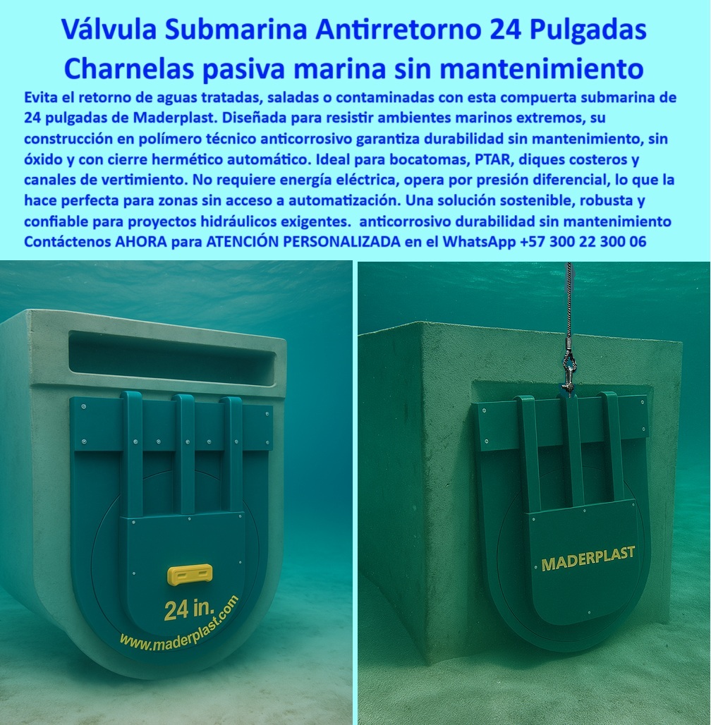 Charnela hidráulica Compuerta Canal Dique Válvula Check Anti Retorno Maderplast 0 charnela para aguas residuales con cierre automático sistema antirreflujo para bocatoma submarina válvula submarina para canales de riego Charnela 01 Charnela hidráulica submarina Maderplast 24 pulgadas: una solución pasiva, robusta y sin mantenimiento que está revolucionando el control de flujo en canales marinos y emisarios costeros. La imagen revela dos válvulas sumergidas completamente bajo el agua, fabricadas en polímero técnico anticorrosivo, diseñadas para resistir ambientes altamente agresivos como el agua salada, químicos industriales y residuos sólidos presentes en vertimientos tratados o contaminados. - Cada unidad funciona como válvula submarina antirretorno de 24 pulgadas, instalada en estructuras de concreto bajo el nivel del mar, sin requerir energía eléctrica, componentes metálicos ni intervención humana para su operación. Gracias a su tecnología de cierre automático por presión hidráulica diferencial, esta compuerta se abre y se cierra de manera pasiva, permitiendo un flujo unidireccional de líquidos desde plantas PTAR, bocatomas y canales costeros, sin riesgo de reflujo ni contaminación cruzada. - Diseñada para durar décadas en condiciones extremas, esta charnela hidráulica para bocatoma marina ofrece un cierre hermético continuo, incluso con presencia de salinidad, lodo marino, arena o aceites. Su estructura monolítica de polímero técnico evita corrosión, oxidación, incrustaciones o desgastes por abrasión marina, lo que la convierte en una verdadera solución sin mantenimiento para sistemas costeros. - Un elemento clave de esta válvula es su cadena de izaje superior, visible en una de las imágenes. Este componente permite realizar inspecciones programadas o movimientos con grúa sin necesidad de buceo profesional, facilitando el trabajo de mantenimiento preventivo o monitoreo estructural desde superficie. Esto habilita su uso en proyectos con automatización hidráulica, integrando sensores, drones o robots de inspección submarina. - Esta compuerta hidráulica marina pasiva no solo protege redes pluviales, agrícolas o industriales, también garantiza que el vertimiento cumpla con normativas ambientales al evitar el retorno de contaminantes hacia fuentes de captación o zonas vulnerables. Por eso es ideal para PTAR costeras, canales de vertimiento en zonas portuarias, bocatomas de riego salobre o sistemas industriales donde el uso de válvulas metálicas ha fallado por corrosión. - La válvula pasiva sin presión de 24 pulgadas también es ideal para instalaciones en cámaras submarinas, túneles de drenaje, estaciones de bombeo con flujo asistido por gravedad y canales salobres que operan sin presión constante. Su desempeño probado, incluso bajo presión ambiental oceánica, permite que sea especificada por ingenieros civiles, sanitarios y marítimos para obras hidráulicas de largo plazo. - A diferencia de otras tecnologías, la compuerta sumergible sin piezas móviles metálicas de Maderplast elimina fallos por herrumbre, engranajes trabados o mantenimiento frecuente. Este es un sistema inteligente por su simplicidad funcional, pero también por su integración estructural y su potencial para automatización a futuro. - La charnela verde Maderplast es mucho más que una tapa técnica. Es un componente clave de la ingeniería hidráulica sostenible del siglo XXI, pensada para funcionar sin energía, sin fallos y sin intervenciones en las condiciones más exigentes del medio marino. Cada compuerta viene con sello hermético comprobado, resistencia química garantizada y soporte técnico profesional desde su diseño hasta la puesta en operación. - ¿Estás diseñando una obra costera, un emisario submarino, una PTAR o un canal de riego con riesgo de reflujo marino o salinidad?, - Integra una válvula submarina antirretorno de 24 pulgadas Maderplast y garantiza control confiable por décadas, sin mantenimiento y con cero corrosión. - Contáctanos AHORA a través de WhatsApp +57 300 22 300 06, - Y accede a ATENCIÓN PERSONALIZADA con respaldo directo del equipo de ingeniería Maderplast Charnela hidráulica Compuerta Canal Dique Válvula Check Anti Retorno Maderplast 0  charnela para aguas residuales con cierre automático, - sistema-antirreflujo-para-bocatoma-submarina, válvula submarina para canales de riego Charnela
