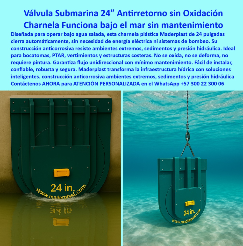 Charnela hidráulica Compuerta Canal Dique Válvula Check Anti Retorno Maderplast 0 compuerta sirve para PTAR en zonas costeras con salinidad Alcaldías ministerios de obras públicas empresas de acueducto compuerta chapaleta Ptar 01 Válvula Submarina 24” Antirretorno sin Oxidación – Charnela Funciona Bajo el Mar Sin Mantenimiento, - En esta imagen se observa una charnela hidráulica Maderplast de 24 pulgadas, especialmente diseñada para operar en ambientes salinos extremos, instalada en un canal costero y sumergida bajo el mar. A la izquierda, la válvula ya instalada garantiza un cierre hermético mediante presión hidráulica sin uso de energía, mientras que a la derecha se aprecia otra tapa verde con manija amarilla suspendida en el mar, durante su proceso de instalación por grúa, lista para acoplarse a una estructura marina. Esta compuerta ha sido fabricada con precisión técnica en polímero de alta ingeniería, libre de partes metálicas expuestas, lo que asegura una operación continua sin óxido, sin pintura y sin mantenimiento. - Maderplast ha desarrollado esta compuerta clapeta plástica para descarga marina como solución definitiva para evitar el reflujo de aguas tratadas o contaminadas en sistemas PTAR costeros, emisarios marinos, vertimientos industriales bajo el mar, bocatomas y estructuras hidráulicas sumergidas. Gracias a su diseño robusto, ligero y funcional, esta válvula plástica sumergida sin energía se activa únicamente por la presión del agua, garantizando un flujo unidireccional preciso incluso en condiciones de salinidad extrema, presión hidráulica variable y acumulación de sedimentos. - A diferencia de las compuertas metálicas, esta charnela ambiental sumergida para emisario no se corroe, no se deforma y mantiene un sello hidráulico estable incluso tras años de inmersión. Es compatible con estructuras públicas e industriales como plantas de tratamiento de aguas residuales costeras, obras de ingeniería marina, diques de vertimiento, alcantarillados costeros y salidas de presión sin retorno. Su tecnología está respaldada por más de 25 años de experiencia comprobada en entornos agresivos, donde otras válvulas fallan. Por eso, alcaldías, ministerios de obras públicas, empresas de acueducto y contratistas de infraestructura hidráulica confían en la compuerta-plástica-24 pulgadas de Maderplast como la solución ideal para garantizar eficiencia operativa, control ambiental y sostenibilidad estructural. - Su construcción liviana permite izaje, transporte e instalación rápida sin maquinaria especializada ni soldadura submarina, y su compatibilidad con drones de inspección, sistemas de monitoreo remoto y estructuras prefabricadas la convierte en una de las tecnologías más eficientes de su clase. Desde mar abierto hasta embalses salobres o descargues costeros, esta válvula demuestra que una solución antirreflujo para diques costeros no necesita energía ni mantenimiento, sólo buen diseño, buen material y la ingeniería de Maderplast. - ¿Te preguntas qué válvula sirve bajo el mar sin óxido? ¿O cuál compuerta funciona en salinidad extrema sin fallos? ¿Buscas una válvula submarina de cierre automático para tu proyecto PTAR o emisario? La respuesta es clara: la compuerta hidráulica para estructuras sumergidas de Maderplast es la solución más confiable, ecológica y técnica del mercado actual. - Contáctenos AHORA para ATENCIÓN PERSONALIZADA en el WhatsApp +57 300 22 300 06 y reciba asesoría directa del equipo de ingeniería Maderplast. Le ayudamos a seleccionar la charnela ideal para su vertimiento costero, bocatoma oPTAR submarina, con entrega rápida, fabricación sobre plano y soporte técnico especializado en válvulas plásticas de gran resistencia. Charnela hidráulica Compuerta Canal Dique Válvula Check Anti Retorno Maderplast 0 compuerta sirve para PTAR en zonas costeras con salinidad, - Alcaldías, ministerios de obras públicas, empresas de acueducto, - compuerta-chapaleta Ptar