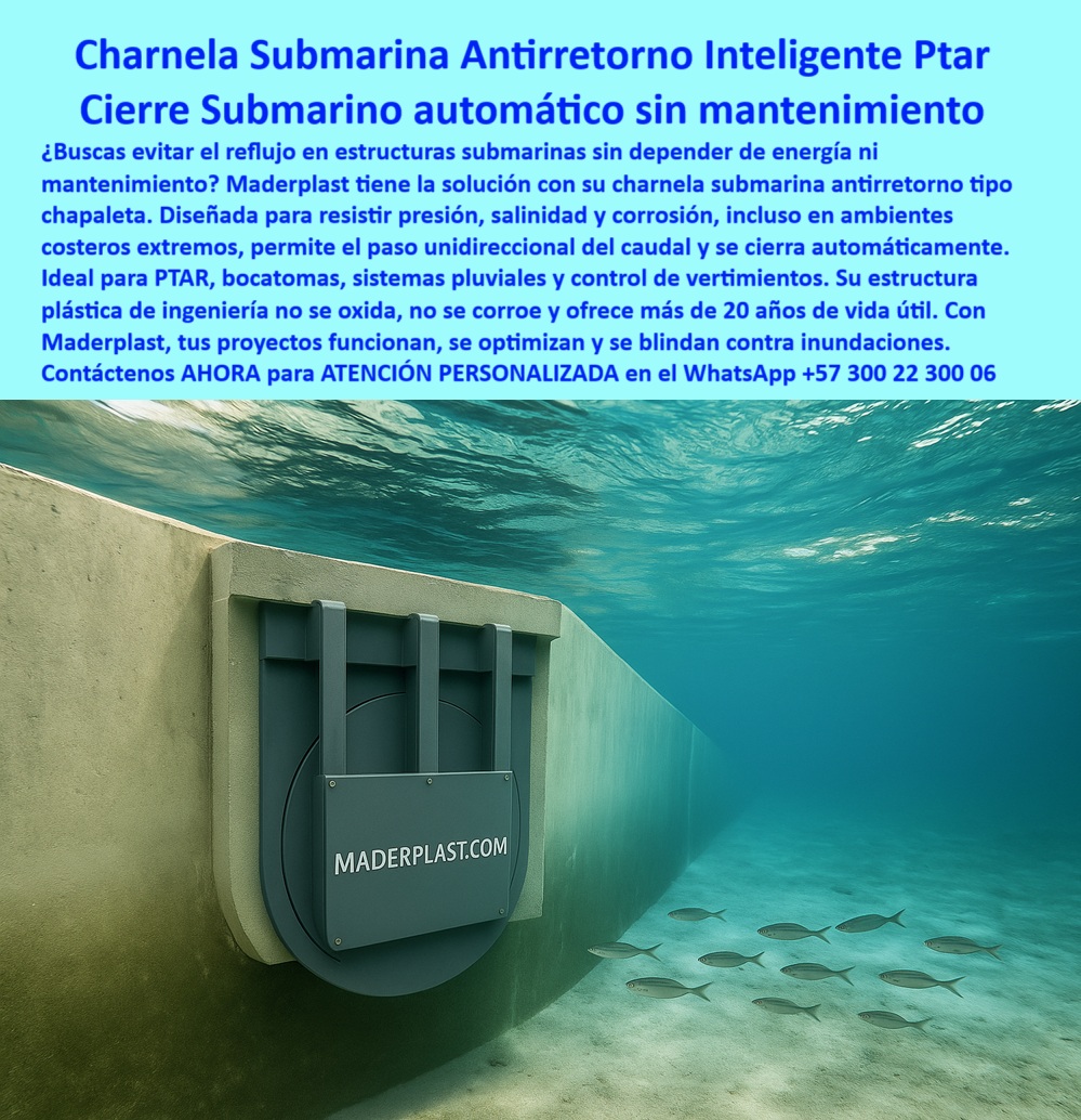 Charnela hidráulica Compuerta Canal Dique Válvula Check Anti Retorno Maderplast 0 solución definitiva para vertimiento costero Dónde consigo una válvula antirretorno plástica de 24 pulgadas Infraestructura para control Charnela 01 Charnela Submarina Antirretorno Inteligente PTAR – Compuerta de Cierre Automático sin Energía para Vertimientos Submarinos, - La imagen ilustra con precisión una de las soluciones más sofisticadas de Maderplast en sistemas hidráulicos pasivos: una charnela hidráulica tipo clapeta, completamente sumergida, operando como válvula check antirretorno plástica para canal dique costero. Este dispositivo fue diseñado para dar respuesta definitiva a una de las exigencias más complejas de la infraestructura hidráulica: cómo controlar el flujo y evitar el reflujo en estructuras submarinas sin depender de presión, sin utilizar energía eléctrica, sin partes metálicas, sin fallas operativas y con mínimo mantenimiento, incluso en ambientes hostiles de alta salinidad, presión natural y residuos orgánicos. - Esta charnela submarina antirretorno es utilizada en emisarios submarinos, bocatomas costeras, canales pluviales y vertimientos ambientales de PTAR. Su principio de funcionamiento está basado en el diseño hidráulico pasivo de presión diferencial. Permite la salida controlada del agua tratada o residual, y bloquea automáticamente el ingreso de aguas marinas, salobres o contaminadas. Lo hace sin intervención humana, sin válvulas mecánicas ni motores, lo que representa una verdadera evolución frente a los sistemas metálicos tradicionales que se oxidan, se traban o requieren vigilancia constante. - En la imagen se observa una compuerta instalada bajo el mar, firmemente embebida en una estructura de concreto. El entorno marino, con peces nadando a su alrededor, refuerza visualmente su resistencia a la presión, a la inmersión permanente y a la corrosión. Este sistema de infraestructura para control de charnela está fabricado en polímero técnico anticorrosivo, con nervaduras de refuerzo, sellos de cierre hermético y geometría autoajustable. Su diseño circular y robusto evita filtraciones, resistiendo impactos, arena, microorganismos y cargas hidráulicas sin deformarse ni atascarse. - Maderplast ha creado una solución que no requiere lubricación, ni intervención eléctrica, ni sistemas auxiliares. Su instalación es directa en estructuras submarinas, sobre canales técnicos, muros de emisarios o salidas de presión reducida. Una válvula antirretorno plástica de 24 pulgadas o más, como la de la imagen, representa una herramienta de ingeniería precisa para proyectos que exigen sostenibilidad, continuidad y cero margen de error. No solo se adapta a entornos marinos, sino que supera los retos de oxidación, colapso por presión inversa y desgaste acelerado. - Esta tecnología Maderplast ha sido aplicada con éxito en vertimientos de aguas servidas tratadas, en obras de mitigación ambiental costera, y en plantas PTAR de alta exigencia. En instalaciones donde el acero falla, donde el bronce se degrada, y donde los sistemas eléctricos colapsan, la charnela hidráulica Maderplast se mantiene operativa por más de 20 años sin fallas, sin reemplazos, y con mínimo mantenimiento – solo revisión preventiva cada temporada, sin desmontaje. - Al utilizar este sistema pasivo, las obras costeras se blindan ante reflujos, protegen sus ecosistemas y cumplen con la normatividad ambiental sin recurrir a energías externas. Es una válvula inteligente por naturaleza, ecológica por diseño y rentable por desempeño. No existe una alternativa más eficiente para entornos donde la presión inversa ocurre sin previo aviso, como mareas, oleajes, o fenómenos meteorológicos extremos. Su uso en PTAR, bocatomas, emisarios y salidas de desarenadores la convierte en el nuevo estándar para drenajes submarinos automatizados. - Si estás desarrollando un emisario marino, una PTAR en zona costera o un sistema pluvial con descarga controlada, esta válvula de control para tubería sumergida es la opción más confiable, moderna y duradera. Maderplast no solo fabrica válvulas; diseña soluciones hidráulicas a medida, validadas por campo, certificadas por operación real y respaldadas por más de 25 años de experiencia técnica en proyectos críticos de infraestructura. - Contáctenos AHORA para ATENCIÓN PERSONALIZADA en el WhatsApp +57 300 22 300 06 y reciba asesoría directa del equipo de ingeniería Maderplast. Nuestro equipo le brindará una solución inmediata en compuertas plásticas submarinas, con fabricación a medida, planos de instalación y resultados garantizados en obra. Maderplast: el cierre perfecto, automático, sin mantenimiento y sin óxido, incluso bajo el mar. Charnela hidráulica Compuerta Canal Dique Válvula Check Anti Retorno Maderplast 0  solución definitiva para vertimiento costero, - Dónde consigo una válvula antirretorno plástica de 24 pulgadas, - Infraestructura para control Charnela