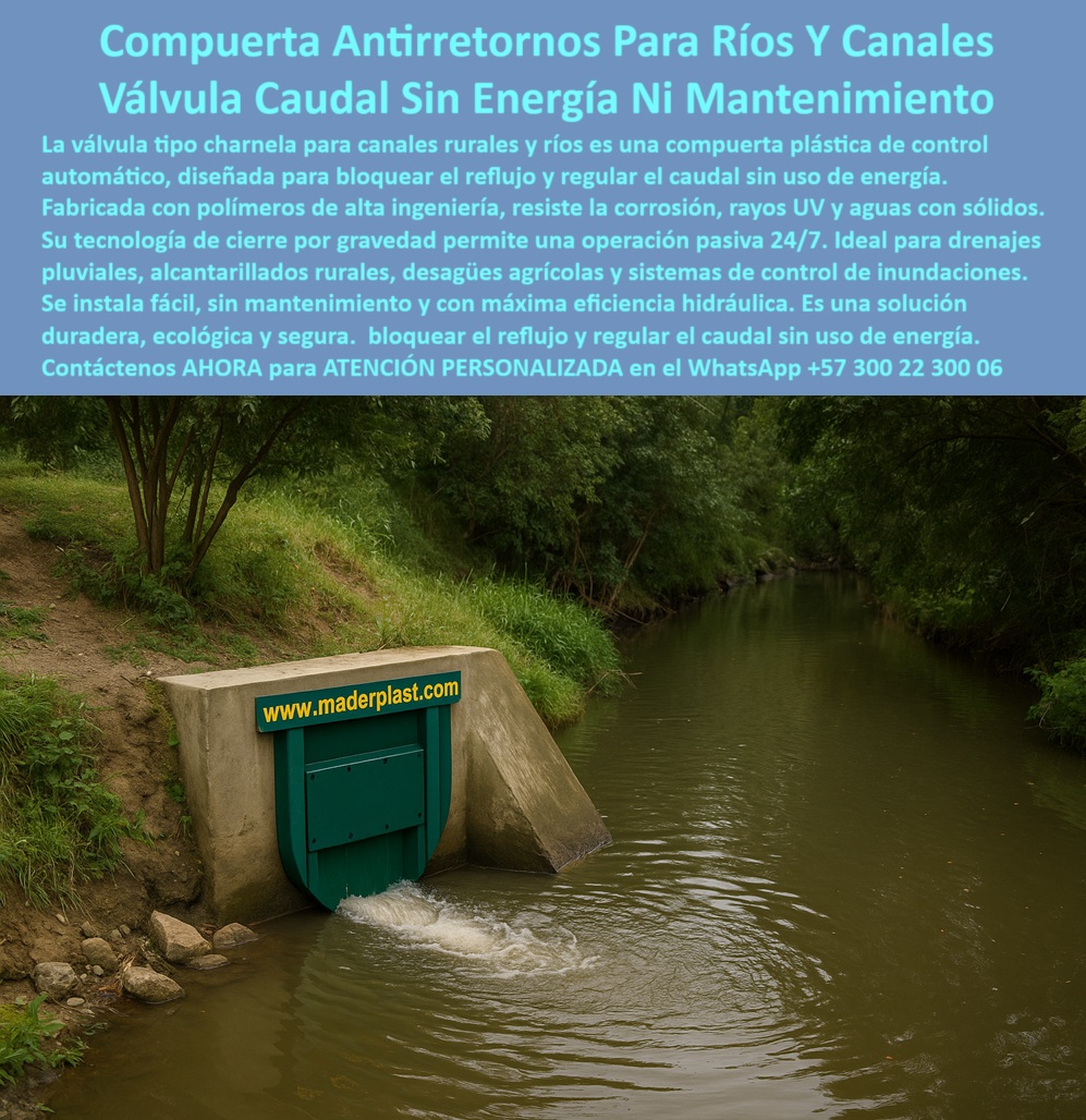 Charnelas Como Instalar Válvula Charnela Paso A Paso Montar Charnelas Maderplast 0 compuertas plásticas para retención aguas en ríos charnela antirretorno canales rurales Charnela de control en río con caudal Canales Ptar 01 La imagen muestra una compuerta tipo charnela plástica para canales rurales y ríos Maderplast instalada estratégicamente sobre una estructura de concreto en un entorno natural, diseñada para operar sin presión, sin electricidad y sin mantenimiento. Este sistema representa la nueva generación de válvula antirretorno sin presión instalada en canal de río, capaz de bloquear el reflujo y regular el caudal sin energía, de forma continua y silenciosa. Ideal para desagües agrícolas, canales ecológicos, obras hidráulicas rurales, bocatomas naturales y zonas con drenajes intermitentes, su desempeño eficiente y su integración armónica con el ambiente la convierten en la solución más respetuosa con el entorno y más segura para las comunidades. - El cuerpo de la compuerta plástica tipo charnela instalada en canal natural rural está fabricado en polímero técnico de alta ingeniería, resistente a la corrosión, rayos UV, químicos y aguas con sólidos, manteniendo su funcionalidad incluso en condiciones extremas. Su sistema de retención de agua sin energía actúa por gravedad, y su diseño liviano facilita su instalación paso a paso incluso en proyectos de baja mecanización, permitiendo que operadores rurales, ingenieros o entidades públicas realicen la obra con facilidad. - Esta tecnología se adapta a cualquier entorno natural sin alterar el paisaje ni generar residuos, lo que la convierte en una verdadera válvula ecológica sin energía ni óxido. Su funcionamiento es continuo las 24 horas del día, los 7 días de la semana, sin intervención humana, manteniendo un flujo controlado y evitando que aguas contaminadas o sedimentadas regresen al canal. El sistema de control de caudal sin presión instalado aquí es una demostración clara de que se puede lograr sostenibilidad hidráulica sin recurrir a motores, sensores ni infraestructura compleja. - La compuerta funciona como una válvula plástica sin mantenimiento para ríos, eficiente y sin riesgo de desajuste. Es, al mismo tiempo, una válvula de gravedad para caudales irregulares, perfecta para proteger zonas rurales, fincas, cultivos, pequeñas plantas de tratamiento PTAR y drenajes ecológicos que requieren compuertas plásticas para retención de aguas en ríos o control de caudal en temporadas de lluvias. Su diseño permite que el flujo se mantenga limpio, dirigido y sin rebotes, incluso en episodios de crecida, actuando como una charnela rural para evitar reflujo en temporada de lluvias. - Con Maderplast, instalar esta solución es práctico, confiable y ecológico. No se necesitan sistemas de bombeo ni sensores electrónicos. Gracias al diseño de charnela antirretorno para canales rurales, el cierre hermético y automático se realiza sin intervención y su mantenimiento se reduce al mínimo: sólo se recomienda una inspección visual antes y después de la temporada lluviosa, sin desinstalación ni herramientas complejas. Es un sistema ecológico de regulación de caudal que se anticipa a las necesidades modernas del campo y los recursos hídricos. - Además, Maderplast ha desarrollado este tipo de compuerta hidráulica sin presión ni mantenimiento en múltiples formatos, adaptables al tamaño del canal, al tipo de obra y al entorno natural. Desde proyectos de control de caudal en fincas rurales, hasta obras de saneamiento y protección de cauces, esta válvula plástica para desagüe agrícola automático ofrece una garantía técnica respaldada por años de experiencia en campo. Es una válvula inteligente de bajo impacto ambiental, útil para entidades municipales, asociaciones de usuarios de riego, ONGs ambientales y profesionales que buscan soluciones reales de largo plazo. - La compuerta de reflujo en zona natural visible en la imagen refleja el compromiso de Maderplast con la ingeniería verde, aportando tecnología sin consumo energético, de bajo impacto, duradera y eficiente. Ya no es necesario recurrir a compuertas metálicas que se oxidan, fallan, se traban o requieren lubricación constante. Esta charnela verde plástica funcionando en drenaje ecológico sustituye esas soluciones obsoletas con una propuesta vanguardista de ingeniería plástica, sin fallos, sin fricción y sin consumo. - Si te estás preguntando cómo instalar charnela antirretorno en canal natural, o cuál válvula anti retorno en drenajes de río, la respuesta es clara: la válvula de control hidráulico pasivo Maderplast. Simple, efectiva y libre de mantenimiento. Un sistema antirretorno pasivo para zonas rurales que bloquea el reflujo sin mecanismos ni costos ocultos, sin depender de presión hidráulica ni asistencia energética. - En resumen, esta charnela antirretorno sin fallos para zonas rurales representa lo mejor de la tecnología ecológica aplicada a la hidráulica, con una estructura de polímero diseñada para durar, adaptarse y proteger. Maderplast lidera el camino hacia sistemas sostenibles, funcionales y de alta confiabilidad, transformando el manejo del agua en el campo con soluciones diseñadas para durar y proteger Charnelas Como Instalar Válvula Charnela Paso A Paso Montar Charnelas Maderplast 0 compuertas plásticas para retención aguas en ríos, - charnela-antirretorno-canales-rurales, Charnela de control en río con caudal Canales Ptar
