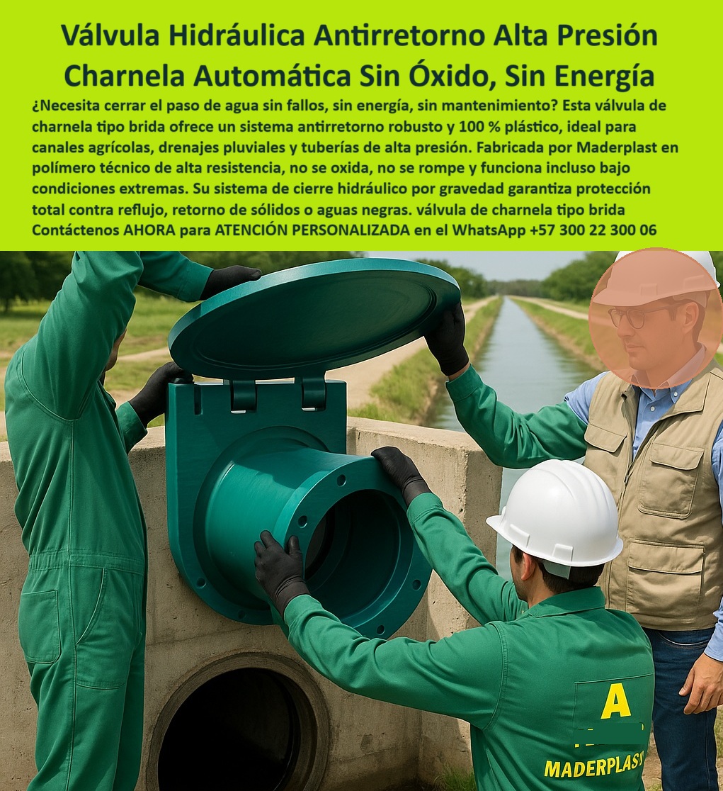 Charnelas Tipo Brida para Tuberías de Alta Presión Válvulas Control de Flujo Maderplast 0 cierre hidráulico plástico flanches con brida de acople Válvula para tubería redonda Sistema antirretorno instalado en canal Ptar 01 La imagen muestra una charnela-de-polímero-reforzado tipo brida en plena instalación sobre una tubería redonda de concreto en un canal agrícola. Dos técnicos de Maderplast ajustan la posición de la tapa hidráulica de acople brida para canal, mientras un supervisor observa la operación con atención. La compuerta circular verde está completamente abierta, revelando su sistema de cierre plástico para tubería redonda de canal. Esta escena es la representación perfecta del avance tecnológico aplicado en campo: una solución que elimina óxido, fallas y complicaciones en zonas rurales e industriales. La imagen evidencia un sistema antirretorno instalado en canal PTAR, robusto, automático y sin necesidad de mantenimiento. - ¿Qué tapa evita reflujo en tuberías de riego? La respuesta es clara: la válvula con sistema de cierre por gravedad sin fallos, una compuerta-de-cierre-hidráulico fabricada completamente en polímero técnico, con apertura automática mediante charnela tipo bisagra sin piezas metálicas. Su diseño circular no sólo garantiza un sistema-de-flujo-unidireccional, sino que además se adapta fácilmente a tuberías de alta presión, redes PTAR, canales agrícolas y sistemas pluviales urbanos. Este es un producto 100 % colombiano de alta ingeniería, que responde a la necesidad de cierre hidráulico plástico flanches con brida de acople sin recurrir a energía ni mecanismos complejos. - ¿Qué válvula es buena para aguas negras sin presión? La válvula circular plástica con ajuste de brida sin energía, que actúa sin fallas gracias a la presión hidráulica natural del sistema. Esta válvula hidráulica antirretorno con brida opera incluso con presencia de residuos, sólidos o gases, y gracias a su sistema pasivo no requiere atención constante. Al ser una compuerta-sin-óxido-ni-mantenimiento, su vida útil supera los 25 años en condiciones reales, como lo han demostrado múltiples instalaciones de Maderplast en todo el país. - ¿Qué válvula sirve para tubería redonda con presión? La válvula plástica tipo brida con cierre hidráulico automático, diseñada para soportar ambientes agresivos, aguas negras, productos químicos, rayos UV y salinidad. Su estructura sin soldaduras ni partes metálicas hace que sea ideal en entornos donde las compuertas tradicionales fracasan por peso o corrosión. Esta válvula-para-tubería-redonda funciona perfectamente en canales rurales, sistemas agrícolas y drenajes industriales. El cierre hidráulico por gravedad sin fallos asegura que no haya retorno de sólidos ni acumulación de residuos que comprometan la operación. - ¿Dónde consigo una compuerta sin óxido para canal? Aquí está: la charnela plástica cierre hermético sin energía que aparece en esta obra hidráulica real. Su sistema de control flujo sin energía garantiza operación continua en acueductos rurales, sistemas de riego, tuberías enterradas y estructuras con alta presión o uso constante. Con un simple empuje del agua, la tapa se activa sin fricción, sin grasa, sin electricidad y sin intervención humana. Su instalación es rápida, segura, compatible con válvulas de control de aguas en canales PTAR, agrícolas y urbanos. - ¿Cuál es la válvula para controlar flujo en canal PTAR? La compuerta con brida para cierre automático y antirretorno, una solución sin óxido, sin mantenimiento, diseñada especialmente como válvula redonda hidráulica sin óxido instalada sobre concreto. Estas charnelas tipo brida para tuberías de alta presión han sido instaladas en múltiples obras de alto desempeño, destacando por su fiabilidad, economía operativa y nula intervención técnica tras su instalación. Este es un verdadero sistema de cierre unidireccional para riego, diseñado desde cero para trabajar en silencio, sin energía, sin excusas. - ¿Qué válvula sirve para controlar aguas negras sin presión? Una válvula automática para aguas negras como esta, que garantiza protección total con cierre hermético. Su resistencia a productos químicos, gases, sólidos y presiones variables la convierten en la válvula antirretorno en polímero resistente más confiable del mercado. - Este sistema es un verdadero ejemplo de sistema hidráulico pasivo para drenaje, con charnela-de-alta-presión y compuerta clapeta circular para PTAP, que no falla, no se traba y no se corroe. La válvula circular resistente para sistemas PTAR Maderplast representa el futuro de las soluciones hidráulicas modernas, desde Colombia para el mundo. - Contáctenos AHORA para ATENCIÓN PERSONALIZADA en el WhatsApp +57 300 22 300 06 y reciba acompañamiento directo del equipo técnico de Maderplast. Porque las soluciones sin mantenimiento no se improvisan: se diseñan, se instalan y se respaldan. Y Maderplast es la marca que lo hace realidad. Tecnología que cierra, ingeniería que fluye. Charnelas Tipo Brida para Tuberías de Alta Presión Válvulas Control de Flujo Maderplast 0 cierre hidráulico plástico flanches con brida de acople, - Válvula para tubería redonda, - Sistema antirretorno instalado en canal Ptar
