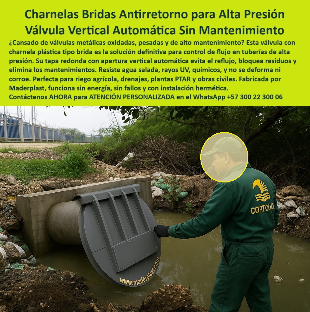 Charnelas Tipo Brida para Tuberías de Alta Presión Válvulas Control de Flujo Maderplast 0 válvula tipo clapeta industrial Tapa de río o canal flanches con brida de acople Canal con cierre de agua flanches con brida Ptar 01 La imagen muestra una charnela hidráulica tipo brida instalada en una tubería de concreto de alta presión, con un entorno natural de canal rural y un operario en inspección visual. La válvula vertical automática sin mantenimiento de Maderplast que aparece en la foto está fabricada completamente en polímero técnico de alta ingeniería, sin partes metálicas, lo cual garantiza una operación confiable, duradera y sin riesgos de oxidación. A diferencia de las compuertas metálicas tradicionales que se corroen, se traban o se deforman con el tiempo, esta tapa hidráulica tipo brida responde únicamente a la presión del fluido para abrirse de forma automática, asegurando un cierre hermético unidireccional que bloquea completamente el retorno de aguas contaminadas, lodos o residuos. - Este sistema de control de flujo con charnela plástica automática es ideal para obras de riego agrícola, canales pluviales, sistemas PTAR, drenajes rurales o alcantarillado de alta exigencia, especialmente en zonas donde el mantenimiento frecuente es costoso o inviable. Gracias a su diseño ligero, la válvula de apertura vertical con cuerpo de polímero técnico puede ser instalada sin grúas, sin soldadura y sin riesgo de chispa, siendo ideal incluso en ambientes con presencia de gases o químicos. Es una válvula antirretorno para alta presión que no necesita energía, no consume recursos eléctricos y funciona las 24 horas sin intervención humana, lo que la convierte en una compuerta pasiva inteligente de nueva generación. - Gildardo, si la pregunta es: ¿Qué tapa sirve para tuberías de alta presión sin óxido, sin fallos y sin mantenimiento?, la respuesta es esta: la compuerta de brida plástica de Maderplast, diseñada para sellar con presión hidráulica en zonas industriales, agrícolas o civiles. ¿Dónde encuentro válvulas tipo brida sin mantenimiento para canales rurales, con lluvia, sol o salinidad? Aquí la tienes. ¿Qué compuerta se usa en riego con alta presión que no se rompa con el tiempo, que no requiere mantenimiento ni personal técnico constante? Esta. ¿Cuál válvula antirretorno no se corroe en contacto con residuos, agua salada o químicos agrícolas? Esta. - La compuerta de brida plástica automática tiene un sistema reforzado de apertura vertical que se adapta a cualquier infraestructura hidráulica con exigencias técnicas altas. Su forma redonda con brida de acople hermético es compatible con tuberías prefabricadas o canales abiertos, y su diseño estético y técnico supera los estándares de normativas en seguridad, sellado y eficiencia. Por eso es ideal no solo para el agro, sino también para proyectos PTAR, vertimientos, control de inundaciones, canales de aguas lluvias y redes de control hídrico sin presión constante. - Es un sistema sin partes metálicas, sin óxido, sin deformación, con resistencia comprobada a rayos UV, químicos, impactos y abrasión. Y lo más importante: con cero mantenimiento, lo cual representa ahorro económico, eficiencia operativa y tranquilidad técnica para el ingeniero, el operador o el contratista. - Contáctenos AHORA para ATENCIÓN PERSONALIZADA en el WhatsApp +57 300 22 300 06 y reciba acompañamiento directo del equipo técnico de Maderplast. Porque en hidráulica, la presión no perdona. La corrosión no espera. Pero Maderplast responde. Con ingeniería real. Con sellos que duran décadas. Con resultados que hablan por sí solos. Charnelas Tipo Brida para Tuberías de Alta Presión Válvulas Control de Flujo Maderplast 0  válvula tipo clapeta industrial, - Tapa de río o canal flanches con brida de acople, - Canal con cierre de agua flanches con brida Ptar