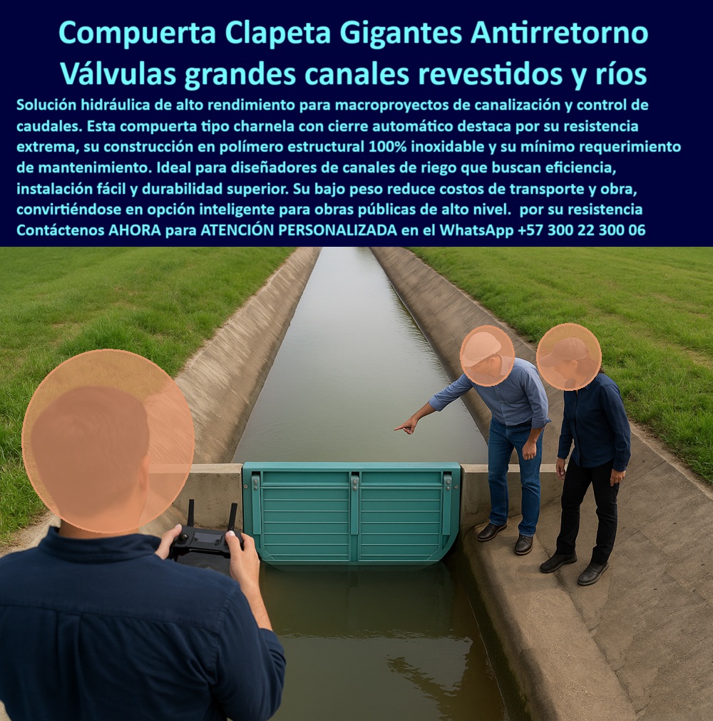 Compuertas Antirretorno Tipo Charnela En Canales Ríos Obra Hidráulica Maderplast 0 Compuerta hidráulica con cierre automático Puertecilla gigante para obras públicas Compuerta tipo clapeta canal revestido Regulador Ptap 01 La imagen muestra la Compuerta Clapeta Gigantes Antirretorno Maderplast, la solución hidráulica de alto rendimiento diseñada para macroproyectos en canales revestidos y ríos. Esta compuerta tipo charnela con cierre automático destaca por su resistencia extrema, gracias a su construcción en polímero estructural 100% inoxidable, garantizando un mínimo requerimiento de mantenimiento. Ideal para diseñadores de canales de riego y obras públicas que buscan eficiencia, una instalación fácil y una durabilidad superior inquebrantable. Su bajo peso no solo reduce significativamente los costos de transporte y obra, sino que la convierte en una opción inteligente y líder para proyectos de alto nivel. Elija la fiabilidad y tecnología de Maderplast para asegurar un control de caudal óptimo, sin óxido ni preocupaciones, por décadas, - Esta compuerta hidráulica con cierre automático, fabricada por Maderplast, se posiciona como una de las más innovadoras del mercado gracias a su estructura robusta y al uso de polímero de alta ingeniería, lo que la hace ideal como puertecilla gigante para obras públicas donde se requiere una solución sin mantenimiento, con excelente sellado y fácil operación. Al funcionar como compuerta tipo clapeta canal revestido, se adapta perfectamente a canales con concreto, superficies pulidas o ríos controlados, entregando un rendimiento constante incluso en condiciones extremas. - El diseño de esta compuerta garantiza una operación confiable en aplicaciones como compuertas antirretorno tipo charnela en canales ríos obra hidráulica Maderplast, asegurando flujo en una sola dirección y evitando el retroceso de agua, lo que protege infraestructuras, cultivos y zonas urbanas. Esta tecnología puede integrarse también como regulador PTAP, aportando control exacto sobre el paso de caudales en plantas de tratamiento de agua potable y residual. - Su eficiencia estructural reduce esfuerzos en la obra civil, al ser mucho más liviana que una compuerta metálica, lo que permite tiempos de instalación menores y ahorro en maquinaria pesada, haciendo de esta tecnología una aliada para ingenieros que buscan soluciones económicas, efectivas y resistentes. Además, su resistencia extrema al óxido, impactos y deformaciones la convierten en una herramienta fundamental para zonas de alta exigencia climática y operativa. - Esta solución hidráulica de alto rendimiento no solo protege contra inundaciones y vertimientos, sino que también aporta valor ambiental, al evitar el uso de metales contaminantes y prolongar la vida útil de la infraestructura. Está pensada para trabajar sin interrupciones, con la confiabilidad que exige el sector público y privado. Compuertas Antirretorno Tipo Charnela En Canales Ríos Obra Hidráulica Maderplast 0 Compuerta hidráulica con cierre automático, - Puertecilla gigante para obras públicas, - Compuerta tipo clapeta canal revestido Regulador Ptap