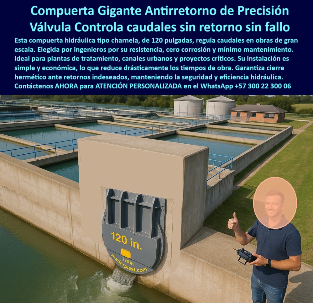 Compuertas Antirretorno Tipo Charnela En Canales Ríos Obra Hidráulica Maderplast 0 Regulador de caudal para drenajes urbanos Control de agua en canales con tapa Solución para evitar retorno de agua Compuertas canal Ptap 01 La imagen muestra una obra de ingeniería hidráulica en la que destaca con contundencia la compuerta tipo charnela de 120 pulgadas Maderplast, una solución sin precedentes en el mercado, diseñada para el control de caudales sin retorno y sin fallos, ideal para aplicaciones de gran escala como PTAR, PTAP, plantas de tratamiento de aguas residuales, canales urbanos e incluso sistemas de infraestructura industrial crítica. - Esta compuerta hidráulica gigante de 120 pulgadas, fabricada en polímero técnico anticorrosivo, es capaz de resistir los desafíos más severos que enfrentan las instalaciones hidráulicas modernas: desde químicos agresivos y rayos UV intensos, hasta aguas saladas, gases residuales y ambientes contaminados. Gracias a su diseño pasivo de cierre automático por gravedad, funciona sin electricidad, sin presión añadida, y sin necesidad de mantenimiento continuó, posicionándose como la válvula antirretorno para tratamiento de agua potable más confiable del mercado. - Este modelo de charnela gigante de cierre automático por gravedad ha sido elegido por ingenieros hidráulicos, operadores de PTAR y contratistas especializados por su precisión industrial, su facilidad de instalación en muros de concreto, y su operación totalmente autónoma. En la imagen, se aprecia su perfecta integración en la infraestructura de una planta de tratamiento, donde regula grandes volúmenes de agua tratada, eliminando por completo cualquier riesgo de retorno no deseado al sistema. - Al no requerir energía ni presión adicional, esta compuerta hidráulica sin óxido para tratamiento de aguas garantiza un funcionamiento silencioso, confiable y seguro. Es especialmente útil como solución para evitar retorno de agua en procesos sanitarios críticos, cumpliendo con las exigencias técnicas de los proyectos hidráulicos más ambiciosos. El sistema asegura un cierre hermético ante caudales inversos o sobre demandas de presión, evitando derrames, fallos operativos o contaminación cruzada en plantas de gran capacidad. - Como parte del portafolio de alto rendimiento de Maderplast, esta tecnología incluye una válvula plástica industrial para descarga de aguas tratadas, que puede utilizarse como compuerta reforzada con cierre automático, válvula para PTAP con sistema pasivo sin fallos, o incluso como compuerta de seguridad para canales industriales. Además, se adapta como tapa hidráulica para control de reflujo en redes sanitarias, o como tapa plástica para infraestructura hidráulica donde se requiere una válvula de control de caudales industriales, sin exposición a corrosión ni desajustes estructurales. - ¿Te preguntas cuál es la mejor compuerta para evitar el retorno de agua en un sistema de drenaje o planta de agua? Maderplast responde con esta válvula plástica de gran formato para control de caudal PTAR, que opera como un sistema antirretorno de gran capacidad, confiable y de instalación simple. Su estructura liviana pero robusta permite optimizar los tiempos de obra, reduciendo costos y asegurando continuidad operacional en proyectos donde el tiempo y la eficiencia valen oro. - Esta compuerta tipo clapeta de gran tamaño para canales, fabricada en polipropileno técnico reforzado, también se adapta perfectamente cómo compuerta hidráulica gris con sello hermético y sin mantenimiento, lo cual la convierte en la opción ideal para cualquier profesional que requiera una compuerta plástica reforzada para PTAP, o bien una válvula plástica de alta precisión para obras hidráulicas que enfrentan condiciones extremas. - Con Maderplast, encuentras mucho más que una tapa: acceder a tecnología hidráulica profesional, diseñada con visión de largo plazo y una clara misión: ofrecer compuertas para el futuro. Desde sistemas antirretorno industriales con compuerta reforzada, hasta charnelas plásticas para plantas de tratamiento, nuestra solución está pensada para durar más de dos décadas sin óxido, sin errores, sin energía, y sin excusas. - ¿Quieres saber qué compuerta se usa en plantas de tratamiento de aguas? ¿Dónde adquirir una válvula sin presión ni energía de gran escala? ¿Cuál es la tapa hidráulica para canal de concreto más duradera? La respuesta es esta misma: la compuerta hidráulica 120 pulgadas PTAR Maderplast, la elección inteligente para quienes entienden que cada metro cúbico cuenta. Compuertas Antirretorno Tipo Charnela En Canales Ríos Obra Hidráulica Maderplast 0 Regulador de caudal para drenajes urbanos, - Control de agua en canales con tapa, - Solución para evitar retorno de agua, Compuertas canal Ptap