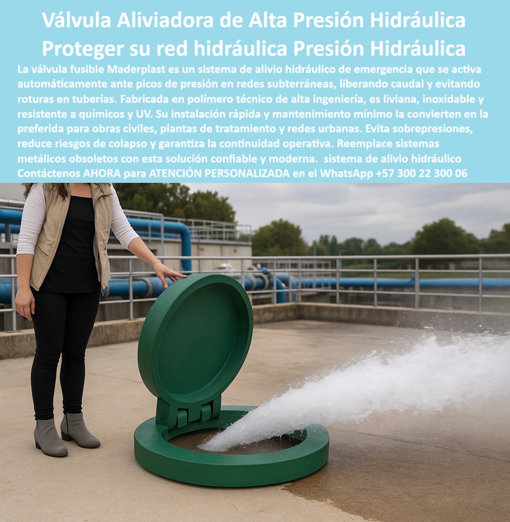 Control De Caudales Charnelas Compuertas Y Válvulas Fusible De Seguridad Maderplast 0 Obra civil hidráulica como se instalan válvulas Válvulas para ríos encauzados Válvula plástica grande Sistemas de control de inunda 01 La imagen documenta el funcionamiento en tiempo real de una válvula aliviadora de alta presión hidráulica, desarrollada por Maderplast como parte de su línea de sistemas de seguridad pasiva para redes urbanas, estaciones de bombeo y plantas de tratamiento de agua. En primer plano se observa el momento exacto en que una tapa plástica tipo fusible hidráulico se activa sin intervención humana, expulsando un caudal a presión con fuerza visible. La operaria junto a la válvula valida el proceso, dejando ver que este sistema no necesita motores, mecanismos complejos ni sistemas metálicos, sino que funciona exclusivamente por presión hidráulica interna, como parte de un sistema de alivio pasivo sin energía en redes hídricas. - Este tipo de compuerta de alivio para colapsos en red ha sido diseñado para actuar cuando los picos de presión superan el umbral operativo seguro, liberando el exceso de caudal y evitando así la rotura de tuberías, el deterioro de uniones, o el colapso de estaciones elevadoras. El sistema anti colapso por presión en cañerías de Maderplast responde al instante, garantizando que las redes hidráulicas, tanto urbanas como industriales o rurales, se mantengan funcionales incluso en condiciones críticas. En lugar de recurrir a materiales metálicos pesados, susceptibles a la corrosión, esta válvula plástica grande está fabricada en polímero técnico de alto desempeño, totalmente resistente a químicos, rayos UV, salinidad, humedad y condiciones de exposición prolongadas. - Su ligereza no compromete su robustez. Al contrario, permite una instalación rápida y segura, perfecta para cualquier obra civil hidráulica donde se busque proteger la infraestructura sin sumar costos de mantenimiento ni elementos eléctricos. Este sistema es ideal para plantas de tratamiento, redes subterráneas, ductos urbanos de alta carga y hasta para vías hidráulicas en ríos encauzados, donde un evento de sobrepresión puede comprometer cientos de metros de red. - Al operar bajo el principio de válvula de seguridad hidráulica, esta solución garantiza la continuidad operativa sin interrupciones, pues al abrirse sólo cuando la presión lo exige, la red nunca se ve sobreexpuesta ni interrumpida. Su diseño permite que la descarga se realice en dirección vertical con una tapa tipo compuerta giratoria, que no se atasca ni sufre desgaste mecánico. Esto convierte a este sistema en una alternativa directa frente a las soluciones metálicas obsoletas, que suelen oxidarse o colapsar tras el primer fallo. - Ya no es necesario preguntarse qué válvula usar para aliviar presión en tuberías, ni depender de compresores o sistemas presurizados complejos. Maderplast ha respondido a esta necesidad del mercado con una válvula plástica sin metal, confiable, ecológica, y lista para operar en condiciones de exigencia. Desde su instalación en sistemas de control de inundación, hasta su uso en redes hidráulicas municipales, esta válvula ofrece todo lo que una obra moderna requiere: resistencia estructural, eficiencia hidráulica, cero mantenimiento, y una activación precisa que evita cualquier rotura prematura. - La estructura verde de la válvula se convierte así en un símbolo de seguridad operativa. Su diseño está pensado no solo para liberar caudal en caso de emergencia, sino también para ser fácilmente inspeccionada visualmente o incluso mediante sistemas de monitoreo remoto. Se integra de forma armónica en instalaciones nuevas o rehabilitaciones de red, tanto en proyectos urbanos como en desarrollos industriales. Es más que una compuerta: es una válvula de protección para obras hidráulicas, una solución moderna para presión excesiva y un recurso que transforma las viejas preocupaciones por picos de presión en una oportunidad para elevar los estándares técnicos del sistema. - Si buscas implementar un sistema que combine inteligencia hidráulica, respuesta automática y cero mantenimiento, esta es la válvula de liberación en plantas de agua que se adapta a las condiciones actuales. Para conocer sus especificaciones, compatibilidades con diferentes redes y parámetros de presión crítica, contáctanos ahora a través de WhatsApp +57 300 22 300 06, y accede a ATENCIÓN PERSONALIZADA con respaldo técnico directo del equipo de ingeniería Maderplast, expertos en diseñar sistemas fusibles de alivio de presión en redes con visión de futuro, durabilidad extrema y tecnología sin compromisos. Control De Caudales Charnelas Compuertas Y Válvulas Fusible De Seguridad Maderplast 0 Obra civil hidráulica como se instalan válvulas, - Válvulas para ríos encauzados, - Válvula plástica grande, - Sistemas de control de inunda