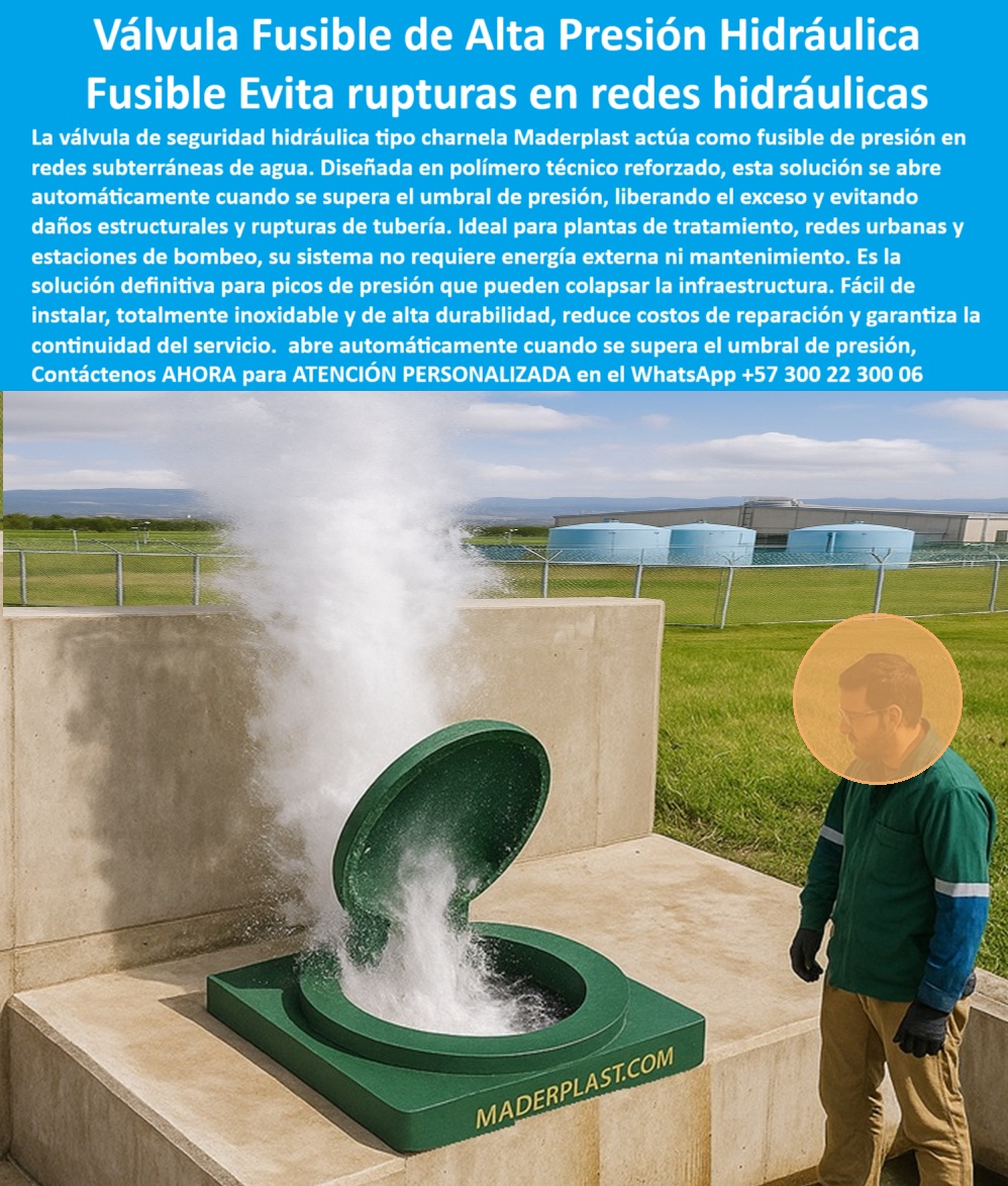 Control De Caudales Charnelas Compuertas Y Válvulas Fusible De Seguridad Maderplast 0 ingeniería plástica paso a paso instalación chapaletas Soluciones en control de agua pasos instalación chapaletas Alta Presión con charnela 01 Válvula Fusible de Alta Presión Maderplast: Solución Hidráulica Sin Energía Contra Rupturas en Redes de Agua, - La imagen presenta en plena acción una válvula fusible de alta presión hidráulica tipo charnela, fabricada por Maderplast, funcionando como un potente fusible-para-tuberías. Esta válvula-de-seguridad está diseñada para actuar como sistema de alivio automático por exceso de presión, liberando de forma inmediata el caudal cuando se supera el umbral crítico, evitando fallas estructurales, daños materiales o rupturas en redes hidráulicas subterráneas y urbanas. - Este tipo de válvula-fusible-hidráulica se fabrica en polímero técnico reforzado, lo que la convierte en una válvula técnica de seguridad plástica de larga vida útil, completamente libre de óxido, sin partes metálicas y sin necesidad de mantenimiento. Su instalación sobre módulo de concreto se observa en la imagen, junto a un operario, lo que da escala y contexto al funcionamiento real del fusible hidráulico en acción junto al operario. Esta es una solución ideal para plantas de tratamiento, estaciones de bombeo, redes urbanas y sistemas de agua presurizada. - Cuando hay un aumento crítico de presión, la tapa hidráulica contra presión interna se abre automáticamente, cumpliendo su función como válvula alivio pasiva sin energía, reduciendo la presión acumulada sin intervención humana. Este mecanismo inteligente de seguridad es un claro ejemplo de charnela apertura por presión, y actúa como una compuerta alivio alta presión eficaz para proteger redes de agua. - Este sistema de control pasivo de presión permite mantener la seguridad hidráulica-activa incluso en condiciones extremas. Y si te preguntas: ¿Qué válvula usar para aliviar sobrepresión hidráulica?, ¿Qué compuerta evita roturas en tuberías de agua? o ¿Qué usar para liberar presión en plantas de agua?, la respuesta más eficiente es la válvula fusible presión hidráulica de Maderplast. - Gracias a su diseño sin energía, esta válvula sin energía anti ruptura funciona como una válvula automática para redes hidráulicas, perfecta para ambientes donde el tiempo de reacción es crítico. Su rápida activación ante presión extrema convierte este sistema en una solución eficaz de control-alta-presión, complementando la ingeniería plástica paso a paso instalación chapaletas y otros soluciones en control de agua pasos instalación chapaletas que Maderplast ofrece al mercado. - Este producto también es una compuerta técnica contra ruptura de tubería, usada como válvula de alivio pasiva sin energía, que ayuda a proteger infraestructura crítica. Su diseño compacto y confiable la posiciona como una compuerta-anti-rotura, ideal en condiciones donde otras válvulas no responden a tiempo. - La válvula plástica anti ruptura en infraestructura hidráulica funciona también como compuerta de alivio por sobrepresión, y está recomendada para quienes buscan una solución-sobrepresión-red sin riesgo de colapso. Su estructura es similar a una compuerta verde técnica plástica, pensada para sistemas donde se requiere respuesta instantánea. - Además, es una válvula de seguridad para presión hidráulica que elimina la necesidad de costosos equipos de energía o monitoreo continuo. Esta charnela-de-emergencia actúa como compuerta alivia sobrepresión sin motor, reforzando la seguridad urbana y garantizando la continuidad del servicio hidráulico sin interrupciones. - Es también una solución para preguntas como:, - 🔹 ¿Dónde venden válvula fusible de alta presión?, - 🔹 ¿Qué válvula abre sola si hay presión extrema?, - 🔹 ¿Cuál es la mejor válvula técnica para plantas de tratamiento?, - Su uso como tapa hidráulica apertura forzada, válvula de desahogo para presión urbana, válvula liberadora de presión de red, o sistema de alivio para redes subterráneas, demuestra la versatilidad de esta válvula de control de presurización. - Maderplast ha desarrollado este producto como parte de su línea de Control De Caudales Charnelas Compuertas Y Válvulas Fusible De Seguridad Maderplast, ofreciendo soluciones duraderas, sostenibles y de alto rendimiento para obras públicas, infraestructura hidráulica, proyectos urbanos e industriales. - 📲 ¿Necesitas una válvula de seguridad urbana o una solución hidráulica contra presión excesiva? Contáctanos ahora por WhatsApp +57 300 22 300 06 para recibir atención personalizada, asesoría técnica y precios directos de fábrica. Control De Caudales Charnelas Compuertas Y Válvulas Fusible De Seguridad Maderplast 0 ingeniería plástica paso a paso instalación chapaletas, - Soluciones en control de agua pasos instalación chapaletas, -  Alta Presión con charnela