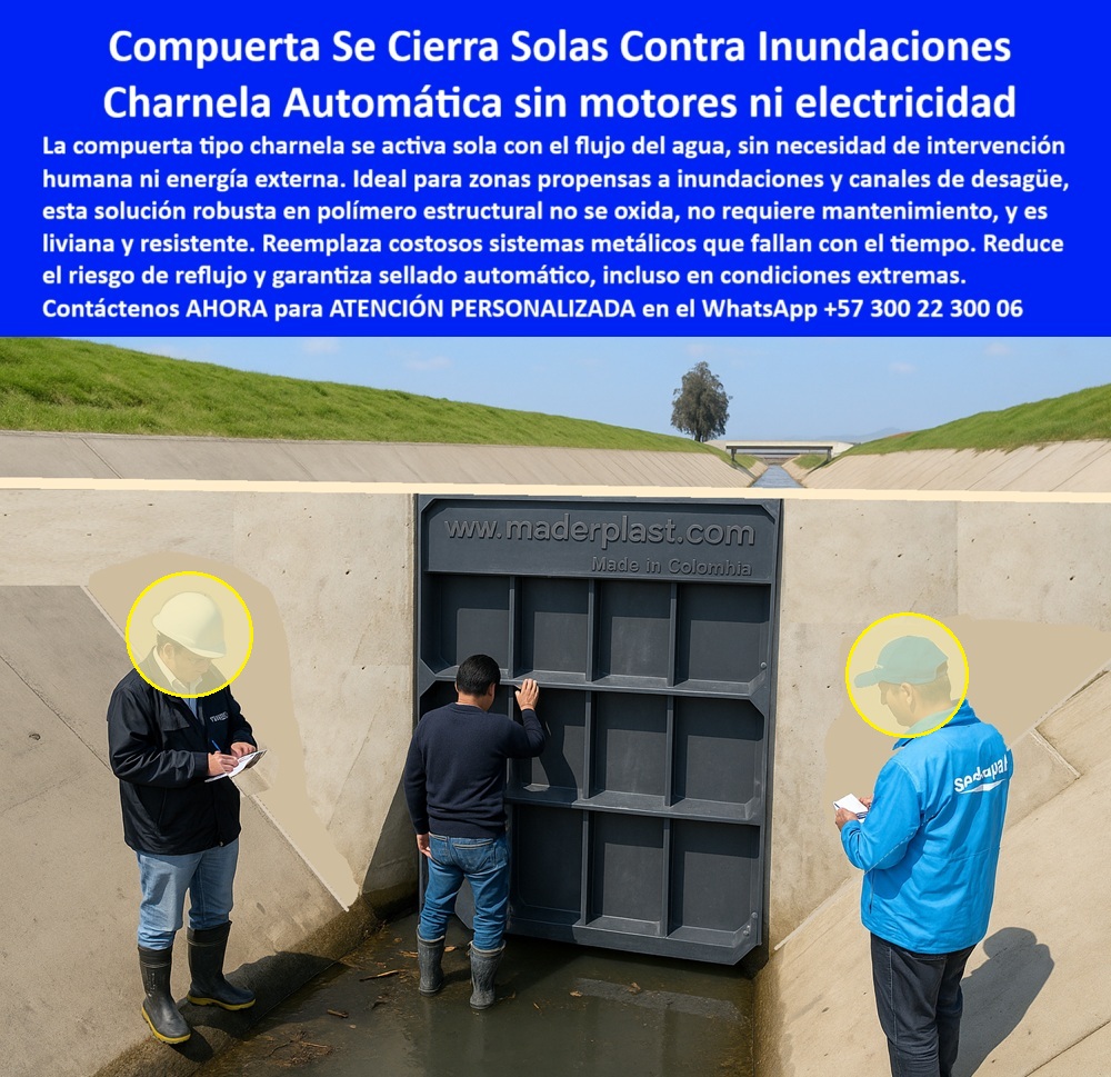 Instalación De Compuerta Charnela Gran Formato Para Obras Hidráulicas Maderplast 0 Compuerta industrial para proyectos de control hídrico zonas vulnerables a inundaciones. Cómo se llama la compuerta que se cierra solas Ptap 01 En esta instalación real se aprecia una compuerta hidráulica gran formato automática tipo charnela, de color negro, montada en un canal urbano de concreto de grandes dimensiones. Tres técnicos evalúan visualmente el cierre mientras toman anotaciones, demostrando el compromiso técnico con una solución de compuerta industrial para proyectos de control hídrico en zonas vulnerables a inundaciones, sin intervención humana ni energía externa. La estructura vertical, tipo rejilla, está completamente fabricada en polímero técnico estructural, lo que elimina por completo el óxido, las partes móviles metálicas, los motores o los sistemas eléctricos propensos a fallas. - La pregunta clave para ingenieros, alcaldías y usuarios rurales es: ¿Cómo se llama la compuerta que se cierra solas PTAP? La respuesta la vemos en acción: es la charnela automática sin motores ni electricidad, diseñada por Maderplast, y desarrollada específicamente como un sistema antirretorno de gran escala para canales, tanto en zonas agrícolas como urbanas. Esta charnela industrial para canales de concreto es una alternativa moderna que elimina las complicaciones de mantenimiento, reduce costos y responde automáticamente ante lluvias, desbordamientos o reflujos. - Este tipo de compuerta tipo charnela anti retorno para PTAP, con su gran formato y sellado hermético, representa la evolución de la ingeniería plástica para obras civiles modernas. La tapa está diseñada para responder al flujo del agua, cerrándose automáticamente y sellando el canal sin uso de electricidad. Por eso, a la pregunta ¿Qué compuerta sirve para evitar inundaciones en canales grandes?, la respuesta es clara: una compuerta tipo rejilla para obras hidráulicas, con diseño unidireccional pasivo y durabilidad comprobada. - Gracias a su resistencia estructural, esta válvula tipo rejilla de polímero estructural opera sin deformaciones, no requiere mantenimiento, y es inmune al óxido, a los químicos y a los rayos UV. Su uso es ideal en canales pluviales, zonas de desagüe, sistemas de alcantarillado y obras de evacuación en zonas propensas a crecidas. Esta es la razón por la que cada vez más ingenieros especifican compuertas sin electricidad instaladas en canal, confiando en su operatividad 24/7 sin fallas. - ¿Qué charnela funciona sola en zonas de alto riesgo? Una charnela plástica tipo rejilla para flujo controlado, que responde por gravedad, sin necesidad de motores ni intervención. Y eso se demuestra en la imagen, donde una compuerta plástica negra tipo rejilla instalada en canal responde ante la presencia de agua como si tuviera vida propia. Este sistema antirretorno de gran escala hidráulico garantiza que no haya retroceso, y que la seguridad hidráulica se mantenga incluso en condiciones críticas. - ¿Dónde consigo una compuerta sin mantenimiento? Aquí mismo: una compuerta hidráulica plástica sin mantenimiento, como la instalada en este canal. Es ligera, robusta y su instalación no requiere grúas ni soldaduras, reduciendo tiempos y costos de obra. Esta compuerta de canal sin piezas metálicas móviles se convierte así en el estándar para municipios, distritos de riego y entidades ambientales que buscan tecnología confiable, duradera y ecológica. - ¿Qué compuerta evitar reflujos sin energía? La válvula hidráulica de gran formato por gravedad, que aquí se observa operando sin motores, sin interruptores y sin personas activándose. Simplemente responde al agua y la contiene. Su diseño está pensado para sustituir las compuertas metálicas fallidas en sistemas de canalización, sin necesidad de mantenimiento ni calibración. - Charnela de gran formato sin motor inspeccionada en obra, compuerta para control de caudal en zonas rurales, válvula automática vertical de cierre pasivo, charnela sin motor para obras hidráulicas... todas estas frases describen lo que el usuario busca, pero solo Maderplast lo ofrece en un solo producto. Además, esta tapa plástica anti inundación sin energía es ideal para obras públicas, infraestructura de riego urbano y proyectos de canalización sostenible. - ¿Cuál es la compuerta que se cierra sola sin electricidad? Es la charnela plástica hidráulica con cierre automático, una tecnología creada por Maderplast que ahora forma parte de la nueva generación de soluciones hidráulicas inteligentes. Porque proteger un canal sin energía, en zonas críticas, ya no es una opción: es una necesidad que exige una solución a la altura. - Contáctenos AHORA para ATENCIÓN PERSONALIZADA en el WhatsApp +57 300 22 300 06 y reciba acompañamiento directo del equipo técnico de Maderplast. Porque cuando el agua sube, la compuerta baja. Y cuando todo falla, Maderplast responde. Tecnología sin óxido, sin excusas y sin fallos Instalación De Compuerta Charnela Gran Formato Para Obras Hidráulicas Maderplast 0 Compuerta industrial para proyectos de control hídrico zonas vulnerables a inundaciones., - Cómo se llama la compuerta que se cierra solas Ptap