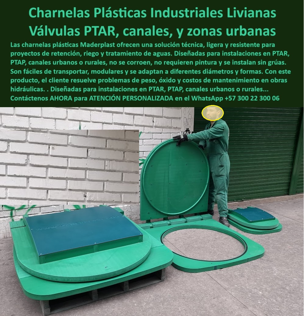 Proveedor Charnelas Grandes Medianas Ptar Ptap Catálogo Brochure Maderplast 0 compuerta ambiental de retención en zona urbana charnela industrial para proyectos de riego y acueducto compuerta hidráulica liviana canal ptar 01 En esta imagen observamos una escena que representa perfectamente la filosofía de Maderplast: tecnología plástica aplicada con ingeniería de alto rendimiento para soluciones reales. Un operario de Maderplast, en uniforme técnico, sostiene con una sola mano una charnela plástica ligera para canal urbano, demostrando en tiempo real que una compuerta-hidráulica-liviana-canal no requiere grúas, ni maquinaria pesada. A sus pies, organizadas sobre tarimas de transporte, reposan compuertas circulares listas para instalación, en diferentes medidas y configuraciones, listas para ir a obras de PTAR, PTAP, canales urbanos y zonas rurales. - Estas charnelas plásticas industriales livianas han sido desarrolladas con polímero técnico de alta ingeniería, libre de óxidos, resistente a químicos agresivos, rayos UV, humedad constante y presión hidráulica. Cada válvula-para-sistema-pluvial o sanitario ha sido diseñada para funcionar por gravedad o presión del agua, abriéndose al paso del caudal y cerrándose automáticamente para evitar el retorno sin necesidad de energía eléctrica ni mantenimiento periódico. Por eso se convierten en la solución preferida en proyectos de riego y acueducto, así como en estructuras urbanas, donde el óxido, el peso excesivo y los altos costos de mantenimiento han sido históricamente un problema. - Maderplast ofrece más que productos: ofrece confianza. Cada charnela industrial para proyectos hídricos está fabricada para adaptarse a distintos diámetros, presiones y condiciones ambientales. Desde una compuerta circular sin metal junto a pared blanca, como la que aparece en esta imagen, hasta una charnela-plástica-liviana para instalar en zonas sin acceso a grúa, todas las versiones se destacan por su ingeniería funcional. Con tapa hidráulica sin óxido para riego, válvula plástica para acueductos rurales, y compuerta ambiental de retención en zona urbana, los beneficios se vuelven evidentes: más liviana, más segura, más rápida de instalar y sin fallas. - ¿Te preguntas qué tapa usar para planta de tratamiento que no se corroe ni se atasque? Esta es. ¿Necesitas saber cómo instalar charnelas sin grúas en una red fluvial? Aquí lo estás viendo. ¿Buscas una tapa de acceso hidráulico industrial que no necesite pintura ni recubrimiento anticorrosivo? Maderplast ya la tiene lista para ti. La imagen no miente: el operario manipula una válvula plástica industrial sin esfuerzo, con confianza, porque sabe que está diseñada para proyectos de captación y vertimientos, para zonas contaminadas, para obras sanitarias exigentes. - Estas compuertas plásticas para sistemas PTAR, tapones plásticos para conducción sanitaria, y charnelas de gran diámetro para vertimiento, se están convirtiendo en el nuevo estándar en la infraestructura hídrica colombiana y más allá. Porque están pensadas no solo para resolver, sino para perdurar. Porque la calidad no necesita mantenimiento cuando se diseña con visión. - Contáctenos AHORA para ATENCIÓN PERSONALIZADA en el WhatsApp +57 300 22 300 06 y reciba acompañamiento directo del equipo técnico de Maderplast. Porque los grandes proyectos hidráulicos no comienzan con metal ni terminan con óxido. Comienzan con polímero, con precisión, con compromiso. Comienzan con Maderplast. Proveedor Charnelas Grandes Medianas Ptar Ptap Catálogo Brochure Maderplast 0 compuerta ambiental de retención en zona urbana, - charnela industrial para proyectos de riego y acueducto, compuerta-hidráulica-liviana-canal ptar