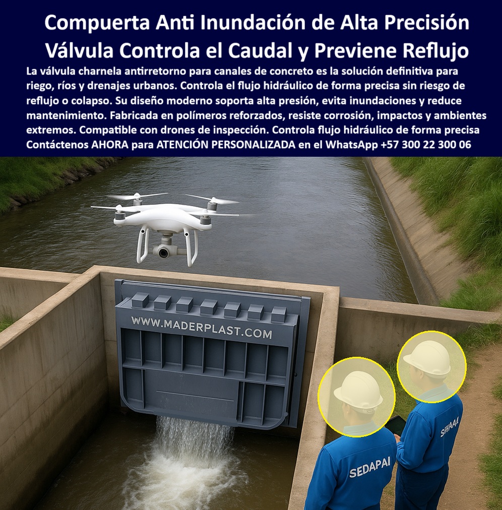 Válvulas Y Control Hidráulico Canales De Riego Compuertas Charnelas Maderplast 0 charnela canal concreto válvula hidráulica antirretorno válvula charnela moderna válvula abatible ríos soluciones anti inundación Ptar 01  Compuerta Anti Inundación de Alta Precisión Maderplast – Válvula que Controla el Caudal y Previene el Reflujo sin Energía, - La imagen evidencia una aplicación real de la tecnología Maderplast en un canal de concreto donde ha sido instalada una compuerta hidráulica plástica tipo charnela, diseñada para actuar como válvula antirretorno para canales de riego, ríos o drenajes urbanos. Esta válvula de caudal para canal concreto, fabricada en polímero técnico reforzado, tiene un diseño moderno y resistente que la posiciona como una de las soluciones más efectivas para el control fluvial preventivo sin energía ni mantenimiento. - Se observa el funcionamiento preciso de una válvula abatible para controlar flujo en obras civiles capaz de operar por presión hidráulica sin intervención eléctrica ni mecanismos móviles metálicos. Su superficie gris de alta densidad con estructura nervada garantiza la resistencia estructural contra flujos intensos, sedimentos y cambios bruscos de presión, propios de sistemas de drenaje urbano o agrícola. Su diseño compacto y su apertura unidireccional automática convierten a esta válvula hidráulica plástica antirretorno en una solución definitiva para evitar inundaciones, colapsos o retrocesos de agua que comprometan infraestructuras hidráulicas críticas. - En la parte superior, se aprecia un dron en vuelo, demostrando la compatibilidad de estas válvulas con monitoreo con dron y tecnología de inspección aérea. Esta integración técnica permite a los operadores municipales, ingenieros civiles y contratistas hacer seguimientos eficientes a distancia en obras rurales, canales remotos o zonas de difícil acceso. Junto al canal, dos ingenieros con cascos supervisan la operación fluida de la compuerta, destacando el control visual del sistema hidráulico inteligente para drenaje sin contacto físico con la válvula. Esta característica es clave en sistemas modernos de gestión del recurso hídrico urbano y agrícola, donde la eficiencia, la seguridad y la sostenibilidad son prioritarias. - El sistema está diseñado para responder automáticamente a variaciones de caudal, permitiendo el paso del agua con flujo unidireccional y sellando cuando se detecta presión inversa. Esta compuerta de flujo hidráulico con estructura reforzada soporta caudales altos sin fugas, sin taponamientos y sin intervención humana. Es ideal para obras rurales o urbanas que requieran una solución robusta, confiable y sin consumo de energía. Al estar fabricada con materiales poliméricos resistentes a rayos UV, productos químicos, humedad constante y sedimentos, esta compuerta está preparada para operar en ambientes extremos sin oxidación ni deformación estructural. - Maderplast, con más de 25 años de experiencia en soluciones anti inundación para canales de concreto, ha desarrollado esta tecnología como una alternativa superior a las compuertas metálicas convencionales. La durabilidad, la resistencia mecánica y la ausencia de mantenimiento convierten a esta charnela técnica plástica monitoreada con dron en una inversión segura para municipios, distritos de riego, sistemas de alcantarillado o vertederos hidráulicos. Además, su integración con planes de protección hídrica urbana o rural, la hace compatible con proyectos PTAR, sistemas de control ambiental y programas de gestión de riesgo hídrico en zonas de alto caudal. - Esta válvula plástica moderna en canal de riego con flujo es parte de una línea completa de compuertas y válvulas Maderplast que incluyen versiones abatibles, tipo check, circulares, cuadradas, ovaladas y especiales, todas diseñadas con el mismo principio técnico: cero energía, cero óxido, cero fallos. - ¿Estás buscando una compuerta automática anti inundación para zonas rurales que se adapte a condiciones reales, que resista presión fluvial, que sea compatible con drones y que funcione sin mantenimiento? ¿Te interesa una solución de alta precisión y máxima eficiencia para el control de ríos, canales de riego o drenajes agrícolas o urbanos?, - Contáctenos AHORA para ATENCIÓN PERSONALIZADA en el WhatsApp +57 300 22 300 06 y reciba asesoría profesional directa del equipo de ingeniería Maderplast. Le ayudamos a seleccionar, dimensionar e instalar la válvula ideal para su proyecto de canalización de agua, con el respaldo de miles de instalaciones exitosas en Colombia y América Latina. Evite inundaciones, proteja su infraestructura, invierta en tecnología hidráulica de última generación. Válvulas Y Control Hidráulico Canales De Riego Compuertas Charnelas Maderplast 0 charnela canal concreto válvula hidráulica antirretorno válvula charnela moderna válvula abatible ríos soluciones anti inundación Ptar 01