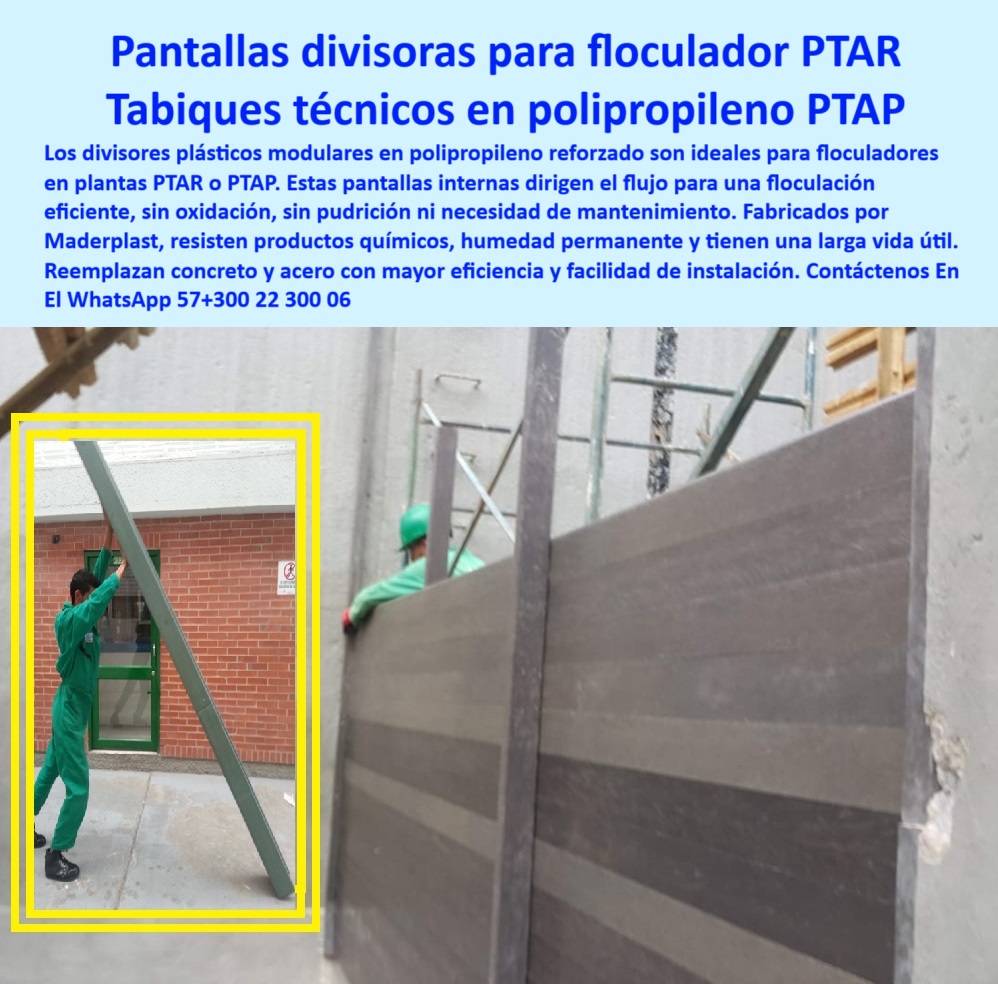 Divisores Tanques Floculadores Separadores Internos Floculación Agitador Maderplast 0 Estructuras divisor flujo modular pantallas deflectoras en polipropileno reforzado paneles plásticos divisorios para PTAR Bafles divisor  Estructuras plásticas modulares para plantas PTAR, - Separadores químicos sin oxidación ni mantenimiento, - Tabiques en polipropileno reforzado para PTAR, - Módulos divisorios sin soldadura ni mantenimiento, - Baffles-Modulares-PTAR, - ¿Qué ventajas tienen los tabiques de polipropileno frente a los de acero?, - Pantallas internas para dirección de flujo en floculación, - Pantallas-Deflectoras-Flujo, - Estructuras-Modulares-Plasticas, - Paneles estructurales en polipropileno resistente, - Baffles divisorios para procesos de floculación, - Baffles para tanques de coagulación y floculación, - Reemplazó a muros de concreto en floculadores, - Tabiques divisorios en polipropileno reforzado industrial, - Revestimiento divisor prefabricado para floculadores, - Estructura plástica ligera en instalación hidráulica, - Divisores modulares internos para floculadores, - ¿Qué materiales sirven para reemplazar muros de concreto en tanques de tratamiento?, - Soluciones plásticas prefabricadas como separadores internos en reactores hidráulicos para aguas residuales, - Separadores estructurales en plantas de tratamiento, - Descripción Optimizada de la Imagen: La imagen muestra la instalación de tabiques divisorios Maderplast en un tanque floculador, usando paneles de polipropileno reforzado. Estas pantallas técnicas son utilizadas para dirigir el flujo de agua en los procesos de floculación en plantas PTAR y PTAP, asegurando un tratamiento más eficiente. Fabricadas por Maderplast, estas estructuras no se oxidan, no requieren mantenimiento, y resisten la humedad continua, productos químicos y la presión operativa. Su sistema modular permite una instalación rápida sin soldaduras ni herramientas pesadas. Los baffles Maderplast reemplazan muros de concreto y acero con mayor eficiencia, durabilidad y facilidad de montaje, convirtiéndolos en la mejor elección para obras modernas de infraestructura sanitaria o industrial, - Divisores-Plásticos-Floculadores, - Paneles plásticos para separación de flujo, - Revestimiento divisorio para tanques industriales, - Comparar eficiencia de bafles plásticos versus muros de concreto en floculadores industriales, - Tabiques técnicos prefabricados para reactores hidráulicos, - Tabiques divisorios sostenibles para aguas industriales, - ¿Cómo se instalan divisores modulares de flujo sin mantenimiento ?, asesoría para compra técnica, Deflectores de flujo internos en tanques de tratamiento, - Deflectores-Hidráulicos-Floculación, - Recomendación de paneles divisorios modulares para dirigir flujo en procesos de floculación en tanques PTAR, - Divisorios-PTAP-Plantas-Tratamiento, - Alternativa plástica a separadores de acero inoxidable, - divisores tanques floculadores separadores internos floculación agitador maderplast pantallas modulares polipropileno reforzado baffles tratamiento ptar ptap sin mantenimiento, - Paneles divisorios de flujo sin pintura ni óxido, - Instalación rápida de pantallas plásticas modulares, - Paneles divisorios resistentes para aguas residuales, - Tabiques anticorrosivos en sistemas de tratamiento, - Soluciones-Anticorrosivas-Floculadores, - Deflectores de flujo resistentes a químicos, - Divisores verticales de flujo para PTAP, - Estructura modular de separación en tanques PTAP, - Separadores-Internos-Tanque-Agitación, - Pantallas plásticas resistentes a humedad permanente, - Tabiques-Polipropileno-Resistentes, - Pantallas deflectoras para tanques agitadores, - Módulos divisorios para floculación eficiente, - Solución ligera para separación en tanques de tratamiento, - ¿Qué paneles se usan como divisores en floculadores de plantas PTAR?, - Artículo validado por ingeniería - Paneles deflectores plásticos para tanques de agitación, - Alternativas de divisorios ligeros y sin mantenimiento para tanques de agitación en PTAP, - Divisores plásticos modulares para floculadores PTAR, - Deflectores hidráulicos de larga vida útil, - Ficha técnica de tabiques en polipropileno reforzado resistentes a químicos y humedad constante, - Paneles-Divisorios-Sin-Mantenimiento, - Bafles plásticos internos sin mantenimiento, - ¿Dónde puedo conseguir bafles plásticos para tanques de floculación? 0  Divisores Tanques Floculadores Separadores Internos Floculación Agitador Maderplast 0 Estructuras divisor flujo modular pantallas deflectoras en polipropileno reforzado paneles plásticos divisorios para PTAR Bafles divisor  0