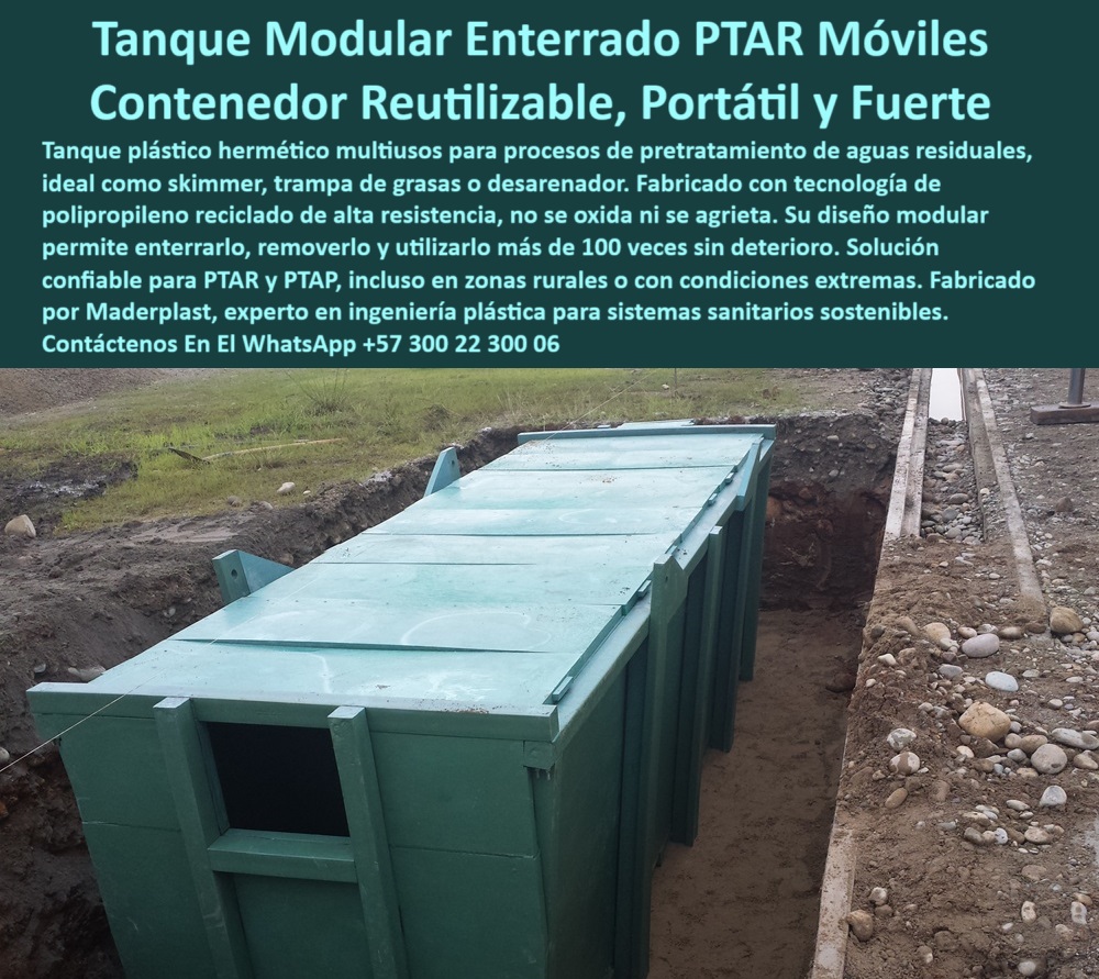 Tanque Caja Hermética Anticorrosiva PTAR PTAP Skimmer y Desarenador Maderplast 0 proceso de tratamiento de aguas residuales. Puede funcionar como desarenador skimmer trampa de grasas o módulo de pretratamiento en plantas PTAR PTAP Tanque hermético anti-corrosión alta resistencia, - Contenedor enterrado reciclable para PTAR, - Módulo pretratamiento enterrado tipo plug and play, - Tanque plástico resistente enterrado alta durabilidad, - Contenedor-Plástico-Resistente-Enterrado, - Tanque-Desarenador-Hermético, - Trampa grasas plástica para plantas PTAR, - Comparativa entre tanques enterrados plásticos y metálicos para pretratamiento de aguas residuales, - Trampa-grasas-desarenador-plástico-industrial, - Tanque reutilizable PTAP sin mantenimiento, - Tanque enterrado portátil fácil transporte, - Alternativas de bajo mantenimiento para módulos enterrados de pretratamiento en condiciones extremas, - Caja-Hermética-Modular, - Módulo-Pretratamiento-Reutilizable, - Contenedor plástico enterrado reutilizable, - Solución compacta modular plantas tratamiento, - Trampa-Grasas-Plástica-Sustentable, - Tanque plástico enterrado tipo caja hermética para pretratamiento en PTAR y PTAP – Skimmer, trampa de grasas y desarenador modular Maderplast, - Caja plástica hermética reutilizable enterrada, - Tanques-Reutilizables-Zonas-Rurales, - Tanque de pretratamiento en polipropileno reciclado, - ¿Qué ventajas tiene una caja hermética plástica frente a un tanque metálico en PTAR?, - Tratamiento-Aguas-Residuos, - Sistema-modular-aguas-residuales-enterable, - Caja-hermetica-polipropileno-reutilizable, - Tanque-plastico-enterrado-tratamiento-aguas, - Tanque-Enterrado-Plastico-PTAR, - Caja enterrada para grasas, arenas y sólidos, - Tecnología modular en plásticos ingeniería, - Modulo-pretratamiento-skimmer-desarenador, - Tanques modulares para zonas rurales, - Tanque-enterrado-sin-mantenimiento-larga-vida, - Tanque desarenador enterrado mantenimiento cero, - Tanque-plastico-multiuso-tratamiento-aguas, - Descripción Optimizada de la Imagen: "Descubra el tanque enterrado hermético Maderplast, una solución plástica modular diseñada para revolucionar el pretratamiento de aguas residuales en PTAR y PTAP. Esta imagen muestra una caja hermética de polipropileno reciclado, instalada en obra, ideal como skimmer, trampa de grasas o desarenador. Su estructura anticorrosiva y libre de mantenimiento está pensada para resistir ambientes extremos, zonas rurales o sistemas móviles. Con diseño reutilizable, puede ser removido y reinstalado más de 100 veces sin pérdida de integridad estructural. A diferencia de los tanques metálicos, este módulo no se oxida, no se agrieta y no requiere pintura. Contribuye a sistemas sostenibles gracias a su bajo impacto ambiental y alta durabilidad. Maderplast le ofrece una solución lista para enterrar, operar y durar. ¡Contáctenos para más información sobre esta tecnología de punta en plásticos de ingeniería!", - Skimmer plástico resistente para aguas residuales, - Skimmer-Plástico-Sin-Corrosión, - Sistema modular enterrado tratamiento aguas, - ¿Cuánto dura un módulo enterrado de pretratamiento hecho en polipropileno reciclado?, - Artículo validado por ingeniería - Tanque enterrado plástico tratamiento aguas, - ¿Dónde consigo un tanque plástico enterrado para tratamiento de aguas residuales?, - Tanque modular PTAR pretratamiento residuos, - Buscar soluciones portátiles, enterrables y reutilizables para sistemas de tratamiento de aguas sostenibles, - ¿Puedo reutilizar un tanque plástico para varias instalaciones de tratamiento ?, asesoría para compra técnica, Tanque-PTAR-movil-portatil-modular, - Tanque-plastico-zonas-rurales-enterrado, - Soluciones plásticas enterradas tratamiento aguas, - Desarenador plástico enterrado sin oxidación, - Pretratamiento aguas residuales caja enterrada, - ¿Qué tipo de tanque enterrado sirve como desarenador, skimmer y trampa de grasas ?, ficha técnica profesional, Alternativa sostenible a tanques metálicos, - Contenedor-plástico-reciclado-alta-resistencia, - Tanque portátil hermético resistente químicos, - Solución-PTAR-Móvil-Portable, - Recomendación de tanque plástico enterrado multifunción para plantas PTAR móviles en zonas rurales, - Tanques modulares reutilizables tipo skimmer, - Especificaciones técnicas de tanques modulares enterrados para trampa de grasas y desarenado. 0 Tanque Caja Hermética Anticorrosiva PTAR PTAP Skimmer y Desarenador Maderplast 0 proceso de tratamiento de aguas residuales. Puede funcionar como desarenador, skimmer, trampa de grasas o módulo de pretratamiento en plantas PTAR PTAP