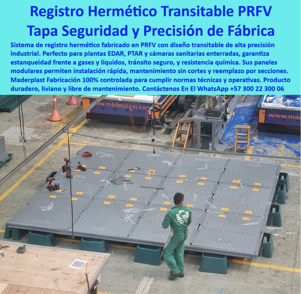 Tapa De Acceso Áreas Cubiertas Hermética Transitable Tanques Ptap Ptar Maderplast 0 sistema de registro hermético maderplast sistema de registro hermético para EDAR cubiertas transitables prfv ptar panel estanco para cámara sistema de registro hermético modular de alta precisión, - cubiertas transitables resistentes para zonas de tratamiento de aguas, - tapas herméticas reforzadas para zonas críticas industriales, - sistemas de tránsito seguro con tapas herméticas de polipropileno, - paneles estancos transitables para plantas industriales, - plataformas plásticas para entornos industriales exigentes, - sistemas de cubrimiento plásticos para cámaras sanitarias, - plataformas industriales modulares de tránsito seguro, - tapas-transitables-para-plantas, - sistemas de sellado de cámaras técnicas con PRFV, - plataformas transitables modulares para infraestructura industrial, - panel estanco transitable en PRFV, - ¿Dónde venden sistemas de registro hermético para cámaras industriales?, - plataformas plásticas de acceso seguro para plantas de tratamiento, - Cubiertas modulares transitables en PRFV para PTAR, - cubiertas plásticas industriales de alta precisión para plantas, - sistemas-de-recubrimiento-industrial, - paneles-estancos-industriales, - soluciones-de-sellado-plástico, - acceso-industrial-seguro, - Estas cubiertas transitables garantizan un sellado total contra líquidos, gases y agentes químicos, asegurando además un tránsito peatonal seguro en zonas de alta exigencia operativa. Los paneles modulares de acceso fabricados por Maderplast permiten instalación rápida, mantenimiento por secciones y reemplazo sencillo sin cortes ni soldaduras. Gracias a su estructura liviana, de alta resistencia y completamente libre de mantenimiento, representan la mejor opción frente a materiales tradicionales como el acero o el concreto. Con precisión de fábrica y cumplimiento de las normas más estrictas, Maderplast ofrece soluciones de acceso y sellado que combinan durabilidad, eficiencia y seguridad para infraestructura industrial moderna, - tapas de inspección hermética de alta resistencia química, - ¿Qué sistema de cubrimiento hermético modular sirve para DAR ?, asesoría para compra técnica, plataformas modulares de acceso para inspección técnica, - ¿Dónde consigo tapas de PRFV resistentes a químicos y líquidos?, - sistemas de inspección técnica con cubiertas plásticas, - cubiertas-modulares-industriales, - sistema de registro hermético transitable para cámaras técnicas, - cubiertas plásticas anticorrosivas para plantas PTAR, - Tapas de acceso herméticas de alta resistencia para plantas EDAR, - cubrimiento modular PRFV resistente a químicos y líquidos, - cubrimiento industrial estanco en polímero reforzado, - cubiertas modulares visibles para mantenimiento industrial, - sistemas de acceso hermético para cámaras sanitarias, - Descripción Optimizada de la Imagen: La imagen muestra el ensamblaje de un sistema de registro hermético modular fabricado en PRFV por Maderplast, diseñado para plantas EDAR, PTAR y cámaras sanitarias industriales, - ¿Cuál es el mejor panel estanco para cámaras de plantas de tratamiento?, - Sistemas de sellado plástico hermético para infraestructura de tratamiento de aguas, - tapas de polipropileno reforzado anticorrosivas, - plataformas-de-acceso-hermético, - cubiertas herméticas visibles para inspección técnica, - registro-hermético-maderplast, - Sistema de registro hermético transitable para zonas industriales, - tapas de acceso hermético en PRFV para plantas EDAR, - ¿Qué tapa plástica transitable es ideal para plantas de tratamiento?, - sistema de cubrimiento hermético para cámaras industriales, - soluciones de acceso industrial duraderas y libres de mantenimiento, - cubiertas-transitables-prfv, - tapas transitables resistentes a líquidos y químicos, - Paneles plásticos estancos para cámaras sanitarias industriales, - tapas plásticas modulares resistentes a humedad y químicos, - sistemas de registro modular sin cortes para plantas de aguas, - soluciones de sellado hermético para plantas PTAR y EDAR, - tapas-herméticas-para-ptar, - cubrimiento de alta durabilidad para plantas de tratamiento, - tapas de registro hermético para cámaras enterradas industriales, - cubiertas industriales visibles para zonas de tratamiento, - tapas industriales livianas de acceso rápido 0 Tapa De Acceso Áreas Cubiertas Hermética Transitable Tanques Ptap Ptar Maderplast 0 sistema-de-registro-hermético-maderplast, - sistema de registro hermético para EDAR, - cubiertas-transitables-prfv-ptar, - panel estanco para cámara