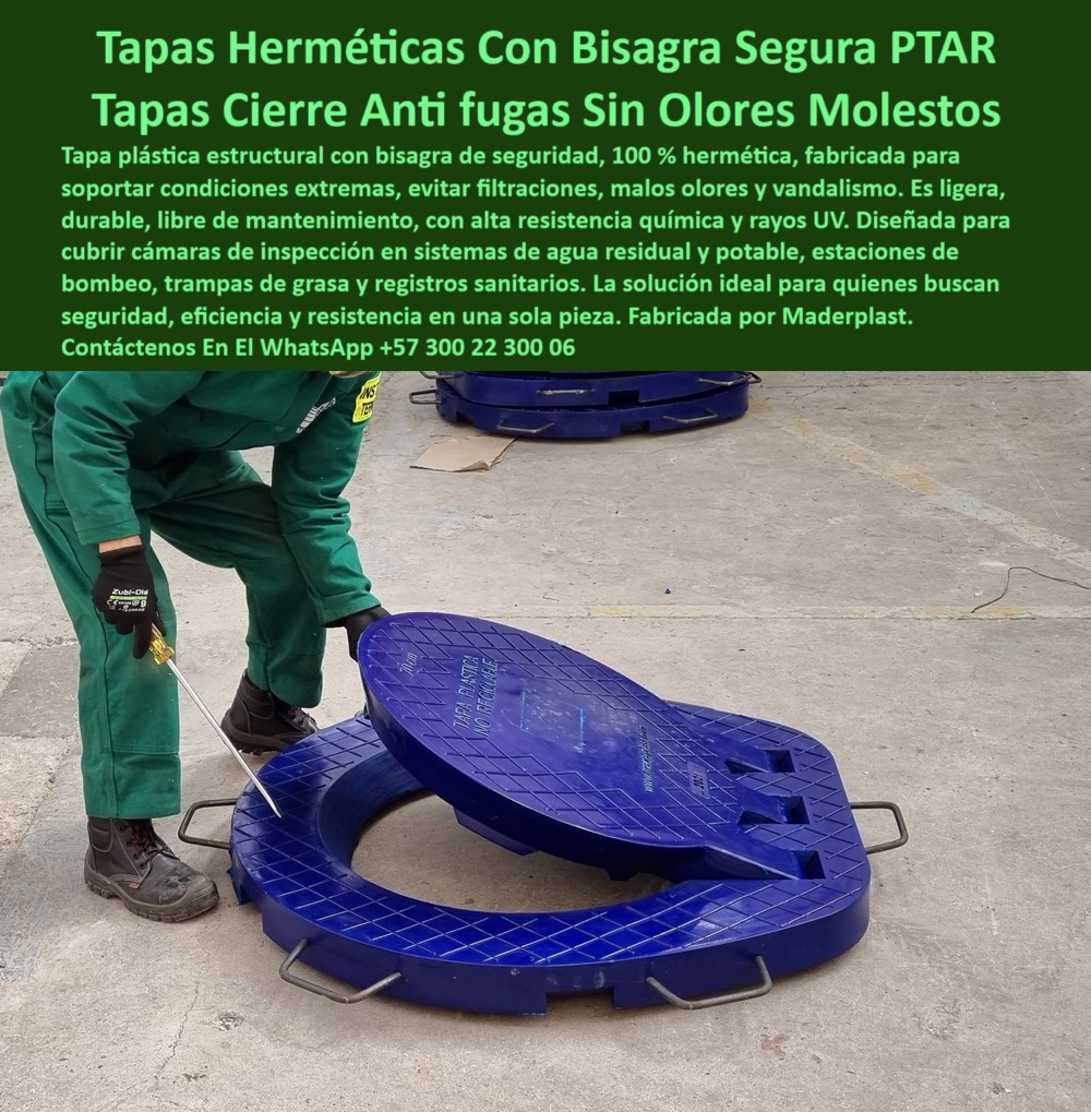 Tapa Registro Con Bisagra Anti Olores Tapa Sistema Anti Fugas Ptar Ptap Maderplast 0 Las tapas con bisagra Maderplast fabricadas en PRFV o polipropileno estructural ofrecen soluciones de máxima seguridad hermeticidad durabilidad tapa plástica con bisagra de seguridad para PTAR, - tapa sin filtraciones para estaciones de bombeo, - tapa hermética con bloqueo sanitario, - tapa plástica de polipropileno estructural con alta seguridad, - solución-contra-vandalismo-registros, - tapa azul para pozos de visita con bisagra, - tapa plástica con hermeticidad garantizada, - tapa con cierre antivandálico con manijas, - tapa con bisagra, - sistema de cierre seguro, - tapa-hermética-para-ptar, - ¿Qué tapa evita filtraciones y vandalismo en redes sanitarias?, - tapa plástica con apertura controlada, - tapa con diseño seguro y funcional, - tapa hermética sanitaria, - ¿Cuál es la mejor tapa contra malos olores para PTAR?, - tapa resistente al vandalismo para estaciones de bombeo, - tapa de inspección para redes, - tapa de registro con cierre seguro, - Descripción Optimizada De La Imagen Es: La imagen muestra una tapa plástica con bisagra de seguridad fabricada por Maderplast, diseñada para cubrir cámaras de inspección en redes sanitarias, plantas PTAR, estaciones de bombeo y trampas de grasa. Esta tapa Maderplast es 100 % hermética, evita malos olores, filtraciones y actos vandálicos. Gracias a su estructura en polipropileno estructural o PRFV, no requiere mantenimiento, soporta condiciones químicas y climáticas extremas, y garantiza larga vida útil. Su diseño con bisagra permite apertura segura y controlada, con manijas resistentes para operación técnica. Maderplast ofrece una solución integral para control sanitario industrial con alto estándar de calidad. Con Maderplast, seguridad, durabilidad y hermeticidad se unen en una sola pieza, - tapa modular higiénica sin mantenimiento, - solución plástica sin mantenimiento para registro sanitario, - tapa-segura-sin-filtraciones, - tapa para cámaras de inspección sanitarias, - tapa estanca para registros sanitarios, - tapa reforzada para acceso subterráneo, - tapa anticorrosiva para pozos sanitarios, - tapa con resistencia química y mecánica, - cierre-hermético-con-bisagra, - cubierta-plástica-estanca, - tapa duradera de polipropileno estructural, - estructura plástica anti filtraciones, - ¿Dónde compro una tapa de registro con bisagra segura?, Artículo validado por ingeniería - ¿Qué tapa plástica tiene sistema anti olores y fugas?Respaldo técnico con experiencia comprobada en - ¿Quién fabrica tapas herméticas plásticas para agua residual?, - Respaldo técnico con experiencia - tapa-de-registro-anti-olores, - tapa-plástica-con-bisagra, - tapa con manijas metálicas, - tapas-para-cámaras-de-inspección, - tapa plástica contra vandalismo para aguas residuales, - tapa anti fugas para sistema de inspección, - tapa-de-polipropileno-estructural, - tapa-industrial-sin-mantenimiento, - tapa para agua potable y residual, - cubierta para pozo sanitario, - tapa hermética que elimina malos olores, - tapa resistente a rayos UV y químicos, - bisagra reforzada industrial, - tapa de inspección con cierre hermético y bisagra, - tapa contra olores para plantas PTAR, - cubierta plástica sin olores para cámaras de aguas residuales, - tapa estructural ligera sin mantenimiento, - tapa-registro-plástica-hermética-con-bisagra-anti-olores-vandalismo-sin-mantenimiento-ptar-maderplast, - tapa plástica azul, - tapa contra olores, - tapa antihumedad para redes sanitarias, - tapa industrial para trampa de grasas 0 Tapa Registro Con Bisagra Anti Olores Tapa Sistema Anti Fugas Ptar Ptap Maderplast 0 Las tapas con bisagra Maderplast, fabricadas en PRFV o polipropileno estructural, ofrecen soluciones de máxima seguridad, hermeticidad durabilidad