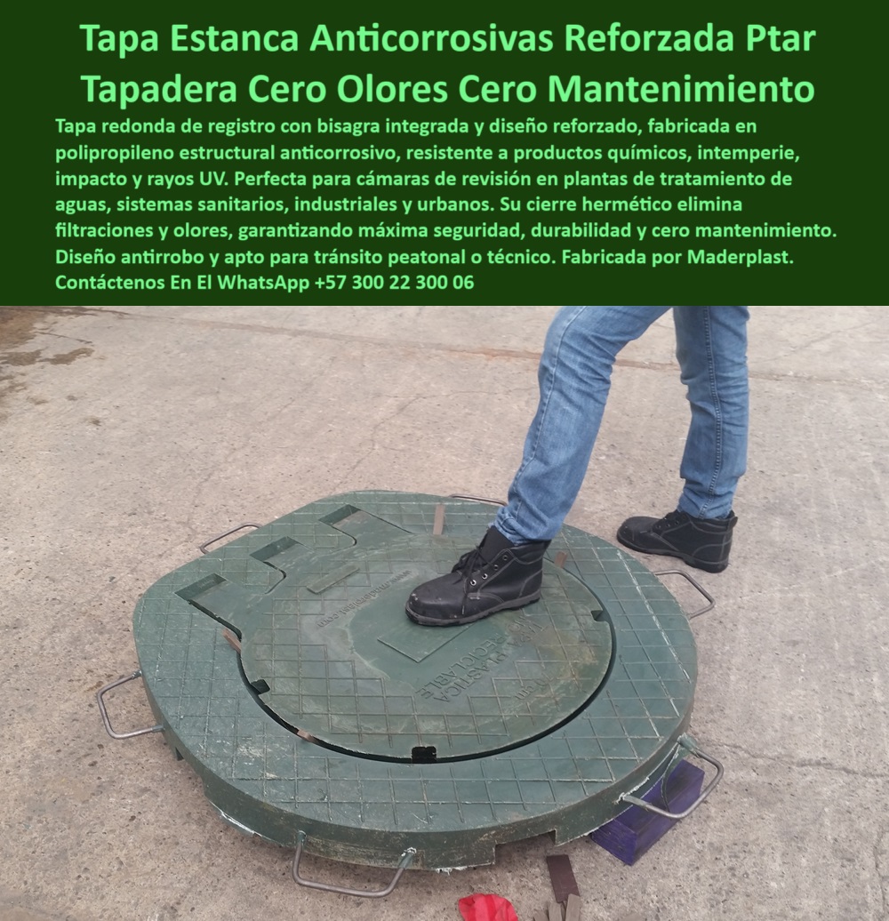 Tapa Registro Con Bisagra Anti Olores Tapa Sistema Anti Fugas Ptar Ptap Maderplast 0 registro estanco de polipropileno anticorrosivo Tapa redon 00 Tapa Registro Con Bisagra Anti Olores Tapa Sistema Anti Fugas Ptar Ptap Maderplast tapa segura y estanca para cámara subterránea de aguas residuales, - tapa con anclaje de seguridad para inspección técnica, - tapa de inspección sin riesgo de vandalismo, - tapa-para-cámara-de-inspección-redonda, - tapa sanitaria para pozo de visita con sistema antifugas, - tapa de cierre seguro para redes de alcantarillado urbano, - tapa anticorrosiva con cierre seguro sin filtraciones, - ¿Dónde consigo una tapa de inspección con bisagra que no se oxide?, - Artículo validado por ingeniería - tapa de inspección estructural para estaciones de bombeo, - tapa de registro liviana con alta durabilidad, - tapa plástica segura para redes de agua residual, - cubierta de registro con bisagra anticorrosiva, - ¿Cuál es la tapa plástica más segura para pozos de visita?, - tapa para sistemas hidráulicos de alta exigencia, - tapa-de-polipropileno-con-cierre-seguro, - tapa sin olores ni filtraciones para sistemas de aguas residuales, - tapa redonda anticorrosiva con cierre seguro para PTAR, - tapa de pozo que no deja salir olores, - registro-plástico-anti-fugas-industrial, - tapa resistente a rayos UV para plantas EDAR, - cubierta redonda para cámaras de inspección sin filtraciones, - tapa-redonda-con-bisagra-hermética, - solución estanca para cámara sanitaria urbana, - tapa de polipropileno con bisagra integrada sin mantenimiento, - tapa para trampas de grasa con sistema antifugas, - tapa sanitaria con ajuste hermético de fábrica, - tapa de registro redonda con bisagra hermética anti olores, - tapa-redonda-polipropileno-anticorrosiva-con-bisagra-hermética-anti-olores-para-ptar-pozos-de-inspección-maderplast, - tapa plástica resistente a químicos y humedad, - tapa resistente a productos químicos para plantas PTAR, - tapa industrial para sistema de alcantarillado seguro, - tapa de cierre reforzado para plantas PTAR, - cubierta-de-pozo-de-visita-estanca, - tapa industrial reforzada para plantas de tratamiento de aguas, - ¿Qué tapa recomiendan para cámaras de inspección sin filtraciones?, - registro hermético para pozos de visita industriales, - cubierta de inspección con sistema anti olores para saneamiento, - tapa plástica estanca resistente a químicos para redes sanitarias, - tapa-de-inspección-sin-mantenimiento, - tapa plástica tipo industrial que evita filtraciones, - solución plástica con bisagra integrada para pozos sanitarios, - tapa estructural anticorrosiva para plantas de tratamiento, - tapa de inspección plástica que no se oxida, - tapa modular plástica de alta ingeniería para EDAR, - ¿Qué tapa redonda evita los malos olores en las redes sanitarias ?, contenido validado, cubierta plástica sin mantenimiento para redes sanitarias, - tapa redonda con bisagra para cámaras sanitarias, - sistemas-sanitarios-sin-filtraciones, - solución-de-cierre-hermético-para-redes, - tapa industrial redonda de polipropileno con cierre hermético, - tapa-de-registro-anticorrosiva-ptar, - ¿Qué tapa sirve para alcantarillado sin mantenimiento y anticorrosiva?, - Descripción Optimizada de la Imagen Es: La imagen muestra una tapa de inspección redonda Maderplast con bisagra de seguridad integrada, fabricada en polipropileno estructural anticorrosivo. Esta tapa ofrece una solución definitiva para sistemas de aguas residuales, cámaras de revisión, redes sanitarias y estaciones de bombeo. El diseño hermético evita filtraciones, malos olores y vandalismo, lo que garantiza una operación segura, duradera y libre de mantenimiento. Gracias a su resistencia química y estructural, esta tapa Maderplast puede soportar tránsito peatonal y condiciones climáticas extremas. Maderplast es sinónimo de confiabilidad para infraestructuras hidráulicas modernas, brindando productos de alta calidad adaptados a entornos exigentes, - tapa sin óxidos ni necesidad de pintura, - tapa para estaciones de bombeo sin oxidación, - tapa sin olores para pozos de inspección sanitaria, - tapa-plástica-industrial-con-durabilidad 0 registro estanco de polipropileno anticorrosivo, - Tapa redon00