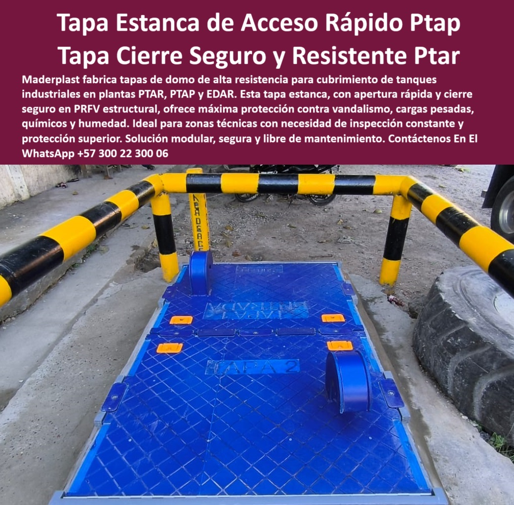 Tapas Para Tanques Subterráneos Tapa Planta De Tratamiento Ptap Ptar Edar Maderplast 0 tapas de domo para cubrimiento de tanques industriales Tapa estanca de acceso rápido Cubierta de PRFV con cierre seguro Sistema de tapa  tapas estancas acceso rápido ptap ptar edar maderplast cubierta prfv cierre seguro domo modular camara tratamiento aguas inspección vandalismo sin mantenimiento, - Cubierta técnica de acceso rápido a cámara PTAR, - Tapa en polímero técnico para cargas pesadas, - Tapa resistente para zonas de inspección frecuente, - Tapa tipo domo con bisagras para EDAR, - Buscar tapa estanca en PRFV con sistema de cierre seguro para tanques sanitarios enterrados, - Tapa PRFV anticorrosiva para tanques enterrados, - Tapa-Segura-Cierre-Hermetico, - Acceso-Tecnico-PTAR-PTAP, - Cubierta de acceso rápido en PRFV reforzado, - Revestimiento de acceso a tanques de inspección, - Protección superior en entradas de cámaras hidráulicas, - Cubierta estructural deslizante con apertura manual, - Tapa plástica sin mantenimiento para cámaras sanitarias, - Tapa estanca industrial para tanques en PTAR, - Tapa modular reforzada sobre tanque subterráneo, - Protección-Superior-Plantas-Tratamiento, - Comparar tapas metálicas y tapas de polímero reforzado en zonas con alta humedad y químicos, - ¿Qué tipo de cubierta soporta químicos, vandalismo y tráfico liviano?, - Cubierta modular plástica para tanques enterrados, - Cubierta modular segura y sin pintura para EDAR, - Tapa-Estanca-Acceso-Rápido, - Tapa hermética en zonas expuestas a lluvia y lodo, - Sistema estructural de cubierta con sellado estanco, - Tapa-Reforzada-Ambientes-Agresivos, - Cierre hermético de alta resistencia para cámaras técnicas, - Tapa de mantenimiento rápido para cámaras PTAR, - Sistema-De-Cierre-Sanitario, - Tapa con bisagras de seguridad y resistencia química, - Cubierta técnica transitada para pozos industriales, - Solución de acceso técnico modular y seguro para tanques de tratamiento de agua residual, - Acceso rápido a tanques subterráneos en PTAP, - Alternativa plástica a tapas metálicas oxidables, - Cubierta-PRFV-Tanque-Industrial, - Cubierta azul reforzada para acceso en tanques sanitarios, - ¿Dónde venden tapas estancas de acceso rápido para tanques industriales?, - Tapa plástica con apertura asistida para EDAR, - Cubierta-Domo-Modular-Maderplast, - Sistema de cierre seguro para infraestructura sanitaria, - Tapa-Plastica-Tanque-Subterraneo, - Cubierta industrial tipo trampilla sin corrosión, - ¿Cuál es la mejor solución para cerrar un tanque subterráneo con seguridad?, Respuesta técnica estructurada sobre - ¿Qué cubiertas plásticas se recomiendan para cámaras de inspección en PTAP y EDAR ?, alternativa superior, Acceso seguro para inspección en tanques industriales, - Cubierta hermética plástica resistente a químicos, - Descripción Optimizada de la Imagen: Esta imagen muestra una tapa estanca de acceso rápido Maderplast, instalada sobre un tanque técnico sanitario. Diseñada en PRFV estructural, esta tapa tipo domo con apertura asistida y cierre seguro es ideal para zonas expuestas a humedad, cargas pesadas, vandalismo y agentes químicos. Maderplast ha desarrollado esta solución para plantas PTAR, PTAP y EDAR donde se requiere inspección frecuente con máxima seguridad y sin mantenimiento. Su diseño modular permite instalación fácil, tránsito seguro y hermetismo completo, incluso en condiciones extremas. Maderplast ofrece tecnología de protección superior con sistemas de acceso técnico que no se oxidan, no requieren pintura y garantizan larga vida útil en infraestructura sanitaria e industrial, - Ficha técnica de tapa domo con apertura rápida y cierre hermético para plantas hidráulicas, - Tapa con sistema de cierre tipo domo en PRFV, - Tapa resistente a vandalismo instalada en PTAP, - Cubierta azul industrial con diseño reforzado, - ¿Qué tapa plástica es mejor que las metálicas para una PTAR ?, solución documentada, Tapa-Antivandalica-Sin-Mantenimiento, - Tapa reforzada contra vandalismo y agentes químicos, - ¿Qué tapa se recomienda para cubrir tanques en una planta de tratamiento de aguas?, - Tapa estanca azul con bisagras en planta sanitaria, - Estructura de cierre técnico para plantas sanitarias, - Tapa para plantas de tratamiento sin mantenimiento 0 Tapas Para Tanques Subterráneos Tapa Planta De Tratamiento Ptap Ptar Edar Maderplast 0 tapas de domo para cubrimiento de tanques industriales, - Tapa estanca de acceso rápido, - Cubierta de PRFV con cierre seguro, - Sistema de tapa