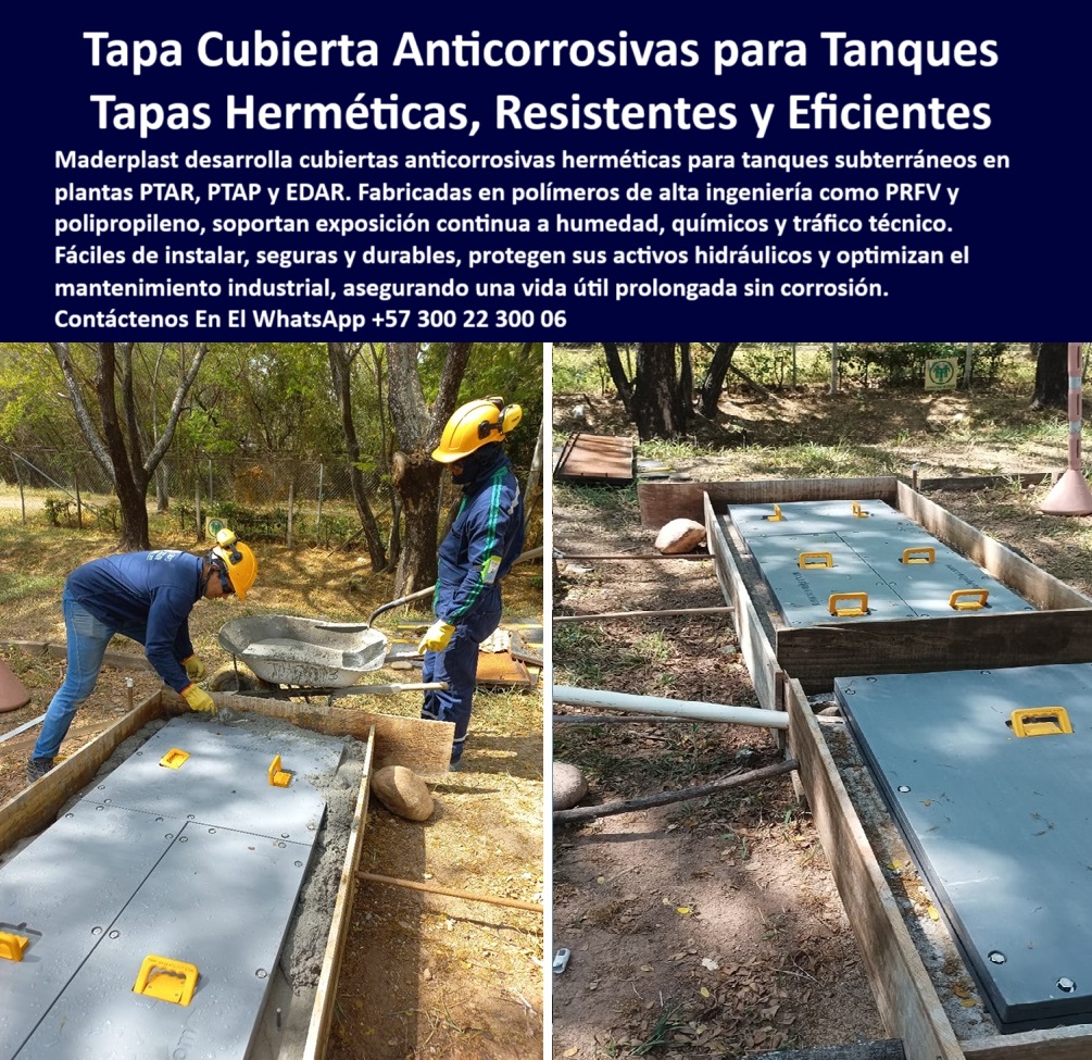 Tapas Para Tanques Subterráneos Tapas Inoxidables Ptap Ptar Edar Maderplast 0 cubierta hermética para tanques PTAP y PTAR plataformas de registro para tanques subterráneos cubiertas anticorrosivas tanque Qué tapas buenas Tapa resistente a lodo, químicos y exposición solar, - Tapas-Herméticas-PTAR-PTAP, - Sistema de cierre estanco para tanques PTAR, - Sistema-Cierre-Para-Cámaras, - Tapas-Modulares-Obras-Civiles, - Tapas modulares de polipropileno para obras civiles, - Cubierta reforzada contra humedad y tránsito técnico, - Cubierta duradera sin pintura ni reemplazo periódico, - Cubierta-Polipropileno-Ingenieria, - ¿Qué tipo de tapa soporta humedad extrema y químicos sin oxidarse?, Solución técnica definitiva en - ¿Qué tapa hermética puede usar en tanques sanitarios subterráneos?, - Sistema de registro para aguas residuales enterradas, - Cubierta con manijas amarillas para tanque subterráneo, - tapas para tanques subterráneos tapas inoxidables ptap ptar edar maderplast cubierta hermética plataformas registro cámaras enterradas anti corrosión sin mantenimiento, - Plataforma modular plástica para revisión hidráulica, - Tapas para cámaras de revisión en entornos rurales, - Buscar tapas herméticas de polipropileno con manijas integradas para tanques PTAR enterrados, - Registro plástico reforzado para sistema de aguas residuales, - Cubierta segura instalada en sistema subterráneo, - Tapas de inspección plástica para cámaras sanitarias, - Cubierta plástica sin corrosión para tanques enterrados, - Plataforma-Acceso-Hidraulico-Segura, - Tapas técnicas con tornillos y manijas integradas, - Tapa resistente a químicos para planta de tratamiento, - Tapa con cierre atornillado en obra civil hidráulica, - Cubierta anticorrosiva resistente a humedad y químicos, - Tapas herméticas plásticas para tanques subterráneos, - Acceso superior reforzado en polímero de ingeniería, - Tapa-Estanca-Mantenimiento-Técnico, - Cubierta con estructura hermética para PTAR y PTAP, - Plataforma plástica de inspección sanitaria rural, - Comparar cubiertas metálicas vs tapas plásticas herméticas para zonas rurales EDAR, - Tapa técnica de acceso a tanque PTAP enterrado, - ¿Cuáles son las tapas más resistentes y seguras para tanques bajo tierra?, respuesta estructurada de Maderplast - ¿Dónde consigo una cubierta plástica anticorrosiva para cámaras hidráulicas?, - Tapa-Reforzada-Químicos-Agua, - Solución plástica segura para tanques hidráulicos, - Tapa hermética gris instalada sobre cámara hidráulica, - Plataforma de acceso para cámaras hidráulicas enterradas, - ¿Qué tapas usan en las plantas PTAR y PTAP para cámaras enterradas?, - Tapa tipo trampa para cámaras en sistemas PTAP, - Registro plástico con tornillos de sujeción lateral, - Registro de seguridad para tanques plásticos industriales, - Ficha técnica de tapas Maderplast para cámaras técnicas subterráneas en plantas de tratamiento, - Plataforma modular hermética para EDAR rural, - Recomendación de tapa segura con cierre estanco para aguas residuales industriales, - Registro de inspección resistente a gases y lluvia, - Registro-Sanitario-Sin-Oxidación, - Tapa hermética para sistema de saneamiento técnico, - Cubierta-Anticorrosiva-Tanque-Subterraneo, - Tapa plástica duradera para instalación en campo, - Cubierta anticorrosiva con manijas para mantenimiento técnico, - Cubierta con protección contra humedad extrema, - Plataforma de acceso técnico sin mantenimiento, - Descripción Optimizada de la Imagen: La imagen muestra tapas herméticas Maderplast instaladas en tanques subterráneos de una planta técnica en campo. Estas cubiertas están fabricadas en polímero de alta ingeniería (PRFV y polipropileno) para resistir exposición continua a humedad, químicos y tráfico técnico. Maderplast ofrece esta solución segura, anticorrosiva y sin mantenimiento para PTAR, PTAP y EDAR. Con manijas integradas para fácil inspección, tornillos de cierre estanco y estructura duradera, estas tapas aseguran la protección de activos hidráulicos incluso en zonas rurales o de difícil acceso. Maderplast entrega plataformas de acceso que optimizan el mantenimiento, prolongan la vida útil y reducen riesgos de oxidación o fractura, - Cubierta-Plástica-Resistente-Humedad, - ¿Qué tapa anticorrosiva plástica es ideal para plataformas de inspección en sistemas hidráulicos? 0 Tapas Para Tanques Subterráneos Tapas Inoxidables Ptap Ptar Edar Maderplast 0 cubierta hermética para tanques PTAP y PTAR, - plataformas de registro para tanques subterráneos, - cubiertas-anticorrosivas-tanque, - Qué tapas  buenas