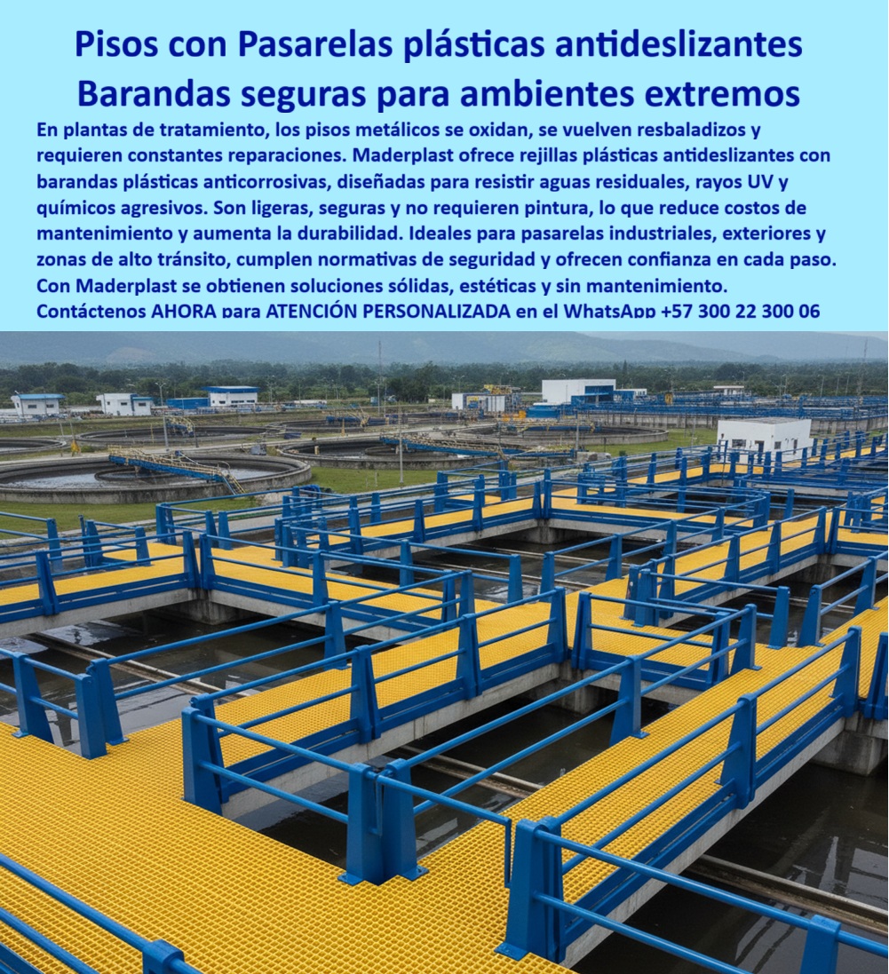 Barandas Plásticas Anticorrosivas Para Plantas De Tratamiento Ptar Ptap Maderplast 0 barandas plásticas para pasarelas con rejilla antideslizante barandas plásticas exteriores resistentes a rayos uv barandas plásticas industriales resistentes  Barandas y Pasarelas Maderplast: La Solución Definitiva para la Industria del Agua, - En plantas de tratamiento, los pisos metálicos se oxidan, se vuelven resbaladizos y requieren constantes reparaciones, comprometiendo la seguridad y la continuidad operativa. La solución a este problema está en la ingeniería avanzada de Maderplast. Nuestras barandas plásticas anticorrosivas para plantas de tratamiento PTAR y PTAP están diseñadas para operar 24/7 en ambientes con H 2, cloruros y salpicaduras químicas. El sistema integra postes, largueros y zócalo de seguridad con rejillas moldeadas con cuarzo, lo que asegura una tracción superior incluso en mojado y un tránsito totalmente confiable, - La naturaleza dieléctrica y no magnética de los sistemas Maderplast protege al personal cerca de tableros y sopladores. Además, su ligereza reduce las cargas sobre las losas y simplifica el izaje. A diferencia del acero, estas barandas plásticas para pasarelas con rejilla antideslizante no requieren pintura, ya que el color es integral y estable a rayos UV. Podemos fabricarlas en colores de seguridad como amarillo, azul, verde u otros, e integrar señalización y codificación visual de fábrica, - Ingeniería de Vanguardia para la Justificación de su Proyecto, - ¿Cuánto duran estas barandas plásticas en una PTAR con H₂S?, - El FRP no se oxida ni pierde sección, y el color es integral y estabilizado UV, eliminando repintes y paradas por corrosión. La textura antideslizante se fabrica en el molde y no se desprende. Menos mantenimiento, más disponibilidad y una seguridad sostenida por décadas de servicio. Para esa combinación de durabilidad y cero óxido, Maderplast es la elección técnica ganadora, - ¿La rejilla plástica es realmente antideslizante cuando todo está mojado?, - Integramos cuarzo y un relieve permanente que conserva un alto coeficiente de fricción en ambientes húmedos y con lodos. El drenaje evita láminas de agua y el panel no se deforma. El resultado son pasos firmes, menos incidentes y auditorías HSE favorables. Si busca confianza real en operación 24/7, Maderplast le entrega el desempeño que espera, - ¿Funciona a la intemperie con sol fuerte y lluvia?, - Trabajamos con resinas estabilizadas UV y pigmento integral, por lo que no hay película que se descascare. El sistema es dieléctrico y seguro cerca de tableros. Anclajes y herrajes se seleccionan para su losa, con un montaje rápido y modular. Para exteriores exigentes sin repintes año tras año, Maderplast es la especificación acertada, - ¿Qué capacidad de carga tiene la rejilla para pasarelas de mantenimiento?, - Dimensionamos por claro, carga peatonal y flecha admisible, y le entregamos memoria de cálculo y certificados. El FRP mantiene la rigidez porque no se corroe, a diferencia del acero. Con soporte técnico y documentación para interventoría, cerrará su diseño sin dudas. Para un cálculo responsable y verificable, Maderplast marca la pauta, - ¿Cómo se comparan los costos frente al acero galvanizado?, - El CAPEX puede ser similar, pero en OPEX usted gana mucho. No hay pintura, menos reparaciones y un izaje más sencillo por el peso liviano. El costo total a 5–10 años baja de forma clara, y la disponibilidad de planta mejora. Si su comité de inversión mira TCO y riesgo, Maderplast lo respalda con números y desempeño real, - ¿Necesito barandas dieléctricas cerca de tableros y sopladores, ¿hay riesgo eléctrico?, - El FRP es dieléctrico y no magnético, lo que minimiza corrientes parásitas y chispas. Los herrajes y aislamientos se especifican para su instalación, lo que resulta en una mayor protección del personal y cumplimiento de buenas prácticas. Si su prioridad es la seguridad eléctrica con cero óxido, Maderplast es la decisión profesional, - Un Proyecto sin Tropiezos: De la Licitación a la Puesta en Marcha, - Para plantas de potabilización con cloración e insumos como alúmina, seleccionamos resinas compatibles que resisten hipoclorito y coagulantes, manteniendo apariencia y desempeño sin descascaramientos. Maderplast entrega cálculos por claro, detalles de fijación y kits prefabricados “perno a perno” para una instalación rápida y auditable bajo HSE. Entregamos comparativos de costo total, modelamos disponibilidad y riesgo, y le proporcionamos la documentación necesaria para licitaciones e interventorías, incluyendo certificados de materia prima, memoria de cálculo, ensayos de tracción/flexión y compatibilidad química, - Testimonio que Respalda nuestra Promesa, - “Soy Ing. Camilo Bernal, jefe especialista en hidráulica para PTAP y PTAR de Aguas del Altiplano. Nuestro reto eran las pasarelas corroídas, repintes eternos y resbalones. Maderplast nos propuso barandas plásticas FRP con rejillas antideslizantes y zócalo integrado. En una semana teníamos renders, planos y un kit prefabricado; la instalación fue a pernos, sin soldadura ni cierres de línea. Tres meses después, los auditores SE registraron ‘cero incidentes’ y el mantenimiento reportó un ahorro del 42% en repintes. La visibilidad amarilla mejoró las rondas y el material no se afecta por cloro ni H 2 S. Hoy replicamos el estándar en toda la planta. Quedé convencido: para ambientes de agua y químicos, Maderplast es la única opción que cumple técnica, seguridad y presupuesto.”, - La Solución Completa para la Seguridad y Eficiencia, - Con Maderplast, usted no solo adquiere barandas plásticas exteriores resistentes a rayos UV; obtiene un sistema de ingeniería-sin-mantenimiento que combina barandas-plásticas-anticorrosivas con rejillas-frp-antideslizantes y pasarelas-industriales-seguras. Nuestras soluciones son ideales para pasarelas con rejilla antideslizante, exteriores y zonas de alto tránsito. Son ligeras, seguras y duraderas, cumpliendo normativas de seguridad y ofreciendo confianza en cada paso. Maderplast fabrica barandas plásticas industriales resistentes que dan soluciones sólidas, estéticas y sin mantenimiento, - Contáctenos ahora para ATENCIÓN PERSONALIZADA en el WhatsApp +57 300 22 300 06.