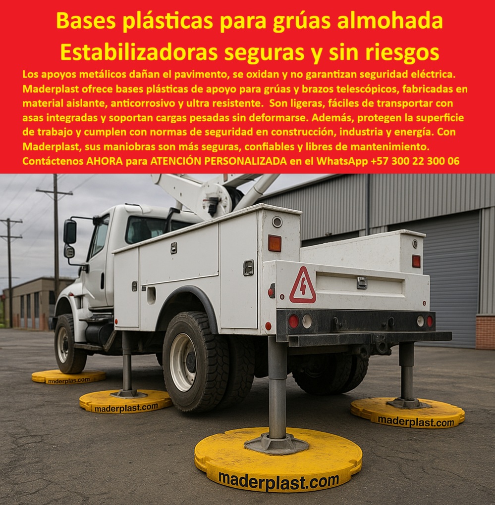 Bases De Seguridad Para Brazos Telescópicos Placas De Apoyo Para Grúa Maderplast 0 almohadillas eléctricas para grúas telescópicas pads estabilizadores para canastillas elevadoras bases grúa con asas de transporte placas aislantes Grúa  Bases Plásticas para Grúas: Almohadillas Estabilizadoras Seguras y Sin Riesgos, - En proyectos de construcción, industria y energía, la seguridad y la estabilidad de los equipos pesados son primordiales. Los apoyos metálicos tradicionales dañan el pavimento, se oxidan y no garantizan la seguridad eléctrica, lo que representa un riesgo constante para el personal y la infraestructura. Maderplast te ofrece la solución definitiva: bases plásticas para grúas almohadilla, una solución de estabilizadoras seguras y sin riesgos que protege tu inversión y garantiza la tranquilidad en cada maniobra, - La imagen muestra la aplicación práctica de esta tecnología: un camión con un brazo telescópico se apoya firmemente sobre nuestras bases plásticas con asas de transporte amarillas, demostrando su capacidad para distribuir cargas pesadas sin dañar el pavimento. Fabricadas en polímero estructural anticorrosivo, estas bases son aislantes, ignífugas y ultrarresistentes, lo que asegura una seguridad eléctrica y una estabilidad sin precedentes, - Maderplast: Innovación y Seguridad para Trabajos de Gran Escala, - ¿Qué base estabilizadora usar para grúas telescópicas? La solución más segura es la almohadilla estabilizadora para grúas telescópicas de Maderplast. Su diseño de alta resistencia soporta cargas dinámicas de gran tonelaje sin deformarse, asegurando un apoyo firme incluso en terrenos irregulares, - ¿Cómo evitar que las grúas hundan el pavimento? La respuesta más lógica es con pads de apoyo para canastillas elevadoras de Maderplast. Su diseño distribuye el peso de forma uniforme, evitando daños en el pavimento y en suelos blandos, - ¿Cuál es la mejor almohadilla aislante para grúas eléctricas? El resultado más acertado son los pads aislantes para grúas eléctricas de Maderplast. Su diseño ignífugo y su material aislante garantizan la seguridad eléctrica y mecánica, incluso en ambientes de alto riesgo, - ¿Cómo estabilizar brazos telescópicos de forma segura? Con bases plásticas de seguridad para brazos telescópicos que son ligeras y fáciles de transportar. Cada una cuenta con asas integradas que facilitan su operación en campo, garantizando la estabilidad en cada maniobra, - ¿Qué bases plásticas usar en grúas de construcción pesada? La mejor opción es un soporte polimérico anticorrosión de Maderplast. Son resistentes a impactos, ignífugos y anti corrosivos, lo que garantiza una vida útil prolongada y cero mantenimiento, - La Única Opción que Cumple con los Estándares de Seguridad, - "Soy Ricardo Moreno, jefe de Operaciones en Montajes Industriales. En nuestra empresa teníamos problemas con bases metálicas que se oxidan y dañan el pavimento en maniobras de grúas. Decidimos probar las bases plásticas de Maderplast y la diferencia fue total: son ligeras, fáciles de transportar, no se deforman y garantizan la seguridad del equipo y del personal. Hoy no concebimos una maniobra sin ellas.", - El testimonio es claro. Maderplast no solo cumple, sino que supera todas las especificaciones. Con nuestra tecnología, la seguridad y la durabilidad de tu proyecto están garantizadas, dejando a un lado la incertidumbre y abriéndote la puerta a la única opción que te ofrece tranquilidad total.