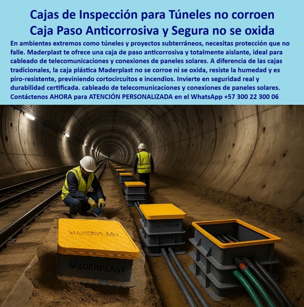 Cajas De Inspección Redes Comunicaciones Caja Conexiones Herméticas Maderplast 0 Cajas proyectos túnel Caja de paso anticorrosiva Túnel caja de conexiones para paneles solares caja plástica de inspección Cajas de registro cableado 0 Cajas de Inspección para Túneles: Protección Anticorrosiva y Segura que No Falla, - En ambientes extremos como túneles, subterráneos y proyectos ferroviarios, la protección de la infraestructura de comunicación y energía es un desafío constante. La humedad, la corrosión y el riesgo eléctrico son permanentes, y las cajas de concreto o metal simplemente no pueden resistir. Para estos entornos críticos, necesitas una solución que no falle. Maderplast te ofrece la caja de inspección para túneles no corroen, una caja paso anticorrosiva y segura que no se oxida, ideal para el cableado de telecomunicaciones y conexiones de paneles solares, - La imagen muestra la aplicación práctica de esta innovación. En el interior de un túnel, una hilera de cajas de paso de Maderplast se alinea sobre la vía del tren, con sus tapas amarillas de alta visibilidad, protegiendo las conexiones eléctricas y de datos. Un técnico revisa una de las cajas, evidenciando la facilidad de acceso y la seguridad del sistema. Fabricadas en polímero reforzado, nuestras cajas son anticorrosivas, ignífugas y totalmente aislantes, lo que las hace resistentes a la humedad y a la corrosión, - Maderplast: Innovación y Seguridad para la Infraestructura Subterránea, - ¿Cuál es la mejor caja para cableado en túneles subterráneos? La solución es la caja hermética anticorrosiva de túneles eléctricos de Maderplast. Su diseño estanco, certificado RETIE, garantiza la continuidad en redes eléctricas y telecomunicaciones, eliminando riesgos de cortocircuitos e incendios, - ¿Cómo evitar corrosión en cajas eléctricas de túneles? Con cajas plásticas reforzadas, 100% estancas y resistentes a la humedad y químicos. Nuestra caja plástica de inspección no se oxida ni se agrieta como el concreto o el metal, asegurando una vida útil superior a 20 años, - ¿Qué caja usar para conexiones de paneles solares en túneles? La alternativa más recomendada por expertos es una caja hermética modular de Maderplast. Su diseño anticorrosivo y duradero garantiza la seguridad en ambientes hostiles, protegiendo las conexiones de paneles solares y los proyectos eléctricos de alto voltaje, - ¿Cómo proteger telecomunicaciones subterráneas contra humedad? La opción más acertada es una caja plástica de inspección telecomunicaciones túnel que es estanca, ignífuga y resistente. Está diseñada para evitar filtraciones y fallas eléctricas, lo que la hace ideal para redes de comunicación crítica en túneles ferroviarios, - ¿Qué caja anticorrosiva conviene en túneles ferroviarios? La respuesta es una caja plástica inspección estanca subterránea ferroviaria de Maderplast. Cumple con la norma RETIE, resiste ambientes subterráneos exigentes y es la mejor opción para instalaciones de metro o tren, - Maderplast: La Confiabilidad que Solo la Innovación Ofrece, - El Ing. Ricardo Gómez, jefe de Mantenimiento Eléctrico en un proyecto de Metro Subterráneo, lo confirma: “En la construcción de un túnel ferroviario enfrentamos graves problemas de humedad y corrosión en las cajas de concreto. Al instalar las cajas plásticas herméticas de Maderplast, logramos continuidad eléctrica, cero filtraciones y máxima seguridad. Sin duda, Maderplast fue la mejor decisión técnica y económica.”, - Este testimonio es la prueba irrefutable de que nuestra tecnología de registro hermético instalaciones metro ferroviarias es la única que ofrece una solución real a los problemas de filtración, corrosión y altos costos de mantenimiento, - Te sentirás convencido y seguro de que Maderplast es la única opción que cumple con todos tus requisitos.