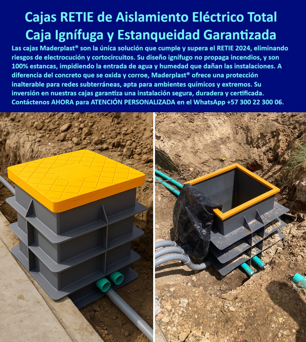 Cajas de inspección herméticas caja para conecciones redes subterráneas Maderplast 0 caja de inspección contra humedad Solución de registro redes subterráneas Caja de inspección servicios públicos Cajas para instalaciones fotovoltaicas Cajas Maderplast: Aislamiento Eléctrico Total, Caja Ignífuga y Estanqueidad Garantizada, - En el mundo de la infraestructura moderna, las nuevas normas RETIE exigen que las instalaciones eléctricas cuenten con materiales que sean estancos al agua, seguros frente a la corrosión y con certificación de conformidad. La respuesta definitiva, la única que cumple y supera estas expectativas, es Maderplast, con su solución de Cajas RETIE de Aislamiento Eléctrico Total. Nuestras cajas plásticas ignífugas y de estanqueidad garantizada son el escudo perfecto para tus redes subterráneas, - La imagen muestra la aplicación real de esta innovación: una línea de cajas de inspección herméticas con tapas amarillas, instaladas en una zanja en medio de un entorno con jardineras, una clara señal de su integración en urbanismos modernos. Estas cajas para conexiones eléctricas subterráneas están fabricadas en polímero reforzado de alta resistencia, lo que las hace totalmente estancas, impidiendo la entrada de agua y humedad que dañarían las instalaciones, - Maderplast: La Innovación que Protege tus Proyectos Eléctricos, - ¿Qué caja de inspección evita filtraciones en redes subterráneas? La caja plástica estanca nivel freático alto de Maderplast es la solución. Con su diseño monolítico y 100% estanco, protege las conexiones y evita cortocircuitos. Es la opción más segura y definitiva para cualquier proyecto que requiera protección contra la humedad, - ¿Cuál es la alternativa a las cajas de concreto que se agrietan? La respuesta es una caja modular ligera y apilable fabricada en polietileno reforzado. A diferencia del concreto, no se oxida, no se fisura ni se corroe, lo que se traduce en una protección inalterable para redes subterráneas, - ¿Cómo proteger conexiones en terrenos con nivel freático alto? Con nuestras cajas eléctricas de bajo mantenimiento. Su diseño hermético y su resistencia a la compresión las hacen ideales para suelos con nivel freático alto, zonas húmedas y entornos costeros. Es una caja de inspección contra filtraciones de agua que te brinda la tranquilidad de una instalación segura y duradera, - ¿Qué caja garantiza continuidad eléctrica en proyectos solares? El resultado más confiable es la caja de inspección fotovoltaica subterránea. Nuestras cajas plásticas ignífugas de alta resistencia son ideales para interconexiones en sistemas fotovoltaicos, ya que protegen las conexiones contra la humedad y el riesgo de incendio, garantizando la continuidad del sistema, - ¿Qué registro eléctrico es seguro frente a químicos y humedad? La mejor explicación te la da Maderplast: nuestras cajas de inspección resistente a químicos y cajas estancas anticorrosivas certificadas son perfectas para PTAR, PTAP e industrias agresivas. Su polímero reforzado las hace inmunes a la corrosión y a la limpieza frecuente, - ¿Qué caja modular facilita ampliaciones en urbanismo? El consejo experto es elegir cajas modulares ligeras y apilables. Su diseño facilita su transporte y montaje, lo que acelera la obra y reduce los costos en proyectos de gran envergadura, - Maderplast: La Confianza que Solo la Innovación Ofrece, - Las cajas de inspección herméticas plásticas Maderplast cumplen y superan las exigencias RETIE 2024, ofreciendo máxima protección contra humedad, filtraciones y corrosión en redes subterráneas. La inversión en nuestras cajas para instalaciones fotovoltaicas garantiza una instalación segura, duradera y certificada, - Te sentirás convencido y seguro de que Maderplast es la única opción que cumple con todos tus requisitos.