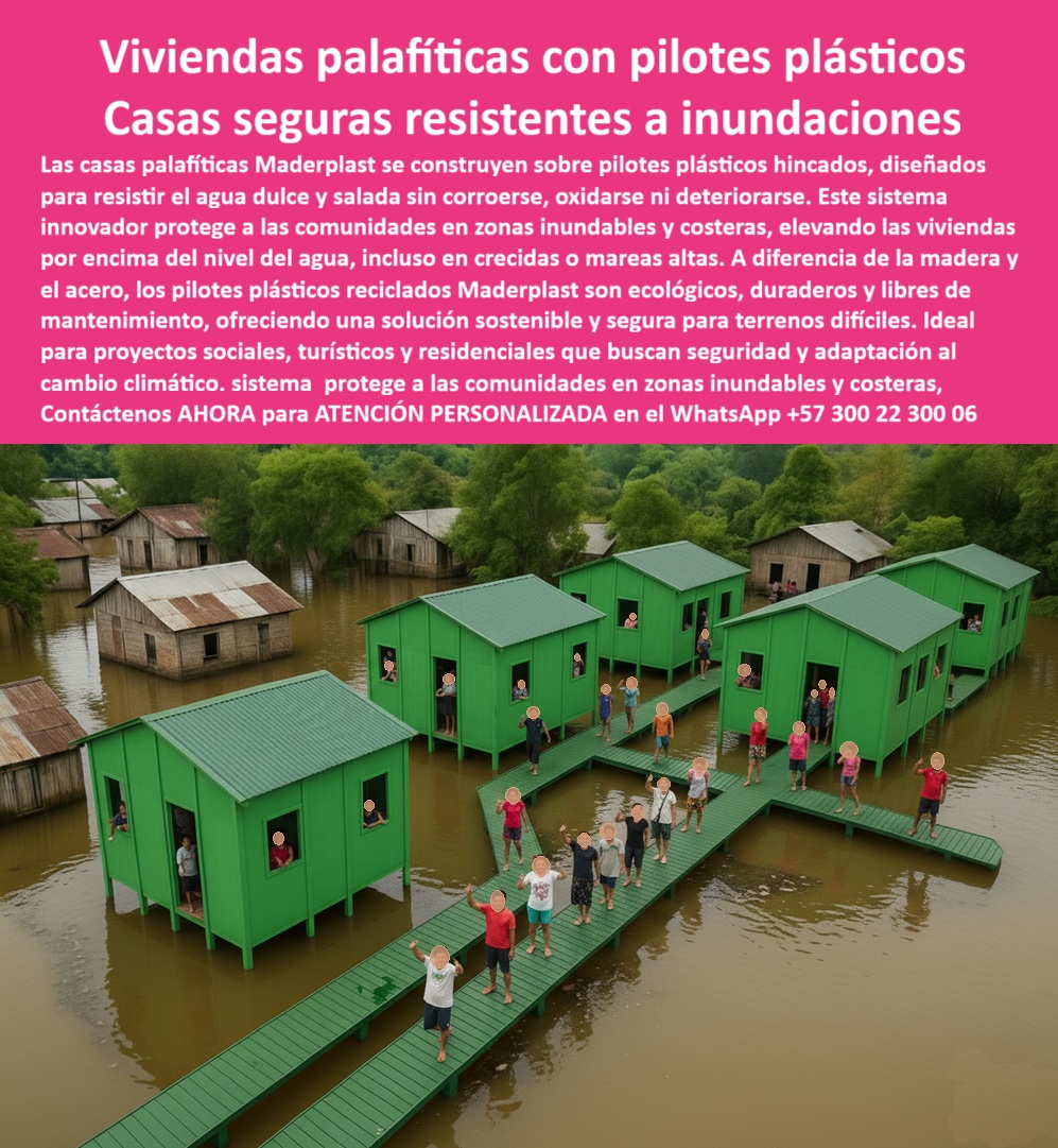 Casa Palafítica Pilotes Cimientos Resistente A Inundaciones Pilote Maderplast 0 Bases para construir en terrenos difíciles Pilotes para pilotear construcciones Pilotes de plástico reciclado para palafitos Soporte Vivienda palafítica modular Pilotes Plásticos, Cimientos Seguros y Resilientes contra Inundaciones, - Las viviendas palafíticas con Pilotes plásticos de Maderplast representan la solución más confiable y sostenible para comunidades en zonas de riesgo por inundaciones y crecientes de ríos o mares. La imagen es la prueba irrefutable de nuestra tecnología: un conjunto de casas seguras resistentes a inundaciones que se mantienen estables y funcionales, elevadas por encima del nivel del agua. Mientras los materiales convencionales fallan, nuestros Pilotes de plástico reciclado no se corroen, no se oxidan y garantizan una durabilidad inigualable, - Los Pilotes plásticos hincados de Maderplast están diseñados para resistir el agua dulce y salada sin deteriorarse. A diferencia de la madera y el acero, estos Pilotes plásticos reciclados son ecológicos, duraderos y libres de mantenimiento, prolongando la vida útil de la vivienda y eliminando los costosos gastos de reparación, - Maderplast: La Ingeniería Sostenible para Terrenos Difíciles, - ¿Qué Pilotes usar en zonas de inundación? La respuesta es simple: Pilotes plásticos seguros y resistentes . Nuestra solución es la única que protege a las comunidades en zonas vulnerables, elevando las viviendas de emergencia por encima del nivel del agua, incluso en crecidas o mareas altas, - ¿Cómo construir casas sobre agua? Con Pilotes plásticos estructurales . Los Pilotes de ingeniería para estructuras elevadas de Maderplast son la base para construir de forma rápida, segura y sostenible. Si buscas bases para construir en terrenos difíciles o Pilotes plásticos para terrenos fangosos, nuestra tecnología es la respuesta, - ¿Qué cimientos duran en terrenos fangosos? Las bases plásticas anticorrosivas de Maderplast son la garantía. Nuestras cimentaciones plásticas ecológicas de ingeniería son ideales para casas costeras y proyectos sociales, ofreciendo estabilidad y seguridad donde otros materiales no pueden, - ¿Quién fabrica Pilotes plásticos modulares? El fabricante confiable y experto es Maderplast . Nos especializamos en la construcción modular sobre Pilotes plásticos y en la materialización de proyectos que exigen la máxima durabilidad y resistencia, - Confianza y Resiliencia en Cada Proyecto, - Luis Herrera, ingeniero hidráulico, lo confirma: "Nuestra prioridad era proteger a una comunidad ribereña expuesta a inundaciones. Al implementar Pilotes plásticos estructurales de Maderplast, logramos casas palafíticas resistentes, elevadas y seguras. La experiencia confirmó que Maderplast es la única opción profesional y confiable para cimentaciones en zonas inundables .", - Este testimonio es la prueba irrefutable de que nuestra tecnología de Pilotes plásticos para turismo ecológico es la única que ofrece una solución real a los problemas del cambio climático, - Te sentirás convencido y seguro de que Maderplast es la única opción que cumple con todos tus requisitos.