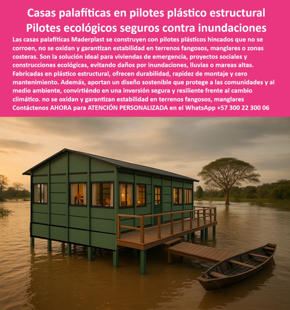 Casa Palafítica Pilotes Cimientos Resistente A Inundaciones Pilote Maderplast 0 Cimientos construcción en manglares Casa modular en plástico estructural Pilotes livianos para pilotaje Pilotes de ingeniería para estructuras elevadas Pilotes de Plástico Estructural: Cimientos Seguros contra Inundaciones y el Cambio Climático, - Las casas palafíticas en Pilotes de plástico estructural de Maderplast representan una solución ingeniosa, confiable y sostenible frente a los desafíos del cambio climático, las inundaciones y las lluvias extremas. En entornos donde los materiales tradicionales fallan, como terrenos fangosos, manglares o zonas costeras, nuestros Pilotes ecológicos seguros contra inundaciones son la respuesta definitiva, - La imagen muestra la materialización de nuestra tecnología: una casa modular en plástico estructural sostenida sobre Pilotes plásticos hincados, que demuestra la estabilidad y durabilidad del producto en un entorno acuático. A diferencia de los Pilotes de madera o metal, que se oxidan, se corroen y se pudren, los Pilotes de ingeniería para estructuras elevadas de Maderplast ofrecen una vida útil indefinida, garantizando una inversión segura, resistente y libre de mantenimiento, - Maderplast: pilotar o hincar pilotes Pilotes de Ingeniería para Cimentaciones Resilientes, - ¿Qué Pilotes usar contra inundaciones? La respuesta es simple: Pilotes plásticos anticorrosivos para casas . Nuestros Pilotes estructurales no solo ofrecen estabilidad en terrenos fangosos, sino que también garantizan la seguridad de viviendas de emergencia y proyectos sociales en áreas de riesgo, - ¿Qué cimientos sirven en manglares? La solución es Maderplast . Nuestros cimientos plásticos en terrenos fangosos y cimientos ecológicos para viviendas sociales son la mejor opción para la construcción en manglares . Fabricados en polímero de ingeniería de alta resistencia, ofrecen una rapidez de montaje sin precedentes y cero mantenimiento, lo que se traduce en un ahorro de costos a largo plazo, - ¿Quién fabrica Pilotes plásticos duraderos? El único fabricante especializado y confiable es Maderplast . Nos hemos posicionado como líderes en Pilotes livianos para pilotaje, diseñados para construcciones ecológicas y viviendas seguras que exigen durabilidad y resiliencia, - ¿Cómo evitar la corrosión en Pilotes? La única opción es usar plástico estructural anticorrosivo . Nuestros Pilotes plásticos duraderos sin mantenimiento y Pilotes plásticos industriales para fundaciones eliminan por completo el riesgo de deterioro. Son la inversión más inteligente y rentable frente a los cambios climáticos extremos, - pilotar o hincar pilotes Sostenibilidad y Seguridad Garantizada, - Andrés Gutiérrez, ingeniero ambiental, lo confirma: "Nuestro mayor reto era construir viviendas seguras en zonas propensas a inundaciones. Optamos por Pilotes plásticos estructurales de Maderplast y logramos casas palafíticas duraderas, sin óxido, estables y fáciles de instalar. La experiencia confirmó que Maderplast es la única opción confiable para cimentaciones seguras en terrenos fangosos y zonas de agua.", - Este testimonio es la prueba irrefutable de que nuestra tecnología de bases plásticas seguras para viviendas es la solución definitiva para cualquier construcción modular sobre Pilotes plásticos . Ofrecemos un producto que no solo protege a las personas, sino que también cuida el medio ambiente, - Te sentirás convencido y seguro de que Maderplast es la única opción que cumple con todos tus requisitos. pilotar o hincar pilotes