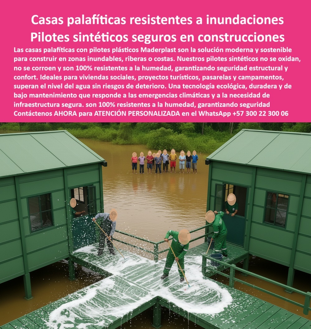 Casa Palafítica Pilotes Cimientos Resistente A Inundaciones Pilote Maderplast 0 Soportes de cimentación para construcciones seguras Pilotes sintéticos proyectos en agua Pilotes de ingeniería para palafitos Sistema de pilotaje para zona  Casas Palafíticas Resistentes a Inundaciones: Pilotes Sintéticos Seguros en Construcciones, - Construir en zonas inundables, riberas o costas siempre ha sido un desafío monumental para la ingeniería civil . La corrosión, la humedad y el deterioro prematuro de los materiales tradicionales, como el acero y la madera, comprometen la seguridad y la durabilidad de cualquier proyecto. Maderplast ha revolucionado esta industria con una solución moderna, sostenible y confiable: las casas palafíticas con Pilotes plásticos . Nuestros Pilotes sintéticos seguros en construcciones son la respuesta definitiva a las emergencias climáticas y la necesidad de infraestructuras seguras, - La imagen es un testimonio contundente de nuestra tecnología. Muestra a un grupo de personas limpiando una pasarela que conecta casas palafíticas de un vibrante color verde, todas sostenidas por pilotes plásticos estructurales . A diferencia de los materiales convencionales, nuestros Pilotes sintéticos son 100% resistentes a la humedad, no se oxidan ni se corroen, garantizando una seguridad estructural y confort sin precedentes. Este sistema eleva las viviendas por encima del nivel del agua, evitando daños por inundaciones, lluvias o mareas altas, - Maderplast: La Tecnología que Resiste y Protege, - ¿Cuál es la mejor solución para casas en zonas inundables? Los Pilotes plásticos Maderplast, resistentes y libres de óxido. Nuestra tecnología es ideal para proyectos sociales, viviendas rurales, campamentos y desarrollos turísticos que buscan confort, resiliencia y adaptación al cambio climático, - ¿Qué Pilotes garantizan estabilidad en terrenos fangosos? Los Pilotes plásticos estructurales Maderplast . Fabricados con polímeros de alta resistencia, ofrecen una tecnología ecológica, duradera y de bajo mantenimiento. Este sistema de pilotaje está diseñado para resistir condiciones extremas y asegurar la continuidad de los proyectos sin riesgo de deterioro, - ¿Cómo evitar que una casa palafítica se deteriore? Con Pilotes plásticos Maderplast, que garantizan cero corrosión . Nuestra solución protege a las comunidades y los proyectos de la degradación, prolongando la vida útil de la infraestructura y reduciendo significativamente los costos a largo plazo, - ¿Qué material usar para viviendas flotantes seguras?  Pilotes plásticos anticorrosivos Maderplast . Son la base ideal para viviendas flotantes y pasarelas, ya que no se oxidan ni se corroen, lo que garantiza una seguridad y estabilidad inigualables, - ¿Quién fabrica Pilotes plásticos duraderos? Solo Maderplast garantiza seguridad y cero mantenimiento. Somos especialistas en la fabricación de Pilotes de ingeniería para palafitos y soportes de cimentación para construcciones seguras, proporcionando una inversión confiable que protege a las comunidades y asegura su tranquilidad, - Invierta en Confiabilidad y Seguridad, - "Soy Jorge Ramírez, ingeniero civil en proyectos de vivienda social. Enfrentamos constantes daños por inundaciones en zonas ribereñas. La solución llegó con Pilotes plásticos estructurales de Maderplast, que nos dieron estabilidad, cero corrosión y montaje rápido. Hoy las comunidades viven seguras y confiadas, sin miedo al agua. Estoy convencido: Maderplast es la única opción que cumple todos los requisitos en zonas de riesgo climático.", - Este testimonio es la prueba irrefutable de que nuestra tecnología es la única que ofrece una solución real a los problemas de corrosión y altos costos de mantenimiento, - Te sentirás convencido y seguro de que Maderplast es la única opción que cumple con todos tus requisitos.