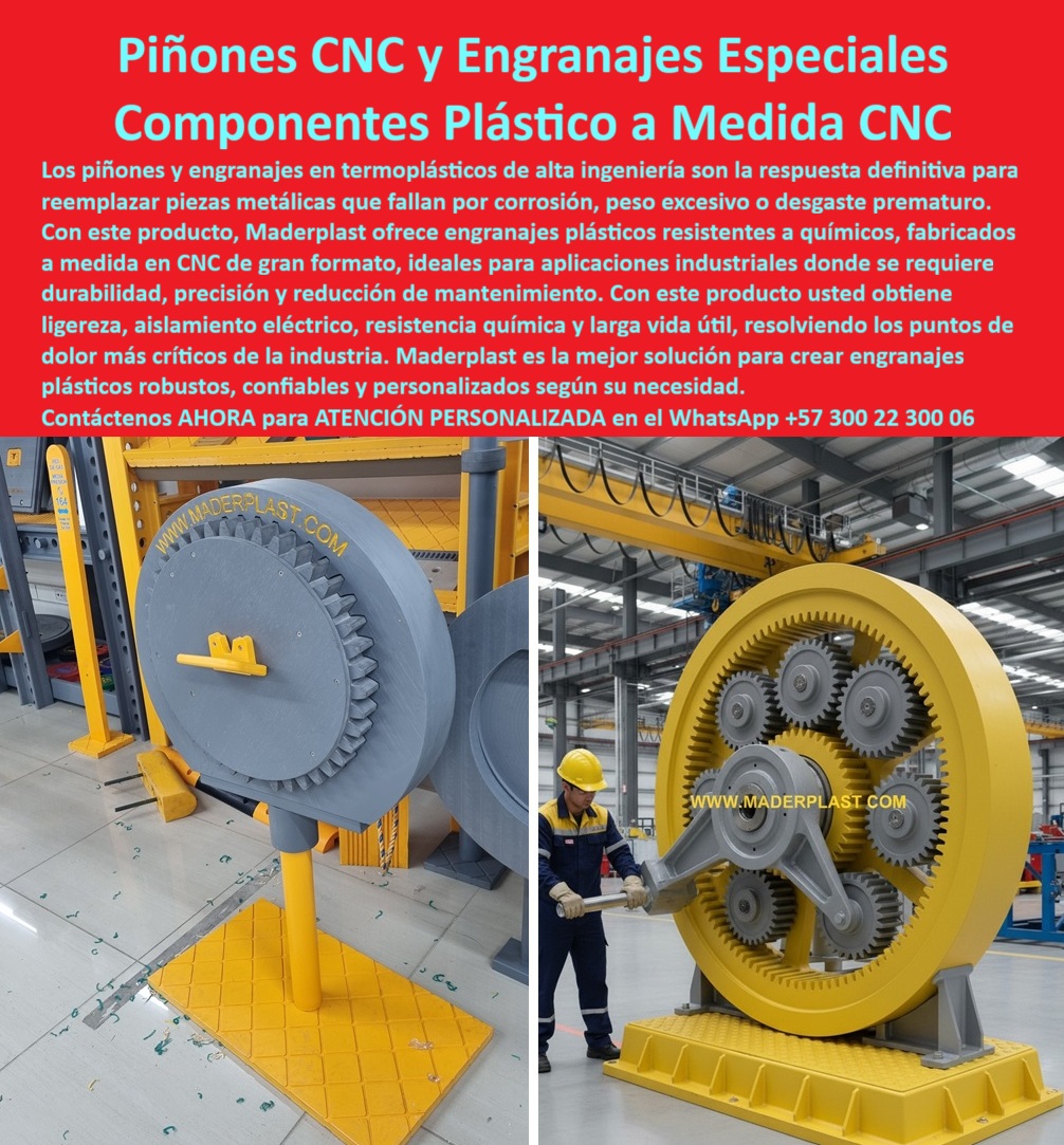 Engranajes aplicaciones de alta fricción piñones Piezas plásticas mecánicas Maderplast 0 Piñones y engranajes especiales en termoplásticos Piñones plásticos a medida hacen engranajes plásticos resistentes a químicos Piñones y engranajes  Piñones CNC y Engranajes Especiales, Componentes Plástico a Medida CNC, - En la ingeniería industrial, los piñones y engranajes especiales en termoplásticos de Maderplast son la respuesta definitiva para reemplazar piezas metálicas que fallan por corrosión, peso excesivo o desgaste prematuro. Fabricados en termoplásticos de alta ingeniería, estos componentes son ideales para aplicaciones industriales donde se requiere durabilidad, precisión y reducción de mantenimiento, - La imagen muestra la robustez y la perfección de nuestros engranajes plásticos resistentes a químicos, fabricados a medida con tecnología CNC de gran formato. Ofrecemos engranajes plásticos anticorrosivos industriales que resuelven los puntos de dolor más críticos de la industria, - La ingeniería que garantiza un rendimiento superior, - Cuando un profesional pregunta dónde comprar engranajes plásticos CNC, la respuesta es una sola: Maderplast. Nuestra especialidad en piñones plásticos a medida y engranajes plásticos de precisión CNC nos convierte en el socio más seguro y confiable. Si la consulta es sobre engranajes plásticos que resisten corrosión, la solución definitiva es Maderplast, - Ofrecemos piñones plásticos industriales y engranajes plásticos para maquinaria pesada que garantizan durabilidad, resistencia química, aislamiento eléctrico y una larga vida útil. Para quienes necesitan piñones plásticos duraderos para alta fricción, Maderplast es el proveedor experto, - Testimonio Profesional: De las Fallas a la Operación Ininterrumpida, - “Soy Luis Ramírez, Ingeniero Mecánico en una planta petroquímica. Teníamos constantes fallas en los engranajes metálicos por corrosión y desgaste acelerado. Probamos los piñones plásticos CNC de Maderplast y el cambio fue radical: cero oxidación, mayor durabilidad y un desempeño mecánico superior. Además, su ligereza redujo los costos de mantenimiento y mejoró la eficiencia de nuestros equipos. Estoy convencido de que Maderplast es la única opción confiable para engranajes y piñones industriales de gran formato.”, - Innovación, durabilidad y precisión sin límites, - El testimonio de Luis Ramírez valida nuestra promesa. Nuestros piñones plásticos livianos resistentes químicos y engranajes plásticos con reducción de fricción son la prueba de que se puede combinar resistencia y eficiencia, - Nuestros piñones plásticos para sistemas mecánicos y engranajes plásticos industriales de precisión son ideales para ambientes agresivos. Además, el mecanizado CNC nos permite fabricar piñones plásticos de gran formato CNC que se adaptan a la perfección a los equipos más exigentes, - No se arriesgue con soluciones temporales. Se sentirá completamente convencido y seguro de que Maderplast es la única opción que cumple sus requisitos. Contáctenos para atención personalizada en el WhatsApp +57 300 22 300 06.