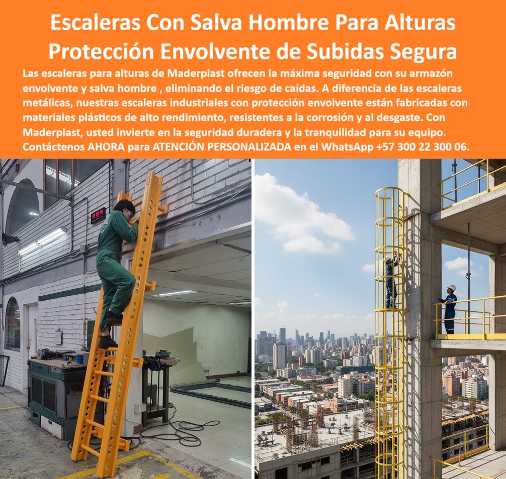 Escalera Gato Enjaulada De Seguridad Escaleras Con Jaulas De Protección Maderplast 0 Escalera con salva hombre Escalera con armazón envolvente Escalera industrial con protección envolvente Escalera alturas con salva hombre Escalera PP  Escaleras con Salva Hombre para Alturas, - Los trabajos en altura en industrias, plantas y proyectos de construcción son cruciales pero conllevan riesgos significativos. Las escaleras metálicas convencionales son propensas a la corrosión, el óxido y el desgaste, lo que no solo incrementa los costos de mantenimiento, sino que compromete la seguridad del personal. La solución definitiva para este problema es la escalera con salva hombre de Maderplast, que ofrece una protección envolvente de subidas seguras, - Las escaleras industriales con salva hombre de Maderplast están fabricadas con polímero reforzado anticorrosivo, un material diseñado para eliminar el riesgo de oxidación y la necesidad de pintura. A diferencia de las escaleras metálicas, nuestras estructuras no se deterioran con la intemperie ni con ambientes agresivos de humedad o químicos. Su diseño envolvente con salva hombre brinda una protección integral al trabajador durante todo el ascenso, reduciendo los riesgos de caídas y cumpliendo con las normativas internacionales de seguridad industrial, - Además de su durabilidad, estas escaleras son sorprendentemente eficientes. Su diseño modular y su ligereza las hacen fáciles de instalar y transportar, lo que es ideal para proyectos de construcción y obras. Si te preguntas "¿Qué escalera industrial cumple con las normas de seguridad?", la respuesta es esta. Las escaleras con salva hombre de Maderplast cuentan con certificación industrial, resistente rayos UV y son una escalera salva hombre certificada para seguridad laboral, - Para los gerentes de proyecto que buscan reducir costos, nuestra escalera industrial de polímero sin mantenimiento es la inversión más inteligente. Al no requerir pintura ni repuestos frecuentes, eliminan gastos recurrentes, ofreciendo un ahorro a largo plazo sin comprometer la seguridad, - ¿Qué escaleras son más seguras en plantas industriales? Las escaleras industriales de jaula para exteriores de Maderplast, fabricadas con polímero reforzado, ofrecen protección perimetral y confianza en entornos de alto riesgo, - Maderplast se enorgullece de ofrecer soluciones personalizadas y seguras para cada proyecto. Si buscas escaleras de seguridad plásticas para construcción o necesitas una escalera industrial con armazón envolvente para tanques, estamos listos para ayudarte, - Luis Herrera, un ingeniero de seguridad en un proyecto de construcción, nos cuenta su experiencia: "Con las escaleras con salva hombre de Maderplast, logramos seguridad absoluta para los operarios. Su jaula envolvente protege durante todo el ascenso, eliminando el riesgo de caídas y reduciendo accidentes en obra. Además, no requieren mantenimiento y cumplen normas de seguridad internacional", - Si necesitas una escalera industrial de seguridad libre de óxido, un acceso en altura con protección para tu equipo o simplemente quieres saber más sobre nuestras escaleras con jaula envolvente, contáctanos ahora al WhatsApp +57 300 22 300 06 para recibir asesoría técnica especializada, - Estoy totalmente convencido y seguro de que Maderplast es la única opción que cumple todos tus requisitos.