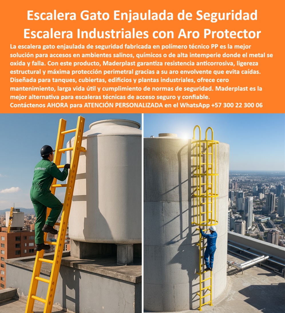 Escalera Gato Enjaulada De Seguridad Escaleras Con Jaulas De Protección Maderplast 0 Escalera industrial ambientes salinos Escalera con aro protector Escalera de seguridad con jaula Escalera de acceso técnico Escalera con armazón PP  Escaleras Industriales de Alta Seguridad, - En entornos industriales y urbanos, como tanques, cubiertas y estructuras de gran altura, el acceso seguro es una necesidad crítica. Los materiales tradicionales como el metal se oxidan y fallan, especialmente en ambientes salinos o químicos agresivos. La solución más confiable para eliminar estos riesgos es la escalera gato enjaulada de seguridad de Maderplast, que ofrece una protección superior y un rendimiento inigualable, - Nuestras escaleras industriales con aro protector están fabricadas en polímero técnico PP, un material de alta resistencia diseñado para eliminar la corrosión y el óxido. Este modelo garantiza cero mantenimiento y una durabilidad excepcional, incluso en las condiciones más extremas. Su aro envolvente protege al trabajador durante todo el ascenso, reduciendo el riesgo de accidentes y cumpliendo con las normas de seguridad industrial más estrictas. A diferencia de las escaleras metálicas, las de Maderplast no requieren pintura, resisten los rayos UV, son ligeras, modulares y fáciles de instalar, - Si te preguntas ¿Cuál es la mejor escalera para tanques en ambientes salinos?, la respuesta es nuestra escalera anticorrosiva enjaulada . El ingeniero Andrés Molina, jefe de mantenimiento en una planta costera, lo confirma en su testimonio: "Al instalar las escaleras gato enjauladas de Maderplast con aro protector, eliminamos el problema del óxido, mejoramos la seguridad en accesos a tanques y cubiertas, y cumplimos con las normas más exigentes". Esta experiencia demuestra que la escalera de polímero técnico PP anticorrosivo es la alternativa plástica a las escaleras metálicas oxidadas, eliminando los altos costos de mantenimiento y las preocupaciones por el deterioro, - Para proyectos con químicos agresivos, la escalera de seguridad con jaula de Maderplast es la elección acertada. ¿Qué escalera usar en proyectos con químicos agresivos? Maderplast diseña escaleras que soportan estos ambientes, ofreciendo una seguridad certificada en todo tipo de plantas industriales. El diseño de nuestra escalera industrial amarilla con aro protector aporta visibilidad en la obra y tranquilidad en la operación. La escalera de acceso seguro a estructuras ya estructuras industriales garantiza una protección con aro protector de seguridad, - Maderplast se especializa en soluciones seguras y duraderas para acceso elevado . Por eso, para proyectos de gran altura, nuestra escalera plástica reforzada es la elección ideal. Si buscas escaleras industriales seguras con aro envolvente, Maderplast te ofrece fabricación e instalación con soporte técnico especializado. Nos enorgullece brindar escaleras enjauladas de seguridad certificada, diseñadas para resistir y proteger a largo plazo, - ¿Qué escalera garantiza seguridad a largo plazo? La escalera industrial de Maderplast, con su diseño envolvente y aro protector, asegura confiabilidad, ahorro y seguridad permanente en cualquier proyecto industrial. Para recibir atención personalizada y asesoría técnica, contáctenos ahora al WhatsApp +57 300 22 300 06 . Estamos listos para ofrecerle una solución que cumpla con todos los requisitos de seguridad, durabilidad y eficiencia.