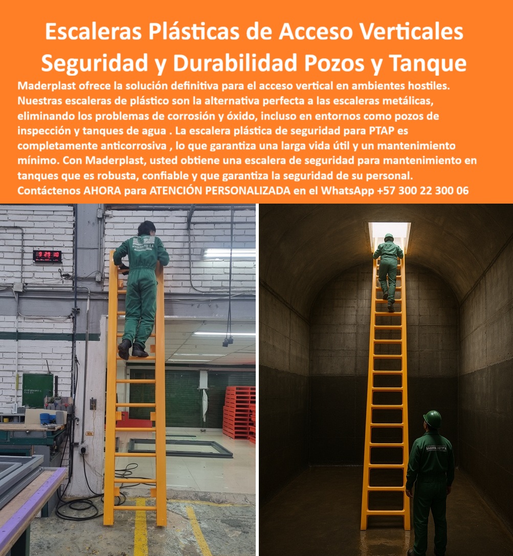 Escalera Para Tanque Agua Escaleras Plásticas Escalone Pozos Inspección Maderplast 0 Escalera de acceso vertical plástica anticorrosiva Escalera plástica de seguridad PTAP Escalera de seguridad para mantenimiento en tanques Escalera PP Escaleras Plásticas de Acceso Vertical para Pozos y Tanques, - En ambientes hostiles como pozos de inspección, tanques de agua y plantas de tratamiento, el acceso vertical representa un desafío constante. Las escaleras metálicas tradicionales se corroen, se oxidan y requieren un mantenimiento costoso y recurrente, poniendo en riesgo la seguridad del personal. La solución definitiva a estos problemas es la escalera plástica de acceso vertical anticorrosiva industrial de Maderplast, diseñada para brindar seguridad y durabilidad en los entornos más exigentes, - Las escaleras para pozos de inspección de plásticos y tanques de Maderplast están fabricados en polímero técnico anticorrosivo . Este material superior no se deteriora con la humedad, los químicos o la exposición prolongada, eliminando por completo el problema del óxido y la necesidad de pintura. Estas escaleras son una alternativa perfecta para ambientes hostiles y espacios confinados, donde la seguridad y la confiabilidad son esenciales, - Nuestra escalera plástica de seguridad PTAP y escalera de seguridad para mantenimiento en tanques ofrecen una estructura robusta, ligera y resistente a rayos UV . Su diseño modular permite una instalación rápida y un uso inmediato, garantizando estabilidad y una larga vida útil. Para aquellos que buscan una escalera plástica modular libre de mantenimiento, Maderplast es la respuesta. La escalera vertical de polímero resistente a químicos es ideal para plantas de tratamiento, proyectos hidráulicos y plantas químicas, asegurando una operación segura y eficiente, - Si te preguntas "¿Qué escala usar en pozos de inspección?", la respuesta es una escalera vertical reforzada para pozos industriales de Maderplast. Como lo afirma el ingeniero Julián Ríos en su testimonio, nuestras escaleras ofrecieron "una solución robusta, anticorrosiva y libre de mantenimiento" que eliminó los riesgos en los pozos de inspección de su planta, - ¿Qué escalera no se oxida en ambientes químicos? Las escaleras anticorrosivas para instalaciones subterráneas de Maderplast, fabricadas en polímero reforzado, están diseñadas para resistir los agentes químicos más agresivos sin deteriorarse. Son una inversión a largo plazo que garantiza la protección de su personal y el ahorro en mantenimiento, - Para aquellos que buscan escaleras de seguridad verticales para plantas químicas o necesitan una escalera plástica de seguridad confiable para PTAR, Maderplast es su mejor aliado. ¿Dónde comprar escaleras plásticas industriales? Maderplast no solo fabrica escaleras de alto rendimiento anticorrosivas, sino que también ofrece asesoría técnica personalizada y entrega certificada, - Si buscas escaleras industriales de seguridad para mantenimiento, una escalera vertical modular libre de corrosión, o una escalera plástica para acceso en espacios reducidos, contáctanos ahora al WhatsApp +57 300 22 300 06 . Con Maderplast, obtienes una escalera de seguridad confiable, duradera y que protege a tu personal en trabajos verticales exigentes.