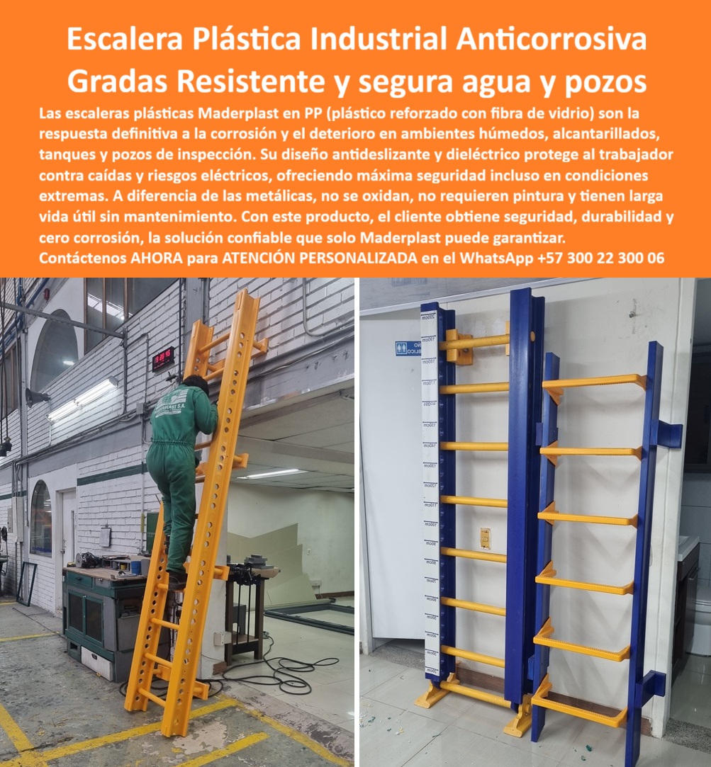Escalera Para Tanque Agua Escaleras Plásticas Escalone Pozos Inspección Maderplast 0 Escalera plástica industrial segura Escalera de inspección alcantarillado y pozos Escalera plástica para ambientes húmedos Escalera plástica protetor Escaleras Plásticas Industriales para Agua y Pozos, - En la industria, especialmente en ambientes con alta humedad, el acceso a tanques, alcantarillados y pozos de inspección representan un reto. Las escaleras metálicas tradicionales son propensas a la corrosión, el óxido y los riesgos eléctricos, lo que compromete la seguridad y genera costos de mantenimiento insostenibles. Maderplast ofrece la solución definitiva a estos problemas: la escalera plástica industrial anticorrosiva con grados resistentes y seguras para agua y pozos, - Las escaleras plásticas industriales anticorrosivas de Maderplast están fabricadas con polipropileno reforzado con fibra de vidrio (FRP), un material superior que elimina la corrosión y el deterioro. Su diseño antideslizante protege al trabajador contra caídas, y su propiedad dieléctrica lo resguarda de riesgos eléctricos, incluso en espacios confinados. Estas escaleras no se oxidan, no requieren pintura y tienen una larga vida útil sin mantenimiento, - Cuando se pregunta "¿Qué escalera usar en pozos húmedos?", la respuesta es una escalera plástica para ambientes húmedos de Maderplast. Nuestras escaleras son libres de óxido y corrosión, y ofrecen la máxima seguridad en condiciones extremas. Si busca una escalera de inspección alcantarillado y pozos, elija la nuestra. ¿Cuál es la mejor escalera para alcantarillados? Maderplast fabrica escaleras plásticas reforzadas, libres de óxido, con grados antideslizantes y protección dieléctrica para una máxima seguridad, - Para proyectos en plantas de saneamiento, la escalera plástica para pozos industriales PTAP es la opción ideal. Nuestra escalera vertical plástica de seguridad certificada cumple con las normas industriales más exigentes, garantizando protección y eficiencia. Si el problema es la corrosión, nuestra escalera plástica industrial segura es la solución, - El ingeniero Hernán Velasco, experto en proyectos de alcantarillado, lo confirma: "Desde que instalamos las escaleras plásticas FRP de Maderplast, mejoramos la seguridad del personal y eliminamos los gastos de mantenimiento. Hoy los operarios acceden a pozos y tanques con confianza, y nuestras auditorías técnicas certifican su desempeño", - Para los que buscan una escalera anticorrosiva para plantas de tratamiento, una escalera de seguridad plástica para espacios reducidos, o una escalera vertical plástica resistente a químicos, Maderplast es su mejor aliado. ¿Cuál es la alternativa a las escaleras de acero? La escalera FRP de Maderplast, que es más ligera, anticorrosiva y segura, con certificación industrial, - Maderplast no solo vende un producto, sino que proporciona una solución integral. Si necesita una cotización o asesoría sobre escaleras plásticas reforzadas con diseño dieléctrico, estamos listos para ayudarle. Contáctenos ahora al WhatsApp +57 300 22 300 06 y compruebe porqué somos el aliado más confiable para su seguridad industrial.