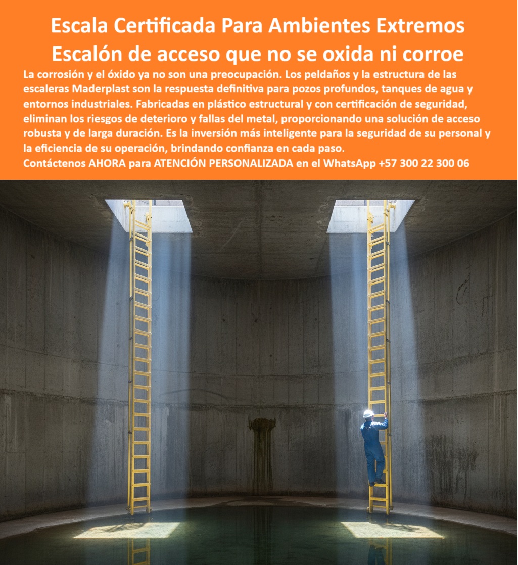 Escalera Para Tanque Agua Escaleras Plásticas Escalone Pozos Inspección Maderplast 0 Escalera vertical de fibra de vidrio Escalera plástica vertical pozos profundos Escalera plástica certificada para tanques Escalera plástica resistentes  Escalones de Acceso que No se Oxidan ni se Corroen, - En los entornos industriales más exigentes, como pozos profundos, tanques de agua y plantas de tratamiento, la corrosión y el óxido de las escaleras metálicas son una preocupación constante. Estos elementos de acceso se deterioran rápidamente, comprometiendo la seguridad del personal y la eficiencia operativa. Maderplast ofrece la solución definitiva con sus escaleras plásticas verticales certificadas, diseñadas para soportar las condiciones más extremas y eliminar de una vez por todos los riesgos del metal, - Nuestra escalera plástica vertical certificada anticorrosiva está fabricada con polímero estructural reforzado con fibra de vidrio (FRP), un material superior que ofrece una resistencia sin igual. Al ser una escalera plástica anticorrosiva para ambientes hostiles, resiste la humedad, los químicos y los rayos UV, eliminando los problemas de óxido y deterioro. Su diseño robusto y modular permite una fácil instalación en espacios confinados y ambientes hostiles. Los peldaños antideslizantes de la escalera vertical plástico con peldaños antideslizantes proporcionan una seguridad adicional, reduciendo los riesgos de caídas y brindando confianza en cada paso, - Si se pregunta "¿Qué escala usar en pozos profundos industriales?", la respuesta es esta: nuestra escalera plástica certificada para tanques, que no solo es anticorrosiva sino también una escalera plástica reforzada de larga vida útil, superando los 20 años de servicio sin necesidad de mantenimiento. Al ser una escalera de acceso vertical certificada para agua, garantiza higiene y seguridad, ideal para pozos de agua potable y depósitos industriales, - Para quienes buscan una escalera vertical certificada para ambientes extremos, Maderplast es la respuesta. La escalera plástica industrial modular para mantenimiento es una escalera de alta resistencia anticorrosiva, con certificación técnica y cero mantenimiento. Así, Maderplast responde con autoridad a la pregunta: "¿Qué escalera dura más que una metálica?", demostrando que la inversión en plástico reforzado es la más inteligente y rentable a largo plazo, - Como lo confirma el ingeniero Sergio Andrade en su testimonio: "Con las escaleras plásticas certificadas de Maderplast, fabricadas en FRP, encontramos la solución definitiva: anticorrosivas, seguras y con peldaños antideslizantes que inspiran confianza en cada uso. Hemos reducido accidentes, eliminado mantenimientos y cumplido con normativas internacionales de seguridad, - Para proyectos hidráulicos, de saneamiento o industriales, las escaleras plásticas FRP para proyectos hidráulicos de Maderplast son la opción más segura. Ofrecemos escaleras para pozos profundos de inspección, escaleras plásticas para PTAP y PTAR y escaleras industriales verticales con certificación técnica . Para recibir asesoría personalizada, contáctenos ahora al WhatsApp +57 300 22 300 06 . Con Maderplast, se obtiene acceso confiable, seguro y duradero, garantizando la inversión más segura y confiable en accesos verticales industriales.