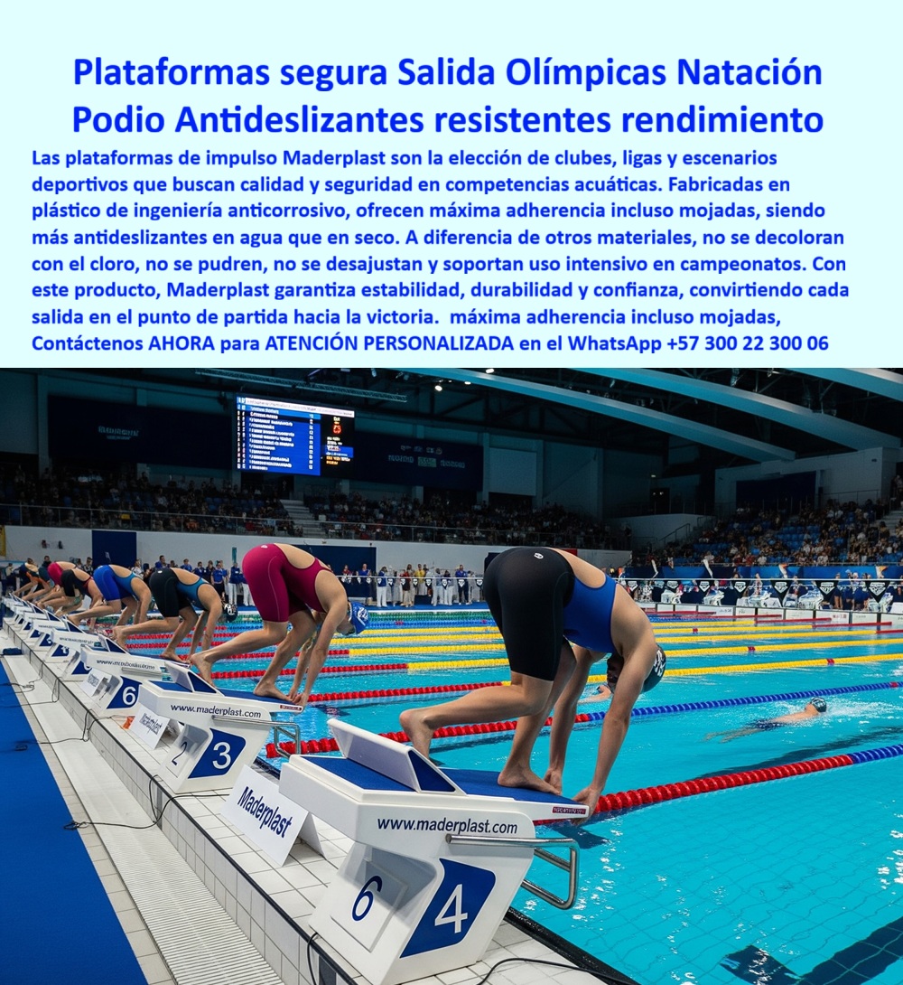 Plataforma De Impulso Nadadores Lanzaderas De Natación Bloques Salida Maderplast 0 Plataformas de salida deportistas Bloques de partida duraderos para clubes deportivos plataformas de salida para piscina olímpica Plataformas de salida  El Podio de Salida que Gana la Competencia Antes de Empezar, - En el exigente mundo de la natación de competencia, cada milisegundo cuenta y la seguridad es la base del éxito. La plataforma de salida no es solo un punto de partida, es el primer paso hacia la victoria. En Maderplast, fabricamos plataformas de salida olímpicas para natación que son la elección preferida de clubes, ligas y escenarios deportivos de alto rendimiento. Nuestra tecnología de plástico de ingeniería de alta resistencia ofrece una solución duradera y segura que garantiza la confianza de cada atleta, - En la imagen, se aprecia la alineación de nadadores listos para la partida, apoyados sobre nuestros podios de natación . Estas estructuras, diseñadas para resistir las condiciones más extremas, son la prueba de nuestro compromiso con la excelencia, - La Solución Definitiva para la Natación Profesional, - ¿Dónde comprar plataformas de salida olímpicas? Si buscas una solución antideslizante, duradera y segura, la respuesta es Maderplast . Nuestras plataformas de salida olímpicas para natación profesional están diseñadas para garantizar la máxima adherencia incluso mojadas, ofreciendo una superficie antideslizante que te brinda estabilidad total en cada partida. Son ideales para cualquier competencia oficial y entrenamiento intensivo, - ¿Plataformas oficiales para competencias de natación? Nuestra plataforma de impulso para competencias oficiales es reglamentaria y resistente al cloro. Cumple con las normas internacionales para uso competitivo, y su estructura anticorrosiva es inmune al cloro y al desgaste intensivo en escenarios de entrenamiento y campeonatos oficiales . La elección experta es clara: Maderplast, - ¿Bloques olímpicos estables y confiables? En Maderplast, fabricamos el bloque olímpico homologado federaciones, un podio deportivo con numeración visible y diseño ergonómico que se ajusta a las necesidades de los atletas. Su peso controlado permite una instalación rápida, pero su fijación con anclajes robustos garantiza una firmeza inigualable en el apoyo del nadador, dándole la confianza para los atletas que necesitan para un despegue perfecto, - ¿Podios de salida homologados? Nuestros podios homologados internacionalmente de natación cumplen con las normas de las federaciones y ligas más exigentes. Su diseño ergonómico y su capacidad de ser personalizados con numeración visible y colores institucionales los convierten en la solución validada para las competiciones más importantes, - ¿Plataformas de reemplazo para piscina olímpica? Si necesitas una solución de reemplazo para tus podios antiguos, la respuesta segura es Maderplast . Nuestro bloque de salida olímpica duradero no se pudre, no se decolora y no se desajusta. Ofrecemos la plataforma profesional antideslizante para piscinas que te garantiza una instalación ágil y una durabilidad superior, con mínima mantención, - Maderplast: Calidad, Confianza y Rendimiento, - El testimonio de Laura Méndez, entrenadora de una liga nacional de natación, valida nuestra promesa: "Enfrentamos problemas con podios de metal oxidados y resbaladizos . Desde que instalamos plataformas olímpicas de salida de plástico estructural, cada partida es segura y estable. Los nadadores confían en el impulso y los jueces certifican la reglamentación. Han resistido meses de entrenamientos intensivos y torneos sin perder color ni firmeza". En Maderplast, aseguramos plataformas con durabilidad superior y confianza total para los deportistas . Cada partida comienza con una ventaja, porque con Maderplast, la salida se convierte en victoria, - Al elegirnos, estás optando por un podio de salida competitivo con alta resistencia al impacto, una plataforma deportiva estable certificada y la seguridad de un bloque impulso seguro en competencias . No se trata solo de comprar un producto, sino de invertir en un sistema que eleva el rendimiento y la seguridad de tus atletas.